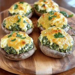 - 12 large cremini or button mushrooms, stems removed - 2 cups fresh spinach, chopped - 1/2 cup cream cheese, softened - 1/2 cup grated mozzarella cheese - 1/4 cup grated Parmesan cheese - 2 cloves garlic, minced - 1 tablespoon olive oil - 1/2 teaspoon red pepper flakes (optional) - Salt and pepper to taste - Fresh parsley for garnish Cheesy spinach stuffed mushrooms are easy to make and very tasty. You need fresh ingredients to get the best flavor. Fresh spinach adds a nice green color and a hint of earthiness. Cream cheese gives a rich and smooth texture. Mozzarella and Parmesan cheeses add that gooey, melty goodness we all love. For mushrooms, I like using cremini or button varieties. They are meaty and hold the filling well. Make sure to remove the stems; this creates a nice cup for holding the delicious blend. You can add red pepper flakes for a bit of heat. Keep salt and pepper close by; they help bring out all the flavors. Fresh parsley at the end adds a pop of color and freshness. With these simple ingredients, you can create a dish that impresses everyone. Check out the Full Recipe for more details! 1. Preheat the oven and sauté garlic Start by preheating your oven to 375°F (190°C). This ensures even cooking. In a skillet, heat one tablespoon of olive oil over medium heat. Add two cloves of minced garlic. Sauté for about one minute until you smell that rich garlic aroma. 2. Cook spinach and combine with cheese mixture Next, add two cups of chopped fresh spinach to the skillet. Cook it for 3 to 4 minutes until it wilts down. Season with salt and pepper, plus red pepper flakes if you like a little heat. Once done, remove the skillet from heat and let it cool slightly. In a mixing bowl, blend together 1/2 cup of cream cheese, 1/2 cup of grated mozzarella cheese, and 1/4 cup of grated Parmesan cheese. Fold in the sautéed spinach mixture until everything is mixed well. 3. Stuff the mushrooms Grab 12 large cremini or button mushrooms. Remove their stems and stuff each mushroom cap generously with the cheesy spinach mix. Use a spoon or your fingers for this. Place the stuffed mushrooms on a baking sheet lined with parchment paper. - Baking time and temperature guidelines Bake the mushrooms in your preheated oven for 15 to 20 minutes. You want them tender, with the cheese bubbly and golden. - How to check for doneness To check if they are done, look for signs of bubbling cheese and a slightly soft mushroom cap. If they look golden, they are ready to come out. These cheesy spinach stuffed mushrooms are simple and delicious. You can find the full recipe to guide you through each step perfectly. To achieve cheesy perfection in your stuffed mushrooms, use fresh ingredients. Fresh spinach brings a bright flavor. Cream cheese gives a creamy texture. Mozzarella melts beautifully, while Parmesan adds a nice bite. For mushroom selection, pick large cremini or button mushrooms. They hold the filling well. Look for mushrooms that are firm and dry. Avoid any that feel slimy or look dark. Clean them gently with a damp cloth. When preparing the mushrooms, remove the stems carefully. This creates space for the filling. Make sure to keep the caps whole to hold the filling. To elevate presentation, arrange the stuffed mushrooms on a nice platter. Drizzle a little olive oil on top for shine. A sprinkle of extra Parmesan adds a gourmet touch. For alternative garnishing options, consider using fresh herbs. Chopped parsley or basil brightens up the dish. You can also use a red pepper flake sprinkle for a pop of color and heat. For the full recipe, check out the complete guide. {{image_2}} You can make stuffed mushrooms fit many diets. For a vegan option, swap cream cheese for cashew cream or tofu. Use nutritional yeast for a cheesy flavor. To make them gluten-free, just check your cheese labels. You can also try stuffing mushrooms with meats like sausage or ground turkey. Or use other veggies like bell peppers or zucchini. The key is to keep the flavor strong and satisfying. Adding herbs and spices can really boost the taste. Fresh herbs like basil or thyme add brightness. You can also use dried herbs like oregano for depth. If you want a kick, add some cayenne or smoked paprika. For cheese, mix it up! Try feta or goat cheese for a tangy twist. You can even blend different cheeses to create new flavors. Each change can make your cheesy spinach stuffed mushrooms unique and delicious! To store your cheesy spinach stuffed mushrooms, first let them cool completely. Then, place them in an airtight container. You can keep them in the fridge for up to three days. This helps keep them fresh and tasty. If you need to store them longer, you can freeze them. They will last up to three months in the freezer. Just remember to wrap them well to avoid freezer burn. To reheat your stuffed mushrooms, the oven works best. Preheat the oven to 350°F (175°C). Place the mushrooms on a baking sheet. Bake them for about 10-15 minutes. This method keeps the mushrooms nice and warm while preserving their flavor and texture. You can also use a microwave for quick reheating. Just heat them for about 30 seconds, but be careful not to overdo it. Enjoy your cheesy spinach stuffed mushrooms just like fresh! For the full recipe, check out the detailed instructions. Can I prepare stuffed mushrooms in advance? Yes, you can prepare stuffed mushrooms ahead of time. Stuff the mushrooms and place them on a baking sheet. Cover them tightly with plastic wrap and refrigerate for up to 24 hours. When you’re ready to cook, bake them straight from the fridge. Just add a few extra minutes to the baking time. What can I serve with cheesy spinach stuffed mushrooms? These stuffed mushrooms pair well with many dishes. You can serve them as a starter or side. Try pairing them with a fresh salad or a light pasta dish. They also go well with grilled meats or fish. Are there any alternatives to cream cheese? Yes, there are great alternatives if you want a dairy-free option. You can use vegan cream cheese or cashew cream. Both options provide a creamy texture similar to cream cheese. Silken tofu blended with herbs also works well. What to do if the filling leaks? If the filling leaks while baking, don’t worry. It happens sometimes. Just use a spoon to scoop up the filling and place it back in the mushrooms. You can also try adding a little more cheese to the filling. This can help it hold together better. How to prevent mushrooms from becoming soggy? To keep mushrooms firm, make sure to dry them well before stuffing. Avoid soaking them in water. You can also bake them at a higher temperature for a shorter time. This helps them retain their texture and flavor. You learned how to make cheesy spinach stuffed mushrooms with simple steps. We covered ingredients like fresh spinach, cream cheese, and mushrooms. You now know how to prepare, cook, and store these tasty bites. Remember to try different flavors and garnishes to make them your own. With tips for variations and troubleshooting, you can enjoy perfect stuffed mushrooms. Use this guide to impress your family and friends. Explore your creativity in the kitchen, and happy cooking!