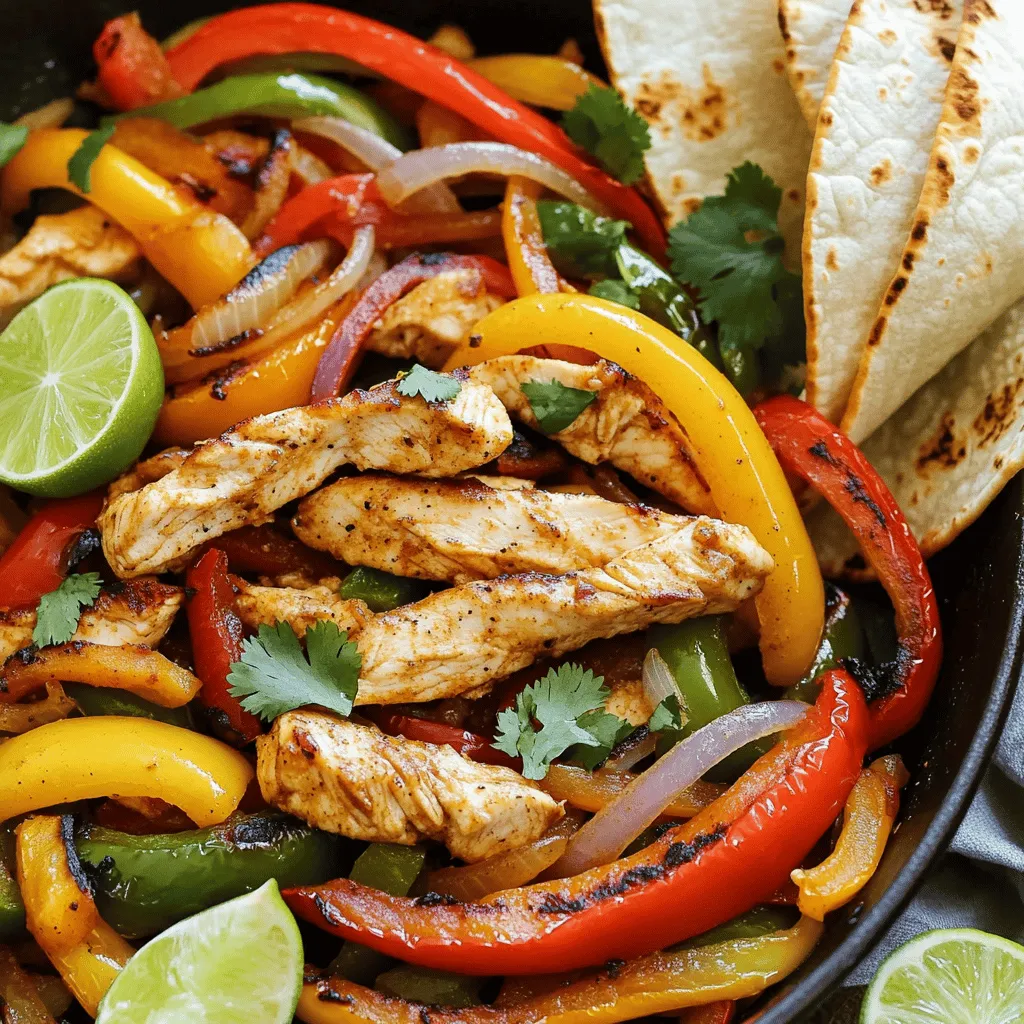 For my One Pan Chicken Fajitas, you will need: - 2 boneless, skinless chicken breasts, sliced into thin strips - 1 red bell pepper, sliced - 1 yellow bell pepper, sliced - 1 green bell pepper, sliced - 1 medium onion, sliced - 3 cloves garlic, minced - 2 tablespoons olive oil - 2 teaspoons chili powder - 1 teaspoon cumin - 1 teaspoon smoked paprika - ½ teaspoon salt - ½ teaspoon black pepper - 1 lime, juiced - Fresh cilantro, for garnish - Tortillas, for serving When selecting fresh vegetables, look for bright colors and firm textures. The peppers should have smooth skin and no soft spots. For onions, choose ones that feel heavy for their size. These small details make a big impact on flavor. For the tortillas, I recommend using soft flour or corn tortillas. They add a nice touch to the fajitas. Warm them up before serving for extra softness. With these ingredients ready, you are set to create a delicious meal. Check out the Full Recipe for more details on cooking! Marinating the chicken Start by slicing the chicken breasts into thin strips. In a medium bowl, mix the chicken with olive oil, chili powder, cumin, smoked paprika, salt, pepper, and lime juice. Make sure every piece is coated well. Let it marinate for about 15 minutes. This step adds great flavor. Sautéing the vegetables While the chicken marinates, slice your bell peppers and onion. Heat a large skillet over medium-high heat. Add a splash of olive oil. Once it's hot, toss in the onion and bell peppers. Sauté for 5-7 minutes. You want them tender and slightly charred. This char gives a nice smoky flavor to your fajitas. Combining chicken and vegetables After the veggies are ready, push them to one side of the skillet. Add the marinated chicken to the center. Cook for about 5-7 minutes. Stir occasionally until the chicken is cooked through. It should no longer be pink inside. This is key for a safe and tasty meal. How to get the perfect char on vegetables To achieve that perfect char, avoid overcrowding the pan. Give each piece room to breathe. This helps them cook evenly. If they sit too close, they will steam instead of char. Cooking time for chicken and ensuring tenderness For tender chicken, cook it just until it's no longer pink. Overcooking makes it dry. Use a meat thermometer if you have one. The chicken should reach 165°F for safety. Adding garlic and adjusting seasoning In the last minute of cooking, add the minced garlic. Stir everything together. This will make your kitchen smell amazing! After mixing, taste the dish. Adjust the seasoning if needed. Sometimes a little more salt or lime can enhance the flavor. Garnishing the dish with cilantro and lime Once off the heat, it’s time to garnish. Sprinkle fresh cilantro on top. Serve with lime wedges on the side. This adds a burst of freshness. You can now enjoy your delicious One Pan Chicken Fajitas with warm tortillas! One-pan cooking is all about ease and speed. Here are a few best practices: - Prep your ingredients first. This saves time during cooking. - Use a large skillet. This helps the chicken and veggies cook evenly. - Don’t overcrowd the pan. This keeps everything from steaming. To save time during meal prep, try these tips: - Marinate chicken overnight. This deepens the flavor and cuts prep time. - Chop veggies in advance. Keep them in the fridge for quick access. - Use pre-sliced or frozen veggies. They can save you a lot of time. To boost flavor, consider adding these spices: - Cayenne pepper for more heat. - Oregano for a fresh, earthy taste. - Lemon zest for a bright kick. For deeper flavor, marinating is key. Here’s how: - Use citrus juice. Lime juice in the marinade adds zest. - Let it sit longer. An hour in the fridge makes a big difference. - Add yogurt or buttermilk. This can make the chicken tender and juicy. For serving, try these methods: - Serve in the skillet. This keeps everything warm and looks great. - Use colorful tortillas. Choose blue or yellow corn for a vibrant touch. - Layer the tortillas. Serve them warm in a basket with a cloth. Seasonal garnishes can enhance visual appeal: - Fresh herbs like cilantro add color and aroma. - Sliced radishes offer a nice crunch and bright color. - Avocado slices add creaminess and a pop of green. For the full recipe, you can refer to the One Pan Chicken Fajitas Fiesta . {{image_2}} You can switch up the protein in One Pan Chicken Fajitas. Shrimp works great. Just cook it for a shorter time. Beef is another tasty choice. Slice it thin and marinate it like chicken. For a meat-free version, use firm tofu or black beans. Both options add protein and flavor. To spice things up, try different flavor profiles. Add lime zest for a zesty kick. You can also use smoked chipotle peppers for heat. For a sweet touch, toss in some pineapple. This gives a sweet and spicy contrast. Experiment with spices like coriander or oregano for more depth. Fajitas are fun to serve in many ways. Try them in a salad for a fresh twist. Use the chicken and veggies over rice for a filling bowl. For sides, serve with fresh guacamole and salsa. These add creaminess and zing. Don’t forget tortilla chips for crunch. For a unique touch, serve with a side of sweet corn salad. You can find the full recipe above for all the details! To keep your One Pan Chicken Fajitas fresh, store them in airtight containers. Place any leftover chicken and veggies in the fridge. They will stay good for about 3 to 4 days. For longer storage, you can freeze them. Just pack the fajitas in freezer-safe bags. They can last for up to 3 months in the freezer. Remember to remove excess air from the bags to prevent freezer burn. When it’s time to enjoy your leftovers, reheating properly is key. You can use a skillet on low heat for the best results. Add a splash of water or broth to keep the chicken moist. Stir often to heat evenly. If you prefer the microwave, place the fajitas in a microwave-safe dish. Cover it with a damp paper towel. Heat in short bursts, stirring in between, until warm. This helps maintain the flavor and texture of your dish. Enjoy your delicious One Pan Chicken Fajitas again! How to make One Pan Chicken Fajitas gluten-free? To make One Pan Chicken Fajitas gluten-free, simply use corn tortillas instead of flour ones. Check the spices to ensure they are gluten-free. Most spices are safe, but some blends may contain gluten. Can I prep the ingredients in advance? Yes, you can prep the ingredients ahead of time. Slice the chicken and vegetables and store them in the fridge. Marinate the chicken the night before for deeper flavor. Just remember to keep everything in airtight containers. What are the best toppings for chicken fajitas? Some great toppings for chicken fajitas include: - Sliced avocado - Shredded cheese - Sour cream - Fresh salsa - Chopped green onions - Lime wedges Feel free to mix and match based on your taste! What to do if the chicken is overcooked? If your chicken is overcooked, try adding a little chicken broth or water to the skillet. This will help moisten the chicken. You can also shred it and mix it into a sauce to keep it juicy. How to fix soggy fajitas? If your fajitas are soggy, check the cooking time. Cook the chicken and veggies until they are just done. You can also add a bit of corn starch to the pan to absorb extra moisture. Serve everything hot to keep it crisp! One Pan Chicken Fajitas are fun, tasty, and easy to make. We covered the best ingredients, from fresh vegetables to tortillas. I shared step-by-step instructions for marinating, cooking, and seasoning chicken and veggies. You learned tips to speed up prep time while enhancing flavor. Also, we explored variations with different proteins and serving ideas. Finally, I provided storage tips to keep leftovers fresh. Enjoy making this dish your own! It's a crowd-pleaser that brings flavor and joy to your table.