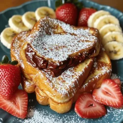 To make Nutella stuffed French toast, you need simple ingredients. Here’s what you will need: - 4 slices of thick bread (preferably brioche or challah) - 1/2 cup Nutella - 2 large eggs - 1/4 cup milk - 1 teaspoon vanilla extract - 1/2 teaspoon ground cinnamon - 2 tablespoons butter for frying - Powdered sugar (for serving) These ingredients combine to create a rich and sweet breakfast delight. You can add a few extra ingredients to make this dish even better. Here are some optional ingredients: - 1 tablespoon sugar (to sweeten the egg mixture) - Fresh strawberries or bananas (for garnish) These small touches add freshness and a burst of flavor. Having the right tools makes cooking easier. For this recipe, gather the following tools: - A shallow bowl (for mixing the egg custard) - A whisk (to mix the ingredients well) - A large skillet (for frying the toast) - A spatula (to flip the French toast) With these tools, you’ll have everything you need to create this tasty Nutella stuffed French toast. For the full recipe, check out the details above. Start by taking two slices of thick bread. I like using brioche or challah for the best taste. Spread a good layer of Nutella on one side of each slice. Now, place the other slices on top. You have made two Nutella sandwiches! In a shallow bowl, whisk together two large eggs. Add in 1/4 cup of milk and 1 teaspoon of vanilla extract. Then, mix in 1/2 teaspoon of ground cinnamon. If you like, you can also add 1 tablespoon of sugar for some sweetness. Blend everything well until it's smooth. Now it’s time to soak your sandwiches in the egg mixture. Dip each Nutella sandwich into the mixture, making sure both sides get coated. Let them sit for a minute so they soak up some custard. Heat a large skillet over medium heat and add 2 tablespoons of butter. Watch it melt and bubble. Carefully place your soaked sandwiches in the skillet. Cook for about 3-4 minutes on each side. You want them golden brown and crispy. Keep an eye on the heat to avoid burning! Once done, take them out and let them cool a bit. Dust with powdered sugar and enjoy with fresh strawberries or bananas. For the full recipe, check out the earlier section! For the best Nutella stuffed French toast, choose thick bread. I love brioche and challah. They soak up the egg mix well. Their soft texture makes each bite a treat. You can also try sourdough for a nice twist. Just make sure the bread is fresh for the best taste. A perfect texture comes from the right soak time. Dip each Nutella sandwich into the egg mix. Let it soak for about a minute on each side. This helps the bread absorb flavor. Don't rush this step! Cook on medium heat to avoid burning. You want it golden brown, not dark. You can cook your French toast in a skillet or on a griddle. Both work well! If you want a healthier option, try baking. Preheat your oven to 375°F. Place the soaked sandwiches on a baking sheet. Bake for about 15 minutes, flipping halfway. This method gives you a soft inside and a slightly crisp outside. For more fun, try using a waffle iron! Just make sure to grease it well before cooking. {{image_2}} You can add fresh berries to your French toast. Strawberries, blueberries, or raspberries are great choices. Simply add a layer of berries inside the Nutella sandwich before cooking. The berries will burst with juice and add a fresh taste. This makes each bite even more delicious. You can also serve extra berries on the side. They add color and a fruity twist. For a nutty twist, mix Nutella with peanut butter. Spread a layer of peanut butter on one slice of bread before adding Nutella. This combo gives you the best of both worlds. The rich chocolate hazelnut flavor meets the salty, creamy peanut butter. It’s a real treat! You can also add sliced bananas for more flavor and nutrition. If you want a savory version, try adding cheese and spinach. Use a mild cheese like mozzarella or cream cheese. Spread it inside the bread with Nutella. Add some cooked spinach for a healthy boost. This mix sounds strange but works perfectly. The sweet Nutella and savory cheese create a fun taste experience. It’s a great choice for brunch or a unique breakfast. To explore more ideas, check the Full Recipe for Nutella Stuffed French Toast. To store leftover Nutella stuffed French toast, let it cool first. Place the slices in an airtight container. Keep it in the fridge for up to three days. If you want to keep it longer, consider freezing it instead. To reheat your Nutella stuffed French toast, you have a few options. You can use a skillet on low heat. This method warms the toast evenly without drying it out. Alternatively, use a toaster oven to achieve a crispy outside. Just remember to keep an eye on it while reheating. Freezing Nutella stuffed French toast is easy and great for meal prep. Wrap each slice in plastic wrap or foil. Place them in a freezer-safe bag or container. Label the bag with the date. You can freeze them for up to one month. When you're ready to enjoy, thaw them overnight in the fridge before reheating. Yes, you can prep the Nutella sandwiches ahead of time. Make the sandwiches and place them in the fridge. Just soak them in the egg mixture right before cooking. This way, they stay fresh and tasty. You can save time in the morning by doing this. If you want to switch it up, use almond butter or peanut butter. You can also try cookie butter for a sweet twist. These spreads work well with the egg custard mix. Just remember to adjust the flavors to fit your choice. Each option gives a new taste to the French toast. To make Nutella Stuffed French Toast healthier, use whole grain bread. This adds more fiber and nutrients. You can also reduce the sugar or skip it altogether. Try using low-fat milk or a plant-based milk for a lighter option. Adding fresh fruit on top boosts flavor and nutrition, too. Nutella stuffed French toast is a fun and tasty dish. We covered the key ingredients and tools you need. You learned step-by-step how to make this yummy treat. I shared tips to get the best bread and texture. We also explored fun variations, storage options, and answered common questions. Now, it’s your turn to try this recipe and enjoy every bite. Cooking should be fun and easy. With these tips, you’ll impress family and friends with your skills!