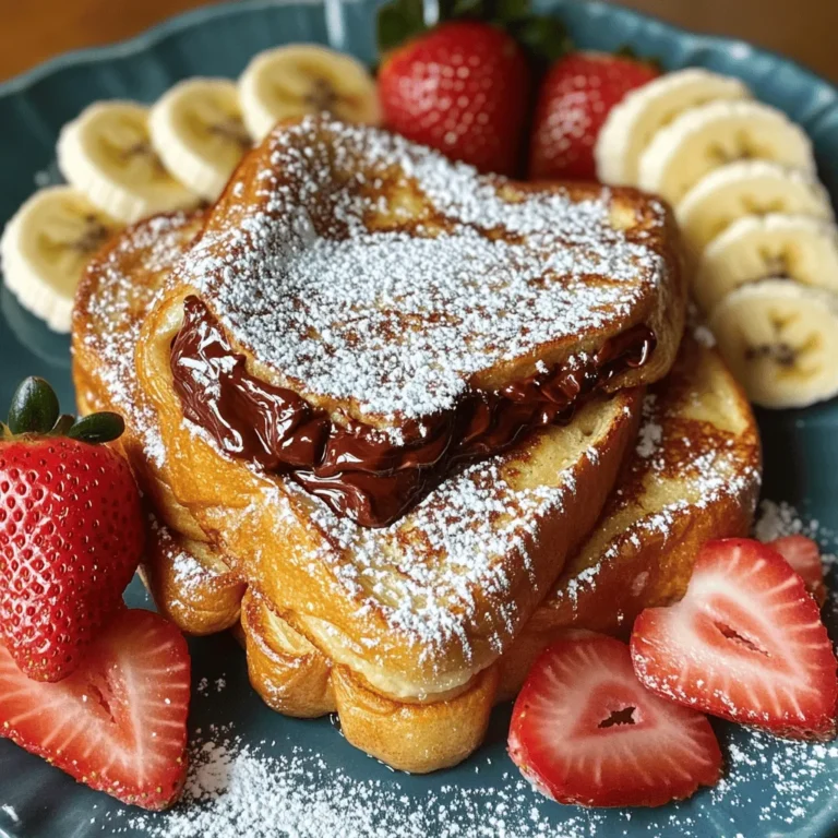 To make Nutella stuffed French toast, you need simple ingredients. Here’s what you will need: - 4 slices of thick bread (preferably brioche or challah) - 1/2 cup Nutella - 2 large eggs - 1/4 cup milk - 1 teaspoon vanilla extract - 1/2 teaspoon ground cinnamon - 2 tablespoons butter for frying - Powdered sugar (for serving) These ingredients combine to create a rich and sweet breakfast delight. You can add a few extra ingredients to make this dish even better. Here are some optional ingredients: - 1 tablespoon sugar (to sweeten the egg mixture) - Fresh strawberries or bananas (for garnish) These small touches add freshness and a burst of flavor. Having the right tools makes cooking easier. For this recipe, gather the following tools: - A shallow bowl (for mixing the egg custard) - A whisk (to mix the ingredients well) - A large skillet (for frying the toast) - A spatula (to flip the French toast) With these tools, you’ll have everything you need to create this tasty Nutella stuffed French toast. For the full recipe, check out the details above. Start by taking two slices of thick bread. I like using brioche or challah for the best taste. Spread a good layer of Nutella on one side of each slice. Now, place the other slices on top. You have made two Nutella sandwiches! In a shallow bowl, whisk together two large eggs. Add in 1/4 cup of milk and 1 teaspoon of vanilla extract. Then, mix in 1/2 teaspoon of ground cinnamon. If you like, you can also add 1 tablespoon of sugar for some sweetness. Blend everything well until it's smooth. Now it’s time to soak your sandwiches in the egg mixture. Dip each Nutella sandwich into the mixture, making sure both sides get coated. Let them sit for a minute so they soak up some custard. Heat a large skillet over medium heat and add 2 tablespoons of butter. Watch it melt and bubble. Carefully place your soaked sandwiches in the skillet. Cook for about 3-4 minutes on each side. You want them golden brown and crispy. Keep an eye on the heat to avoid burning! Once done, take them out and let them cool a bit. Dust with powdered sugar and enjoy with fresh strawberries or bananas. For the full recipe, check out the earlier section! For the best Nutella stuffed French toast, choose thick bread. I love brioche and challah. They soak up the egg mix well. Their soft texture makes each bite a treat. You can also try sourdough for a nice twist. Just make sure the bread is fresh for the best taste. A perfect texture comes from the right soak time. Dip each Nutella sandwich into the egg mix. Let it soak for about a minute on each side. This helps the bread absorb flavor. Don't rush this step! Cook on medium heat to avoid burning. You want it golden brown, not dark. You can cook your French toast in a skillet or on a griddle. Both work well! If you want a healthier option, try baking. Preheat your oven to 375°F. Place the soaked sandwiches on a baking sheet. Bake for about 15 minutes, flipping halfway. This method gives you a soft inside and a slightly crisp outside. For more fun, try using a waffle iron! Just make sure to grease it well before cooking. {{image_2}} You can add fresh berries to your French toast. Strawberries, blueberries, or raspberries are great choices. Simply add a layer of berries inside the Nutella sandwich before cooking. The berries will burst with juice and add a fresh taste. This makes each bite even more delicious. You can also serve extra berries on the side. They add color and a fruity twist. For a nutty twist, mix Nutella with peanut butter. Spread a layer of peanut butter on one slice of bread before adding Nutella. This combo gives you the best of both worlds. The rich chocolate hazelnut flavor meets the salty, creamy peanut butter. It’s a real treat! You can also add sliced bananas for more flavor and nutrition. If you want a savory version, try adding cheese and spinach. Use a mild cheese like mozzarella or cream cheese. Spread it inside the bread with Nutella. Add some cooked spinach for a healthy boost. This mix sounds strange but works perfectly. The sweet Nutella and savory cheese create a fun taste experience. It’s a great choice for brunch or a unique breakfast. To explore more ideas, check the Full Recipe for Nutella Stuffed French Toast. To store leftover Nutella stuffed French toast, let it cool first. Place the slices in an airtight container. Keep it in the fridge for up to three days. If you want to keep it longer, consider freezing it instead. To reheat your Nutella stuffed French toast, you have a few options. You can use a skillet on low heat. This method warms the toast evenly without drying it out. Alternatively, use a toaster oven to achieve a crispy outside. Just remember to keep an eye on it while reheating. Freezing Nutella stuffed French toast is easy and great for meal prep. Wrap each slice in plastic wrap or foil. Place them in a freezer-safe bag or container. Label the bag with the date. You can freeze them for up to one month. When you're ready to enjoy, thaw them overnight in the fridge before reheating. Yes, you can prep the Nutella sandwiches ahead of time. Make the sandwiches and place them in the fridge. Just soak them in the egg mixture right before cooking. This way, they stay fresh and tasty. You can save time in the morning by doing this. If you want to switch it up, use almond butter or peanut butter. You can also try cookie butter for a sweet twist. These spreads work well with the egg custard mix. Just remember to adjust the flavors to fit your choice. Each option gives a new taste to the French toast. To make Nutella Stuffed French Toast healthier, use whole grain bread. This adds more fiber and nutrients. You can also reduce the sugar or skip it altogether. Try using low-fat milk or a plant-based milk for a lighter option. Adding fresh fruit on top boosts flavor and nutrition, too. Nutella stuffed French toast is a fun and tasty dish. We covered the key ingredients and tools you need. You learned step-by-step how to make this yummy treat. I shared tips to get the best bread and texture. We also explored fun variations, storage options, and answered common questions. Now, it’s your turn to try this recipe and enjoy every bite. Cooking should be fun and easy. With these tips, you’ll impress family and friends with your skills!