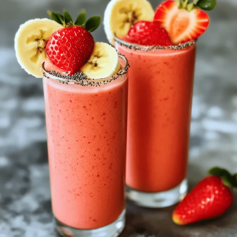 To make a tasty strawberry banana smoothie, gather these key ingredients: - 1 cup fresh strawberries, hulled and halved - 1 ripe banana, peeled and sliced - 1 cup Greek yogurt (plain or vanilla) - 1/2 cup almond milk (or any milk of your choice) These ingredients form the base of your smoothie. The strawberries bring sweetness and a bright flavor. The banana adds creaminess and natural sugars. Greek yogurt gives a thick texture and protein, while almond milk keeps it smooth. You can enhance your smoothie with a few optional add-ins: - 1 tablespoon honey or maple syrup (optional) - 1 tablespoon chia seeds (optional, for added nutrition) - Ice cubes (optional, for a thicker smoothie) Adding honey or maple syrup can boost sweetness. Chia seeds add fiber and omega-3s. Ice cubes make the drink cold and thick. It’s fun to mix and match these options based on your taste. If you want a dairy-free smoothie, try these swaps: - Use coconut yogurt instead of Greek yogurt. - Replace almond milk with oat milk or coconut milk. These substitutes keep the smoothie creamy and delicious. You don’t lose flavor or texture, ensuring everyone can enjoy this drink. For the full recipe, check out the details above. Start with fresh strawberries. Wash them well under cool water. Remove the green tops and cut the strawberries in half. Next, grab a ripe banana. Peel it and slice it into chunks. The fresh fruits will create a tasty base for your smoothie. Now, it's time to blend. In your blender, add the halved strawberries and banana slices. Then, scoop in the Greek yogurt and pour in the almond milk. If you want a sweeter drink, add honey or maple syrup. You can also include chia seeds for extra nutrition. For a thicker smoothie, toss in some ice cubes. Blend everything on high speed until it becomes smooth and creamy. Scrape down the sides to mix well. After blending, taste your smoothie. If it needs more sweetness, add a little more honey or syrup. If it's too thick, add a splash of milk. Blend again until you reach the desired flavor and texture. Pour your smoothie into tall glasses. For a fun garnish, add a few strawberry slices on top. Enjoy your delicious Strawberry Banana Smoothie! For the full recipe, check out the instructions above. When making a smoothie, start with the soft items first. Put the yogurt and banana in first. This helps the blender mix well. Next, add the strawberries. Finally, pour in the almond milk. This order stops clumps from forming. Blend on high speed for about 30 seconds. If you need more time, keep blending until smooth. For the best texture, use fresh fruit. Frozen fruits can make your smoothie thick. If your smoothie is too thick, add more milk a little at a time. Blend again after each addition. If it’s too thin, add more fruit or ice. This will help you find the balance that you like. One mistake is not measuring your ingredients. Too much yogurt can make it too thick. Too little fruit can make it bland. Another mistake is blending too long. Over-blending can make your smoothie warm. If you want it cold, blend just until smooth. Don’t forget to taste your smoothie. Adjust the sweetness with honey or syrup if needed. For more tips, check the Full Recipe. {{image_2}} To make a vegan strawberry banana smoothie, swap Greek yogurt for coconut yogurt. Use plant-based milk like almond or oat milk. The flavor stays bright and fresh. You can also add a scoop of your favorite vegan protein powder. This option packs in great taste and is full of nutrients. For a keto-friendly version, you’ll want to reduce sugar. Use unsweetened almond milk instead of regular milk. Swap banana for avocado to keep it creamy without the carbs. Add spinach for extra vitamins without changing the flavor much. You’ll love how rich and satisfying this smoothie can be. To make your smoothie protein-packed, add Greek yogurt or protein powder. This addition makes it great for post-workout fuel. You could also toss in nuts or seeds, like almonds or chia seeds, for healthy fats. These ingredients will keep you full and energized throughout the day. For the full recipe, check out Strawberry Banana Bliss Smoothie. You can store leftover smoothies in the fridge. Use an airtight container. Make sure to drink it within one day for the best taste. The smoothie may separate, so give it a shake before drinking. Freezing smoothies is a smart way to save them. Pour your smoothie into ice cube trays or freezer-safe bags. This method allows you to grab small portions later. Smoothies can stay fresh in the freezer for up to three months. To thaw frozen smoothies, place them in the fridge overnight. If you need it fast, run warm water over the container. Once thawed, pour it back into the blender. Blend until smooth again. This restores the creamy texture and flavor. For extra thickness, add ice cubes before blending. Enjoy your strawberry banana bliss smoothie anytime! Check out the full recipe for more tips. A strawberry banana smoothie is very nutritious. It offers vitamins, minerals, and protein. This smoothie can help you feel full and energized. Each serving has about: - 200 calories - 7 grams of protein - 3 grams of fiber - 15 grams of sugar (natural sugars) - 5% of your daily calcium These numbers can change based on your ingredients. Using Greek yogurt boosts protein. Adding chia seeds adds fiber and omega-3s. Yes, you can make this smoothie ahead of time. However, it’s best fresh. If you need to prepare it early, store it in an airtight container. Keep it in the fridge for up to one day. Shake well before drinking. The smoothie may separate, but that’s normal. To make your smoothie thicker, add more ice or yogurt. Extra bananas can also help. To make it thinner, add more almond milk or any milk you like. Blend until you reach your desired texture. Adjust step by step for the best results. Exploring these tips will help you create your perfect strawberry banana smoothie. For more details, check out the Full Recipe. In this post, we explored how to create a delicious strawberry banana smoothie. We discussed essential ingredients and optional add-ins that enhance flavor. I shared step-by-step instructions and tips for blending to achieve the right consistency. We also looked at different variations, including vegan and keto options. Remember to store any leftover smoothies properly. With these tips, you can enjoy a tasty drink anytime. Experiment and find your favorite mix to suit your taste!