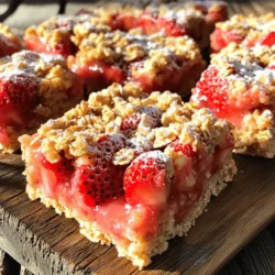 - 1 cup rolled oats - 1 cup all-purpose flour - 1/2 cup brown sugar, packed - 1/2 cup unsalted butter, melted - 1 cup fresh strawberries, hulled and chopped These main ingredients make the base of our strawberry oatmeal bars. The rolled oats give a chewy texture, while the flour helps bind everything together. Brown sugar adds a touch of sweetness that pairs well with strawberries. Using unsalted butter keeps the flavor balanced. Fresh strawberries bring a burst of juicy flavor in every bite. - 1 tablespoon lemon juice - 1 tablespoon cornstarch For the filling, we add lemon juice and cornstarch. Lemon juice brightens the flavor of the strawberries. Cornstarch helps thicken the filling, making it less runny. - Powdered sugar for dusting While not necessary, powdered sugar adds a sweet touch when serving. It makes the bars look fancy and appetizing. This list gives you all you need to make your own strawberry oatmeal bars. If you want the full recipe, check it out [Full Recipe]. 1. Preheat your oven to 350°F (175°C). Line an 8x8-inch baking pan with parchment paper. Leave some paper hanging over the edges. This helps you lift the bars out later. 2. In a large bowl, mix together the rolled oats, all-purpose flour, brown sugar, baking soda, and salt. Stir well until everything blends together. 3. Melt the butter and add it to the bowl with vanilla extract. Mix until the dry ingredients turn into a crumbly mixture. Save about 1 cup of this mix for the topping. 1. In another bowl, toss the chopped strawberries with lemon juice and cornstarch. This helps thicken the filling and adds a fresh flavor. 2. Press the remaining oat mixture evenly into the bottom of the baking pan. Spread the strawberry mixture over this crust. Make sure it covers the crust well. 1. Sprinkle the reserved crumble topping over the strawberries. This will create a nice crust on top. 2. Bake your bars for 25-30 minutes. Look for a golden brown color and a bubbly top. 3. Once done, let the bars cool in the pan for about 10 minutes. Then, using the parchment paper, lift them out. Allow them to cool completely on a wire rack. After that, cut into squares to serve. For the full recipe, check the details above. Enjoy your baking! - Ensure even mixing of dry ingredients. Mix rolled oats, flour, brown sugar, baking soda, and salt well. Use a whisk to break up any clumps. This helps the bars rise evenly. - How to avoid soggy bottoms. Press the oat mixture firmly into the pan. Make sure to bake until the top is golden brown. This will help set the base and keep it firm. - Adding spices like cinnamon or nutmeg. A pinch of cinnamon adds warmth. Nutmeg gives a cozy touch. You can mix these spices into the dry ingredients for a lovely aroma. - Suggestions for incorporating nuts or seeds. Add chopped walnuts or almonds for crunch. You can also mix in chia seeds for extra nutrition. Fold them into the oat mixture before baking. - Best ways to serve and store. Cut the bars into squares after they cool completely. Store in an airtight container for up to a week. You can also refrigerate them for freshness. - Pairing with ice cream or yogurt. Serve warm bars with a scoop of vanilla ice cream. You can also top them with Greek yogurt and fresh strawberries. This adds a creamy contrast to the sweet flavors. {{image_2}} You can make these bars gluten-free by using almond flour or oat flour instead of all-purpose flour. This swap keeps the texture intact while making it safe for those with gluten issues. If you want a vegan option, try using coconut oil in place of butter. You can replace eggs by using flaxseed or chia seeds mixed with water. This keeps your bars moist and delicious. If you crave something different, try using blueberries or raspberries instead of strawberries. Each fruit adds its own unique flavor to the bars. For a sweeter treat, mix in chocolate chips. They melt slightly during baking and create gooey pockets of chocolate, making each bite even more enjoyable. You can turn these bars into a fun breakfast parfait. Layer them with yogurt and fresh fruit for a nice morning treat. At gatherings, slice the bars into small squares and serve as a snack. They are easy to grab and share, making them perfect for parties or picnics. For the complete recipe, check out the Full Recipe section. To keep your strawberry oatmeal bars fresh, store them in an airtight container. This helps stop air from making them dry. You can keep them at room temperature for up to three days. If you want them to last longer, consider putting them in the fridge. They can stay fresh in the fridge for about a week. Freezing the bars is a great way to save them for later. First, let the bars cool completely. Then, cut them into squares. Wrap each square in plastic wrap. Place the wrapped bars in a freezer bag or container. They can last in the freezer for up to three months. When you want to eat them, just take them out and let them thaw in the fridge. To enjoy the best taste and texture, reheat the bars before eating. You can do this in the oven or microwave. For the oven, preheat it to 350°F (175°C). Place the bars on a baking sheet and heat for about 10 minutes. If you use the microwave, heat them for about 15-20 seconds. This helps bring back their fresh, warm taste. Enjoy your strawberry oatmeal bars fresh! How do I know when my oatmeal bars are done? You can tell your oatmeal bars are done when the top is golden brown and bubbly. Look for a slight firmness when you press down on the top. The edges should pull away from the pan a bit. Can I use frozen strawberries instead of fresh? Yes, you can use frozen strawberries. Just make sure to thaw them first. Drain any extra liquid to avoid a soggy filling. How to adjust the recipe for larger batches? To make a larger batch, simply double the ingredients. Use a larger baking pan, like a 9x13-inch one. Make sure to bake a bit longer, checking for doneness. Can I substitute ingredients like sugar for healthier options? Definitely! You can replace brown sugar with honey or maple syrup. Use less sugar overall, since these options are sweeter. Are strawberry oatmeal bars healthy? Yes, strawberry oatmeal bars can be healthy. They use oats, which are high in fiber. Fresh strawberries add vitamins and natural sweetness. What is the nutritional value of these bars? Each bar has a good balance of carbs, fats, and protein. They are a great snack or breakfast option. Check the full recipe for specific values. This blog post shared a simple yet tasty recipe for strawberry oatmeal bars. We covered the key ingredients, detailed preparation steps, and shared useful baking tips. You can explore fun variations that suit your taste and dietary needs. Remember, these bars are perfect for breakfast, snacks, or gatherings. Enjoy experimenting with flavors and storage options to make the most of this recipe. Now it’s time to bake and enjoy these delicious treats with family and friends!