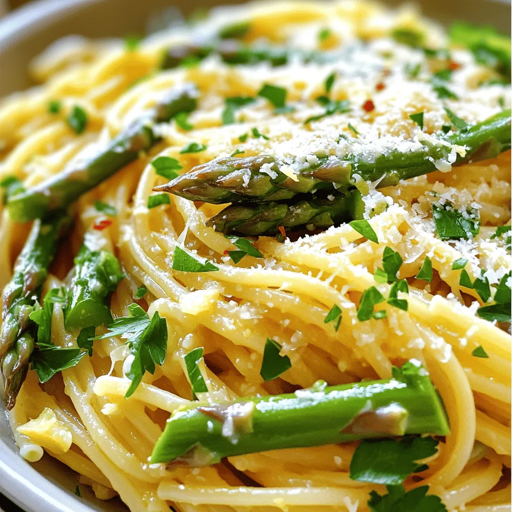 For a delicious Lemon Asparagus Pasta, you will need these key ingredients: - 8 oz (225g) spaghetti or fettuccine - 1 bunch asparagus, trimmed and cut into 1-inch pieces - 3 tablespoons olive oil - 3 cloves garlic, minced - Zest of 1 lemon - Juice of 1 lemon - 1/2 teaspoon red pepper flakes (optional) - 1/2 cup grated Parmesan cheese (plus extra for serving) - Salt and black pepper to taste - Fresh parsley, chopped for garnish Each ingredient plays a vital role in the dish. The pasta provides the base, while the asparagus adds a fresh crunch. Olive oil and garlic create a rich flavor. Lemon brings brightness, and Parmesan adds creaminess. You can enhance your Lemon Asparagus Pasta with some optional toppings or garnishes: - Toasted pine nuts for crunch - Grated lemon zest for extra zing - Fresh basil or arugula for added greens For substitutions, consider these ideas if you have allergies or dietary needs: - Use gluten-free pasta if needed. - Swap Parmesan with nutritional yeast for a vegan dish. - Omit red pepper flakes for a milder flavor. Feel free to get creative! The full recipe shows you how to combine these ingredients for a delightful meal. To make the perfect Lemon Asparagus Pasta, start by boiling water in a large pot. Add a generous pinch of salt to the water. This helps flavor the pasta. Then, add 8 ounces of spaghetti or fettuccine. Cook according to the package instructions until it is al dente. Al dente means the pasta is firm but not hard. This usually takes about 8 to 10 minutes. Remember to reserve 1 cup of pasta water before draining. This water holds starch that helps to create a creamy sauce later on. Drain the pasta and set it aside while you prepare the asparagus. For the asparagus, heat 1 tablespoon of olive oil in a large skillet over medium heat. When the oil is hot, add the trimmed and cut asparagus pieces. Sauté them for about 3 to 4 minutes. You want them to be tender but still crisp. This keeps their bright green color and fresh flavor. Keep an eye on the asparagus as it cooks. You don’t want to overcook it. Once done, take them out of the skillet and set aside. In the same skillet, add the remaining 2 tablespoons of olive oil. Then, toss in 3 minced garlic cloves and, if you like a little heat, add 1/2 teaspoon of red pepper flakes. Sauté for about 1 minute until the garlic smells good but does not burn. Now, add the drained pasta back into the skillet. Mix in the sautéed asparagus, the zest of one lemon, and the juice of that lemon. Toss everything together. If the pasta looks dry, add a bit of the reserved pasta water. This helps make the dish creamy. Finally, stir in 1/2 cup of grated Parmesan cheese. Season with salt and black pepper to taste. Mix well until the cheese melts and coats the pasta evenly. This step brings all the flavors together and creates a delightful meal. Enjoy your Lemon Asparagus Pasta! If you need the full recipe, check out the Full Recipe. To make Lemon Asparagus Pasta shine, focus on flavor balance. Start with fresh ingredients. The lemon zest and juice add brightness. Use good quality olive oil for depth. Cook your pasta in salted water. This step enhances the taste. Aim for al dente. This means the pasta should be firm yet tender. Check it a minute before the package time ends. For tools, a large pot is key. A colander helps drain the pasta well. A large skillet is perfect for sautéing. A wooden spoon or tongs makes mixing easy. Pair your Lemon Asparagus Pasta with a crisp white wine. A Sauvignon Blanc complements the dish well. For a non-alcoholic option, serve sparkling water with lemon. Presentation can elevate the dish. Use a large plate or a shallow bowl. Twirl the pasta for a nice look. Top with fresh parsley and extra cheese. This adds color and flair. A lemon wedge on the side can brighten the plate. For more delicious details, check the Full Recipe. {{image_2}} To make Lemon Asparagus Pasta vegan, swap the Parmesan cheese for a plant-based cheese or nutritional yeast. This keeps the dish creamy and flavorful. You can also use vegetable broth instead of pasta water for added taste. For a gluten-free version, choose gluten-free pasta made from rice or quinoa. This ensures everyone can enjoy this dish without worry. You can add other vegetables for more color and texture. Try cherry tomatoes, bell peppers, or spinach. These options will enhance the dish and keep it fresh. If you want protein, add cooked chicken, shrimp, or chickpeas. These will make the meal heartier and more filling. Adding fresh herbs can brighten the flavors in this dish. Try basil, thyme, or dill for a fresh twist. Mix these in at the end to keep their vibrant taste. For extra flavor, consider a splash of white wine or a squeeze of fresh lime juice. These will add depth and a zesty kick. You can also play with spices. A pinch of smoked paprika or Italian seasoning can make it unique. Mixing in sun-dried tomatoes or olives adds a tasty twist. These ingredients will give your Lemon Asparagus Pasta a Mediterranean flair. Explore these variations to keep your meals exciting and full of flavor! For the complete recipe, check the [Full Recipe]. To store leftover Lemon Asparagus Pasta, first let it cool down. Place it in an airtight container. You can keep it in the fridge for up to three days. This helps maintain freshness and flavor. When reheating, use a skillet over low heat. Add a splash of water or olive oil to help bring back moisture. Stir the pasta gently to avoid sticking. This way, the texture stays nice and the flavors shine. If you want to save it for longer, you can freeze Lemon Asparagus Pasta. First, let it cool completely. Then, place it in a freezer-safe bag or container. Make sure to remove as much air as possible. This helps prevent freezer burn. You can freeze it for up to three months. To thaw, move the pasta to the fridge one day before you want to eat it. When you’re ready to reheat, put it in a skillet over low heat. Add a splash of water or broth to help it heat evenly. Stir gently until warm. Enjoy your Lemon Asparagus Pasta just like fresh! What can I substitute for Parmesan cheese? If you want a cheese swap, use nutritional yeast for a vegan option. Feta or goat cheese also works well, adding a different flavor. Keep in mind that each cheese brings its own taste. How can I adjust the spice level of the dish? To make it milder, skip the red pepper flakes. For more heat, add extra flakes or some diced fresh chili. Just remember, start small and taste as you go. This recipe serves four and has about 400 calories per serving. * Calories: 400 * Protein: 15g * Fat: 15g * Carbohydrates: 60g * Fiber: 5g * Sugar: 4g Lemon and asparagus offer great health benefits. Asparagus provides fiber and vitamins A, C, and K. Lemon adds vitamin C, which helps boost your immune system. Olive oil is heart-healthy fat, making this dish a balanced meal. To cook Lemon Asparagus Pasta, you need: - A large pot for boiling pasta - A skillet for sautéing - A colander to drain the pasta If you want to try different cooking methods, a pressure cooker can speed up the process. You can also roast the asparagus in the oven for a different texture. Just remember to adjust your cooking times. For the full recipe, check the earlier section. In this post, we explored the ingredients, preparation, and serving of Lemon Asparagus Pasta. You learned about main and optional ingredients, cooking steps, and tips for flavor. We also discussed dietary variations, storage methods, and answered common questions. Creating this dish is simple and rewarding. With a few adjustments, you can make it your own. Enjoy the bright flavors and fresh ingredients. Make this meal your go-to for a tasty, quick option. Happy cooking!