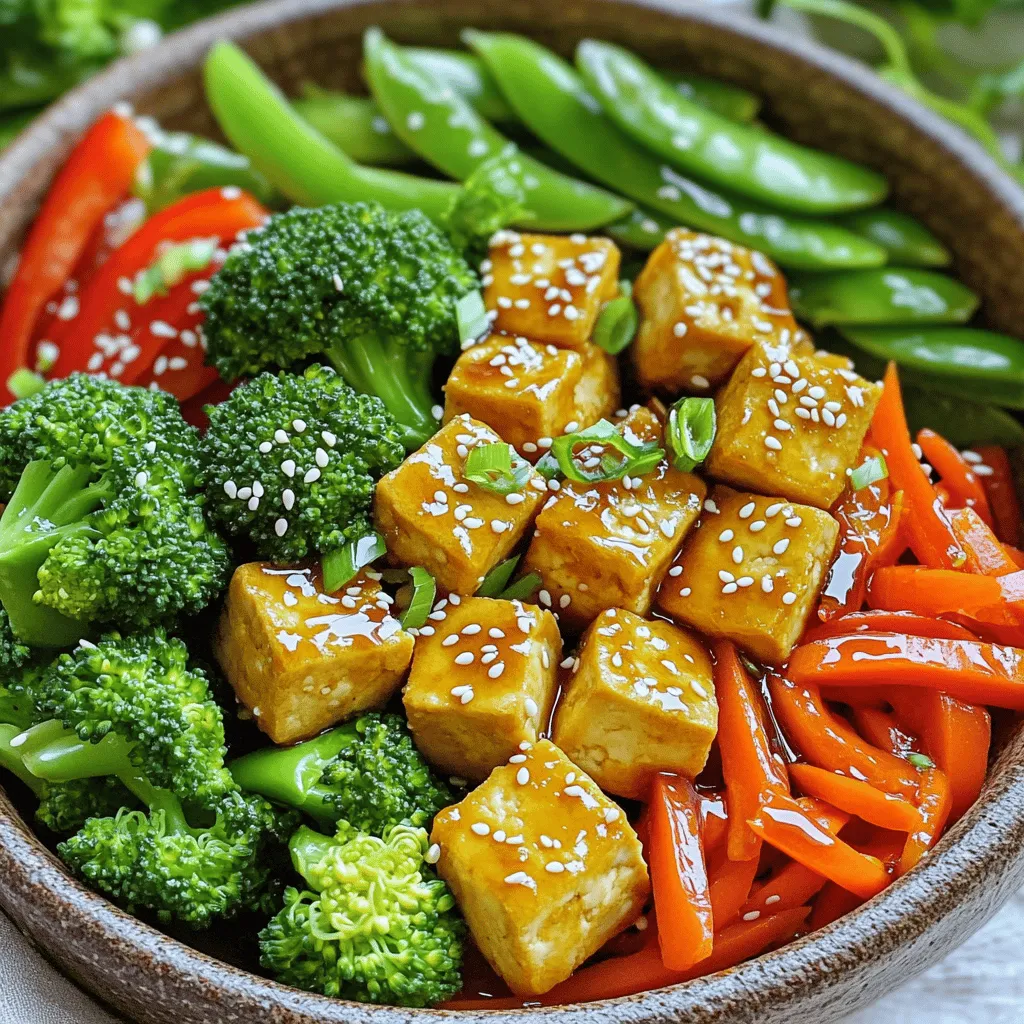- 16 oz firm tofu, pressed and cubed - 2 tablespoons cornstarch - 2 tablespoons soy sauce - 2 tablespoons sesame oil To start, firm tofu is the star of this dish. It holds its shape well and absorbs flavors. Pressing it removes excess water, making it crispier. Cornstarch is our secret weapon. It coats the tofu and gives it that delicious crunch. Soy sauce adds a savory kick, while sesame oil brings a nutty aroma. - 1 cup broccoli florets - 1 red bell pepper, sliced - 1 carrot, julienned - 1 cup snap peas Next, we have the vegetables. Broccoli florets add texture and color. The red bell pepper gives sweetness and crunch. Carrots, when julienned, offer a nice bite. Snap peas add freshness and a pop of green. Together, they create a vibrant mix. - 2 cloves garlic, minced - 1 teaspoon ginger, grated - 1 tablespoon honey or maple syrup - Sesame seeds for garnish - Chopped green onions for garnish Finally, we have our seasonings. Garlic and ginger provide depth and warmth. Honey or maple syrup adds a hint of sweetness, balancing the soy sauce. For garnish, sesame seeds add crunch, and chopped green onions bring a fresh finish. This mix of flavors makes each bite exciting. For the full recipe, check out the [Full Recipe]. First, preheat your oven to 425°F (220°C). This step ensures even cooking. While it heats, press your firm tofu for about 15-20 minutes. Pressing removes excess water, helping the tofu crisp up. Once pressed, cut the tofu into cubes. Next, place the cubed tofu in a bowl and add cornstarch. Toss it well until all sides are coated. This cornstarch layer creates a crunchy outer layer when baked. In a separate bowl, blend the soy sauce, sesame oil, honey or maple syrup, minced garlic, and grated ginger. Mix these well to create your stir-fry sauce. Achieving the right flavor balance is key. The soy sauce adds saltiness, while sesame oil adds depth. Honey or maple syrup brings sweetness. Together, they enhance the dish's overall taste. Spread the coated tofu evenly on your sheet pan. Drizzle half of the stir-fry sauce over the tofu. Bake it for 25-30 minutes. Halfway through, flip the tofu to ensure it gets crispy on all sides. Look for a golden color, which means it’s done perfectly. While the tofu bakes, prepare your vegetables. In a bowl, mix the broccoli, red bell pepper, julienned carrot, and snap peas with the remaining stir-fry sauce. This step ensures the veggies soak up flavor. When the tofu is crispy, add the mixed vegetables to the sheet pan. Spread them out evenly to promote even cooking. Return the pan to the oven for another 15-20 minutes. The goal is tender vegetables that still look vibrant. Pressing tofu is key. It removes excess water and helps it crisp up. Wrap the tofu in a clean towel or paper towels, then place a heavy object on top for at least 15 minutes. This simple step makes a big difference. Cooking time and temperature matter too. Preheat your oven to 425°F (220°C). Bake the tofu for about 25-30 minutes. Flip it halfway for even crispiness. You want it golden brown and crunchy. For added flavor, try different sauces or spices. Sriracha adds heat, while hoisin sauce gives a sweet touch. You can mix and match to find what you love. Marinating tofu is also a great option. Even a short soak in soy sauce or teriyaki sauce boosts taste. Let it marinate for 15-30 minutes for the best results. Pair this dish with steamed rice or quinoa. They soak up the sauce well and add a nice texture. You can also serve it with a side salad for some crunch. For presentation, use a large platter. Spread the stir fry evenly and sprinkle sesame seeds and green onions on top. This makes your meal look even more inviting and delicious. {{image_2}} You can change the veggies in the stir fry. Try using bell peppers, zucchini, or mushrooms. If you want a seasonal touch, add asparagus in spring or squash in fall. These swaps keep your dish fresh and exciting. If you want a different base, tempeh works great. It has a nutty flavor and cooks fast. Seitan is another option; it’s chewy and packed with protein. If you use these, adjust cooking times. Tempeh may need a bit less time, while seitan might need a few extra minutes. To make this dish gluten-free, swap soy sauce for tamari. This change keeps the flavor but removes gluten. For vegan-friendly options, use maple syrup instead of honey. Both options taste amazing and fit your dietary needs. For the full recipe, check out the Crispy Tofu Stir Fry Delight. After you enjoy your crispy tofu stir fry, store any leftovers in an airtight container. This keeps the tofu and veggies fresh. You can expect your dish to last about 3 to 4 days in the fridge. To maintain crispiness, store the tofu and vegetables separately if you can. This way, the tofu stays crunchy, and the veggies stay crisp too. If you want to save it for later, freezing is easy. First, let the stir fry cool completely. Then, pack it into freezer-safe bags or containers. Remove as much air as possible to prevent freezer burn. Your dish can last up to 3 months in the freezer. When you’re ready to eat, thaw it overnight in the fridge. Reheat in the oven or on the stovetop for the best texture. Avoid the microwave, as it can make the tofu soggy. You can make meal prep easy by preparing some parts ahead of time. For instance, cube the tofu and toss it with cornstarch a day before. You can also chop the vegetables and store them in the fridge. This cuts down on prep time during busy weeknights. On nights you want a quick meal, just bake the tofu and veggies together. It’s a fast way to enjoy a healthy meal with lots of flavor. To make tofu crispy, start by pressing it to remove excess water. This step is key. Next, coat the cubed tofu in cornstarch. The cornstarch helps create a crunchy outer layer. Bake the tofu at 425°F (220°C) for 25-30 minutes. Flip it halfway through cooking to ensure even crisping. You want the tofu to look golden brown when done. Yes, you can use frozen vegetables. They save time and are often just as nutritious. However, they may release more water during cooking. This can make your stir fry a bit soggier. Fresh vegetables offer a nice crunch and vibrant color. If using frozen, reduce the cooking time slightly to avoid overcooking. A few sauces work great with crispy tofu stir fry. Soy sauce adds a salty depth. Teriyaki sauce gives a sweet twist. For a kick, try sriracha or chili paste. You can also mix honey or maple syrup for sweetness. These flavors enhance the dish, making it even more tasty. This blog post covered a tasty tofu stir-fry. We explored its main ingredients, like tofu and colorful veggies. I shared steps to prepare, bake, and enhance flavor. You learned tips for crispy tofu and vegan options. In closing, stir-fry offers endless chances to mix flavors. Experiment with veggies or sauces you love. Enjoy your kitchen adventures!