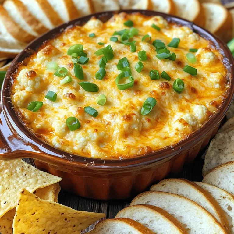 To make Cheesy Buffalo Cauliflower Dip, you will need the following key ingredients: - 1 medium head cauliflower, florets removed - 1 cup shredded cheddar cheese - ½ cup cream cheese, softened - ½ cup Greek yogurt - ½ cup buffalo sauce (adjust to taste) - 2 green onions, finely chopped - 1 teaspoon garlic powder - Salt and pepper to taste - Tortilla chips or bread for serving These ingredients come together to create a creamy, spicy dip that you will love. For a little twist, consider these optional ingredients for customization: - Crumbled blue cheese for a bold flavor - Chopped cooked chicken to add protein - Extra spices like paprika or onion powder for more depth You can find the full recipe at the end of this section. Adjusting these ingredients can make your dip unique and tailored to your taste. Enjoy experimenting! First, let’s prepare the cauliflower. Take your medium head of cauliflower and remove the florets. You want them to be bite-sized. Next, steam the florets for about 5-7 minutes. They should be tender but not mushy. Drain them well and let them cool a little. Now, it’s time to mix the cheese and yogurt base. In a mixing bowl, combine the softened cream cheese, Greek yogurt, and buffalo sauce. Stir until the mixture is smooth and creamy. This is where the magic begins. You can adjust the buffalo sauce for more heat, but start with what the recipe suggests. Next, combine all your ingredients. Add the steamed cauliflower, garlic powder, half of the chopped green onions, and shredded cheddar cheese into the creamy mix. Stir until everything is well mixed. Don’t forget to season with salt and pepper to taste. This step is key for balancing flavors. Now, transfer your mixture to a baking dish. Smooth the top with a spatula. You want it to bake evenly. Place the dish in your preheated oven at 350°F (175°C) and bake for 20-25 minutes. Look for that golden, bubbly top. That’s when it’s perfect! Once it’s out of the oven, let it cool slightly. This dip is best served warm. Garnish with the remaining green onions for a fresh touch. Serve it up with tortilla chips or slices of bread. Enjoy this cheesy buffalo cauliflower dip with every bite! For the complete details, check out the Full Recipe. To make the best Cheesy Buffalo Cauliflower Dip, start with the right cauliflower. Look for a medium head that feels heavy. The florets should be firm and tightly packed. Avoid any with brown spots or soft areas. Fresh cauliflower gives your dip a great taste and texture. Next, let’s talk about spice. Buffalo sauce can be hot, so adjust it to your liking. If you want less heat, use less sauce. Mix in a little at first, then taste. You can always add more! For those who love a kick, try adding extra hot sauce or even a pinch of cayenne. For the cheese, achieving the right consistency is key. You want it creamy but not too runny. Use softened cream cheese and Greek yogurt to create a thick base. Mix them well before adding the cauliflower and cheddar. If your dip seems too thick, add a splash of milk to loosen it up. This makes it easier to scoop with chips or bread. For the complete experience, check out the Full Recipe. You’ll find all the steps and tips you need to wow your guests! {{image_2}} You can make Cheesy Buffalo Cauliflower Dip even better with a few fun twists. Here are some ideas: - Adding proteins to enhance heartiness: Want to make it a meal? Add shredded chicken or cooked bacon. Just mix in the protein before baking. This adds great flavor and makes the dip more filling. - Alternative cheeses to experiment with: You don’t have to stick with cheddar. Try mozzarella for a milder taste. Or, use pepper jack for a spicy kick. Mixing different cheeses can create a rich, creamy texture that everyone will love. - Vegan options for a dairy-free version: You can easily make this dip vegan. Swap cream cheese and Greek yogurt with cashew cream or coconut yogurt. Use vegan cheese instead of cheddar. With a few changes, you can enjoy all the flavor without dairy. These variations keep the dip fresh and exciting. Check out the [Full Recipe] for the base that you can customize! To keep your leftover Cheesy Buffalo Cauliflower Dip fresh, I recommend storing it in an airtight container. Place it in the fridge right after it cools down. It will stay good for about 3 to 4 days. Make sure to cover it well to avoid drying out. If you want to keep it longer, freezing is a great option. Just put the dip in a freezer-safe container. You can also use a freezer bag, removing as much air as possible. It will last for up to 3 months in the freezer. When you’re ready to enjoy it again, thaw it overnight in the fridge before reheating. For reheating, I suggest using the oven. Preheat it to 350°F (175°C). Place the dip in an oven-safe dish, cover with foil, and heat for about 20 minutes. This method helps keep the dip creamy and maintains its flavors. You can also microwave it, but be careful not to overheat, which can change the texture. Stir it halfway through to heat evenly. Using these storage tips will help you enjoy every bite of your Cheesy Buffalo Cauliflower Dip! For the complete recipe, refer to the [Full Recipe]. Yes, you can prepare this dip a day in advance. Just follow the recipe steps, but don’t bake it yet. Store the mixture in the fridge. When you’re ready to serve, bake it as directed. This makes it easy for parties! I love serving this dip with tortilla chips or sliced baguette. Fresh veggie sticks like celery or carrots also work great. They add a nice crunch and balance the creamy dip. Feel free to get creative with your dippers! The spice level depends on the buffalo sauce you use. If you like it hot, add more sauce. If you prefer it milder, use less. You can also mix in some cream cheese to tone down the heat. Taste as you go to find your perfect balance. Absolutely! To use a slow cooker, combine all ingredients in the pot. Cook on low for about 2 hours, stirring occasionally. This method gives the dip a nice, creamy texture and allows flavors to blend beautifully. Yes, frozen cauliflower works well too! Just thaw and drain it before mixing. The cooking time may vary, so keep an eye on it to ensure it’s tender and tasty. Using frozen can save time and still give great flavor. Cheesy Buffalo Cauliflower Dip is a fun and tasty dish. We covered the key ingredients, preparation steps, and tips to enhance your dip. I shared variations to suit different tastes and storage methods to keep it fresh. Remember, you can adjust spice levels and experiment with different cheeses. This dip is versatile and perfect for gatherings. Enjoy creating your own version and share it with friends!