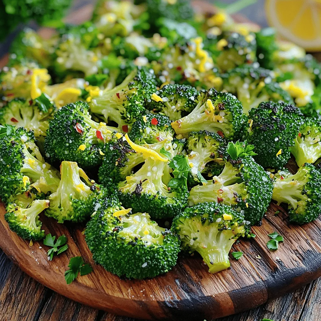 To make Garlic Lemon Roasted Broccoli, you need fresh and simple ingredients. Here’s what you’ll need: - Broccoli florets - Garlic - Olive oil - Lemon zest and juice - Chili flakes (optional) - Salt and pepper - Parmesan cheese (optional) - Fresh parsley Each ingredient plays a key role. The broccoli gives you crunch and nutrition. Garlic adds a rich flavor that pairs well with lemon. Olive oil helps everything roast nicely. Lemon zest and juice brighten the dish, making it fresh. If you like a little heat, add chili flakes. Salt and pepper enhance the taste. Parmesan adds a cheesy layer, but you can skip it if needed. Finally, fresh parsley makes the dish pop with color and flavor. For the full recipe, check out the details above. Preheat Oven First, you need to preheat your oven to 425°F (220°C). This step ensures your broccoli roasts evenly and becomes nice and crispy. Prepare Broccoli Florets Next, take two heads of broccoli and cut them into florets. Ensure they are similar in size for even cooking. You can wash them well and dry them before cutting. Combine Ingredients in a Bowl In a large mixing bowl, add the broccoli florets, minced garlic, and olive oil. Then, include the lemon zest and lemon juice. This mix brings out bright flavors. Add Seasonings If you want a little heat, sprinkle in chili flakes. Don’t forget to season with salt and pepper. Toss everything together until the florets are well-coated. This step is key to flavor. Spread on Baking Sheet Now, spread the seasoned broccoli evenly on a baking sheet lined with parchment paper. This helps to avoid sticking and makes cleanup easy. Roast Time and Method Roast the broccoli in your preheated oven for 20-25 minutes. Make sure to stir halfway through. This helps the broccoli cook evenly and get those crispy edges. If you like, add grated Parmesan cheese in the last 5 minutes of roasting for a tasty finish. Enjoy the full recipe for more detailed steps! Achieving Crispy Edges To get crispy edges on your broccoli, you need high heat. Set your oven to 425°F (220°C). This high heat helps to brown the broccoli. Make sure to toss the florets halfway through roasting. This step allows all sides to crisp up nicely. Importance of Even Spacing Spread the broccoli florets out on the baking sheet. When the florets sit too close together, they steam instead of roast. Give each piece space to breathe. This way, they brown evenly and get that nice crunch. Adding Herbs and Spices You can boost the flavor of your broccoli by adding herbs. Try thyme or rosemary for a fresh taste. A pinch of cumin can also add warmth. Experiment with different spices you enjoy. This makes each batch unique and exciting. Using Lemon Variations Using lemon zest adds a bright flavor. If you want more lemon taste, try adding lemon juice at the end. You can even use flavored lemon oils for a twist. This helps to elevate the dish and makes it zingy. Presentation Tips for Serving When serving, place the broccoli on a nice platter. Drizzle any extra lemon juice over the top. A sprinkle of Parmesan cheese adds a touch of class. Finish with fresh parsley for color. This makes your dish look fancy and inviting. Pairing with Main Dishes Garlic lemon roasted broccoli pairs well with many main dishes. It goes great with grilled chicken or fish. You can also serve it alongside pasta for a hearty meal. This dish is versatile and fits well with various flavors. For the full recipe, check out the details above. {{image_2}} You can change the taste of Garlic Lemon Roasted Broccoli by adding nuts or other veggies. - Adding Nuts for Crunch Nuts like almonds or walnuts can add a nice crunch. Chop them up and sprinkle them over the broccoli before roasting. This step adds texture and flavor. You can also mix the nuts into the bowl when you combine the other ingredients. - Incorporating Different Vegetables You don't have to stick with just broccoli. You can add bell peppers, carrots, or even cauliflower. Cut them into similar sizes. This way, they roast evenly. Make sure to adjust the cooking time if you add larger pieces. You can make this dish fit your diet with some easy swaps. - Vegan Options (without Cheese) If you want a vegan dish, skip the Parmesan cheese. The garlic and lemon will still give you great flavor. You can add nutritional yeast for a cheesy taste without dairy. - Gluten-Free Considerations This dish is naturally gluten-free. Just ensure your seasonings are gluten-free. Enjoy Garlic Lemon Roasted Broccoli with your favorite gluten-free meal. For the full details on making this dish, check out the Full Recipe. After you make Garlic Lemon Roasted Broccoli, you may have some left. Store any leftovers in an airtight container. Place it in the fridge for up to three days. This keeps the broccoli fresh and tasty. If you want to save it longer, you can freeze it. - Freezing Instructions: To freeze, let the broccoli cool completely. Spread it on a baking sheet first. This helps keep pieces separate. Once frozen, transfer it to a freezer bag. It can last for about three months in the freezer. When you're ready to enjoy your leftovers, reheating is key. The best way to reheat Garlic Lemon Roasted Broccoli is in the oven. This method keeps it crispy. Preheat your oven to 350°F (175°C) and spread the broccoli on a baking sheet. Heat for about 10-15 minutes, or until hot. - Maintaining Crispiness: To keep the broccoli crisp, avoid using the microwave. If you must use it, only heat for a short time. This way, the broccoli won't turn soggy. For extra crispiness, you can broil it for a couple of minutes after microwaving. Enjoy your warm, flavorful broccoli! To enhance the flavor, add more herbs. You can use thyme or rosemary. Try adding lemon zest for an extra citrus kick. A splash of balsamic vinegar can add depth too. Mixing different spices, like smoked paprika, gives it a unique twist. Experimenting with nuts like almonds or walnuts can add crunch and taste. Yes, you can use frozen broccoli. It saves time and is convenient. However, the texture may differ from fresh broccoli. Frozen broccoli can be softer after roasting. To get the best results, thaw and drain it first. This helps keep your dish from getting soggy. If you want a dairy-free option, try nutritional yeast. It gives a cheesy flavor without the dairy. You can also use vegan cheese or a blend of nuts. Ground cashews or almonds can add richness. If you have no cheese, just skip it; the dish will still taste great! Absolutely! This recipe is flexible. Carrots, bell peppers, or cauliflower work well. Just cut them into similar sizes for even cooking. You can also mix greens like kale or spinach for added nutrients. Don't be afraid to get creative with your veggie choices! You can store leftovers in the fridge for up to three days. Use an airtight container to keep them fresh. If you want to keep them longer, consider freezing. Roasted broccoli can last up to two months in the freezer. When ready to eat, reheat in the oven for best results. This dish pairs well with many meals. It complements grilled chicken, fish, or tofu nicely. You can serve it alongside quinoa or rice for a complete meal. Try adding it to pasta dishes for extra veggies. It can also be a great side for any holiday feast! For the full recipe, check out the detailed cooking steps above. In this article, we explored how to make Garlic Lemon Roasted Broccoli. We covered all the ingredients needed, from fresh broccoli to optional Parmesan cheese. You learned step-by-step instructions for roasting it perfectly. We shared tips for flavor and presentation, plus variations to suit your taste. Finally, we discussed storing leftovers and reheating methods. Roasting broccoli enhances its flavor and texture. Enjoy making this dish your own and savor every bite!