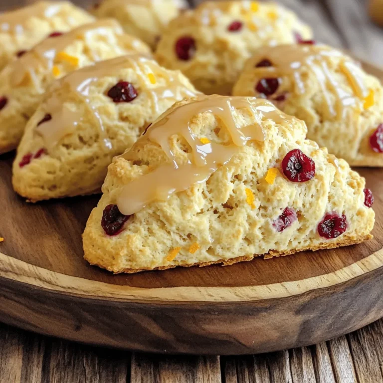 To make the best cranberry orange scones, you need a few key ingredients. Each one plays a big role in the flavor and texture. Here’s what you’ll need: - 2 cups all-purpose flour - 1/2 cup granulated sugar - 1 tablespoon baking powder - 1/2 teaspoon salt - 1/2 cup unsalted butter, cold and cubed - 1/2 cup dried cranberries - Zest of 1 large orange - 1/2 cup heavy cream - 1 large egg - 1 teaspoon vanilla extract - 1/2 cup powdered sugar (for glaze) - 1-2 tablespoons orange juice (for glaze) Importance of Each Ingredient: - All-purpose flour gives structure to the scones. It helps them rise and hold their shape. - Granulated sugar adds sweetness. It also helps to tenderize the scones. - Baking powder is the leavening agent. It makes the scones light and fluffy. - Salt enhances the flavors in the dough. It balances the sweetness. - Unsalted butter adds richness and flavor. Cold butter creates flaky layers. - Dried cranberries bring a tart, fruity taste. They create a nice contrast with the sweet orange. - Orange zest adds bright citrus notes. It makes the scones fragrant and fresh. - Heavy cream keeps the dough moist. It helps bind the ingredients together. - Egg provides structure and richness. It helps the scones rise. - Vanilla extract adds warmth and depth. It complements the orange and cranberry flavors. - Powdered sugar is used for the glaze. It adds sweetness and a nice finish. - Orange juice in the glaze enhances the orange flavor. It gives the glaze a smooth consistency. If you need to make some swaps, here are some options: - Gluten-free flour can replace all-purpose flour. It will change the texture a bit but works well. - Dairy-free options like coconut cream can replace heavy cream. You can also use vegan butter instead of unsalted butter. - Fresh cranberries can be used if you want a tart kick. Just chop them into smaller pieces. - Honey or maple syrup can replace granulated sugar for a healthier sweetener. Remember, it may change texture slightly. To enhance the flavor, consider adding spices like cinnamon or nutmeg. They add warmth and a cozy feel to the scones. You can also mix in nuts or chocolate chips for a fun twist. Check out the Full Recipe for more details on making these delicious scones! 1. First, preheat your oven to 400°F (200°C) and line a baking sheet with parchment paper. 2. In a large mixing bowl, whisk together the following dry ingredients: - 2 cups all-purpose flour - 1/2 cup granulated sugar - 1 tablespoon baking powder - 1/2 teaspoon salt 3. Next, add 1/2 cup of cold, cubed unsalted butter to the bowl. 4. Use your fingers or a pastry cutter to mix the butter into the flour. It should look like coarse crumbs. 5. Now, stir in 1/2 cup of dried cranberries and the zest of 1 large orange. Make sure they are evenly distributed. 6. In a separate bowl, whisk together the wet ingredients: - 1/2 cup heavy cream - 1 large egg - 1 teaspoon vanilla extract 7. Pour the wet mix into the dry mix. Stir gently until just combined. The dough will be slightly sticky. 1. Turn the dough onto a lightly floured surface. Pat it into a circle about 1 inch thick. 2. Cut the dough into 8 wedges. Place them on the baking sheet with about 2 inches of space between each. 3. Bake the scones in your preheated oven for 15-20 minutes. They are ready when golden brown and a toothpick comes out clean. 1. While the scones cool, mix 1/2 cup powdered sugar with 1-2 tablespoons of orange juice until smooth. 2. After the scones cool, drizzle the glaze over the top. 3. Let them sit for a moment before serving. This allows the glaze to set and adds a nice finish. For a detailed guide with all the ingredients, check the Full Recipe. Enjoy your baking! - Overmixing the dough: This is a big problem. If you mix too much, your scones can turn tough. Mix just until the wet and dry ingredients come together. - Not properly measuring ingredients: Accurate measurements are key. Use a kitchen scale or measuring cups correctly. This ensures that your scones rise and taste great. - Techniques for achieving a tender, flaky texture: Use cold butter. This helps create those flaky layers. When you cut in the butter, aim for pea-sized pieces. This will bring air into the dough. - How to avoid drying out the scones: Don't bake them too long. Keep an eye on the oven. When they are golden brown, take them out. Underbaking slightly results in a moist center. - Pairing scones with beverages: These scones go great with tea or coffee. The tartness of cranberries pairs well with warm drinks. - Presentation ideas for special occasions: Serve your scones warm on a nice platter. You can add a small bowl of extra glaze for dipping. A sprinkle of orange zest on top adds a pop of color. For detailed steps, check the Full Recipe. {{image_2}} You can change up your cranberry orange scones to suit your taste. Here are some ideas: - Chocolate Chips: Add a half cup of chocolate chips for a sweet twist. The rich flavor pairs well with the tartness of cranberries. - Nuts: Mix in chopped nuts like walnuts or pecans. Nuts add a nice crunch and depth of flavor. - Seasonal Spices: During fall, you can add a pinch of cinnamon or nutmeg to the dough. These spices bring warmth and richness. - Citrus Variations: Try using lemon or lime zest instead of orange. This will give your scones a different, refreshing zing. You can also adapt the recipe to fit special diets. Here’s how: - Vegan Option: Replace the heavy cream with almond milk and the egg with a flax egg. To make a flax egg, mix one tablespoon of ground flaxseed with three tablespoons of water. Let it sit for a few minutes until it thickens. - Low-Sugar Option: Use a sugar substitute like stevia or monk fruit sweetener. This keeps the scones sweet without added sugars. - Nut Allergies: If you or someone you know has nut allergies, skip the nuts altogether. You can add extra dried fruit instead for texture. These variations let you enjoy cranberry orange scones in different ways. Check the Full Recipe for all the details and measurements! To keep your scones fresh, store them properly. If your scones are unglazed, place them in an airtight container at room temperature. They will stay fresh for up to two days. If they are glazed, wait for the glaze to set. Then, store them in the same way. For longer storage, you can freeze leftover scones. Wrap each scone tightly in plastic wrap, then place them in a freezer bag. They can last up to three months in the freezer. When it comes to reheating, the goal is to keep scones moist. The best method is to use the oven. Preheat it to 350°F (175°C). Place the scones on a baking sheet and cover them with foil. Heat them for about 10 minutes. This method keeps scones flaky and warm. You can also serve leftover scones in other ways. Try toasting them with butter. A bit of cream cheese or jam adds a nice touch too. Pair them with a cup of tea or coffee for a lovely treat! You can find the full recipe above for more details. Cranberry orange scones stay fresh for about two days at room temperature. Store them in an airtight container to keep them soft. If you want them to last longer, freeze them. They freeze well for up to three months. When ready to enjoy, just thaw and reheat. This way, you can savor those flaky layers any time! Yes, you can make the dough ahead of time! Prepare the dough and shape it into a circle. Wrap it tightly in plastic wrap. You can keep it in the fridge for up to 24 hours. When you're ready to bake, just cut the wedges and pop them in the oven. This saves time for busy mornings or special brunch events. If you don't have heavy cream, you can use milk mixed with butter. Combine 3/4 cup of milk with 1/4 cup of melted butter. This mix gives a similar richness. You can also try using coconut milk or almond milk for a dairy-free option. Just keep in mind that these options may change the flavor slightly. Absolutely! You can replace eggs with unsweetened applesauce or mashed banana. Use 1/4 cup of either as a substitute for one egg. This keeps the scones moist while adding a hint of sweetness. You can also use ground flaxseed mixed with water. Just mix one tablespoon of flaxseed with three tablespoons of water, let it sit, and then add it to the dough. Cranberry orange scones combine flavor and texture for a delightful treat. We covered ingredients, substitutions, and step-by-step baking instructions. Avoid common mistakes to ensure the best texture. I shared variations and storage tips for your convenience. Enjoying these scones with tea or coffee creates a perfect moment. Baking can be fun and rewarding, so I hope you try this recipe. With the right ingredients and techniques, you can master scone-making and impress yourself and others.