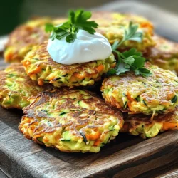 Zucchini and Carrot Essentials - 2 medium zucchinis, grated and excess moisture squeezed out - 2 medium carrots, grated Binder Ingredients (Flour, Eggs) - 1/2 cup all-purpose flour - 1/4 cup cornmeal - 2 large eggs, beaten Seasoning and Flavor Enhancements - 1/4 cup green onions, finely chopped - 1 clove garlic, minced - 1 teaspoon baking powder - 1 teaspoon cumin - 1/2 teaspoon paprika - Salt and pepper to taste - 1/4 cup grated Parmesan cheese (optional) - Olive oil for frying Each ingredient plays a key role. The zucchinis and carrots give the fritters moisture and flavor. The flour and cornmeal bind everything together and add a nice crunch. Eggs help the fritters hold their shape. Seasonings like cumin and paprika add warmth and depth. Don’t skip the garlic; it gives a lovely aroma. Use fresh green onions for a pop of color and taste. If you like cheese, Parmesan adds a savory touch. Gather all these ingredients before you start cooking. This makes the process smooth and fun. For the full recipe, check out the details above. 1. Grating Vegetables and Removing Moisture Start with the zucchinis and carrots. Grate them using a box grater or a food processor. After grating, place them in a clean kitchen towel. Squeeze out as much moisture as you can. This step is key. If you skip it, your fritters will be soggy. 2. Mixing Ingredients for the Batter In a large mixing bowl, add the drained zucchini and carrots. Then, mix in the flour, cornmeal, beaten eggs, green onions, minced garlic, baking powder, cumin, paprika, and grated Parmesan if you like. Season with salt and pepper. Stir until all ingredients blend well. The batter should be thick and hold its shape. 3. Cooking Fritters in the Skillet Heat olive oil in a non-stick skillet over medium heat. Use enough oil to cover the bottom. Once hot, scoop about 2 tablespoons of the batter into the skillet. Flatten it slightly with a spatula. Cook for about 3-4 minutes on each side. Look for a golden brown color. Adjust the heat if needed to avoid burning. After cooking, place the fritters on a paper towel to drain excess oil. - Checking Oil Temperature To know if your oil is ready, drop a small piece of batter in the pan. If it sizzles, the oil is hot enough. This helps achieve that crispy outside. - Cooking Time for Crispy Texture Watch the fritters closely. Cook them until they are golden brown. If they are not browning, increase the heat slightly. If they brown too fast, lower the heat. This balance is key for a crispy texture. Make sure to check out the Full Recipe for more details! - Best Practices for Refrigerating Leftovers After cooking, let the fritters cool down. Place them in an airtight container. Store in the fridge for up to three days. When you’re ready to eat, reheat them in a skillet for crispness. - Freezing and Reheating Advice You can freeze fritters for later use. Lay them flat on a baking sheet and freeze until solid. Then, transfer them to a freezer bag. They will last up to two months. To reheat, bake in a 400°F oven for about 10-15 minutes. This keeps them crispy. - Accompaniments to Enhance Flavor Zucchini carrot fritters taste great with yogurt or sour cream. You can also serve them with a zesty dip. For added flavor, try a fresh salsa or a drizzle of tahini. - Plating Ideas for Presentation Arrange the fritters in a circle on a bright plate. Top each fritter with a dollop of yogurt. Sprinkle with fresh herbs for color and taste. This makes for a beautiful and appetizing dish, perfect for sharing. {{image_2}} Gluten-free Options You can easily make these fritters gluten-free. Instead of all-purpose flour, use almond flour or chickpea flour. Both options work well and keep the fritters tasty. Remember to check the labels for gluten-free certification. Dairy-free Alternatives If you want to skip dairy, leave out the Parmesan cheese. You can also use nutritional yeast for a cheesy flavor without dairy. This keeps the fritters light and still delicious. Adding Herbs and Spices Spice up your fritters by adding fresh herbs. Chopped parsley, dill, or basil can give a fresh twist. For a kick, try adding red pepper flakes or a bit of cayenne pepper. These small changes can make a big difference in flavor. Incorporating Different Vegetables Feel free to mix in other veggies. Grated sweet potatoes or finely chopped bell peppers work great. You can also add spinach for extra nutrition. The key is to keep the total moisture low for crispy fritters. - Approximate Calories per Serving: Each serving of zucchini carrot fritters contains about 190 calories. This makes them a light and healthy snack or side dish. - Macronutrient Composition: - Carbohydrates: 24g - Protein: 6g - Fats: 8g - Nutritional Advantages of Zucchini and Carrots: Zucchini offers hydration and is low in calories. Carrots are rich in beta-carotene, which helps your vision. Together, they make a tasty and nutritious dish. - Fiber and Vitamin Content: These fritters are high in fiber, promoting digestive health. They also provide vitamins A and C, which boost your immune system. Eating these fritters can help you feel full and satisfied while providing essential nutrients. Can I make this recipe ahead of time? Yes, you can make these fritters ahead of time. Prepare the batter and store it in the fridge for up to 24 hours. When you are ready to cook, just scoop and fry them. This can save you time if you're hosting a meal. How do I prevent fritters from falling apart? To keep fritters from falling apart, make sure to remove excess moisture from the zucchini and carrots. Use a clean towel or cheesecloth to squeeze out moisture. Also, ensure your batter is thick enough. A firmer mix helps them hold together when frying. What to do if the batter is too runny? If your batter is too runny, add more flour or cornmeal to thicken it. Start with a tablespoon at a time. Mix well after each addition until you reach the desired consistency. This will help the fritters hold their shape while cooking. How to fix burnt fritters? If you burn your fritters, adjust the heat lower. Cooking on medium heat is best. If they are already burnt, serve with a tasty dip, like yogurt or sour cream, to mask the burnt flavor. You can also try scraping off the burnt parts gently. This blog post covered how to make delicious zucchini and carrot fritters. We discussed the key ingredients, from binders to seasonings, along with simple steps for preparation. I provided tips for cooking and storing these fritters, plus variations for different diets. In summary, fritters are easy to make and fun to share. Experiment with flavors and enjoy their health benefits. Your kitchen just got a lot more exciting!