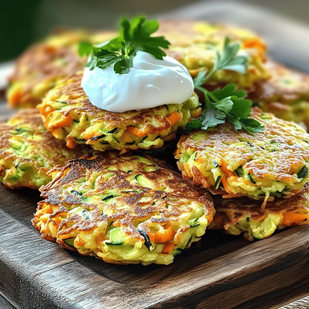 Zucchini and Carrot Essentials - 2 medium zucchinis, grated and excess moisture squeezed out - 2 medium carrots, grated Binder Ingredients (Flour, Eggs) - 1/2 cup all-purpose flour - 1/4 cup cornmeal - 2 large eggs, beaten Seasoning and Flavor Enhancements - 1/4 cup green onions, finely chopped - 1 clove garlic, minced - 1 teaspoon baking powder - 1 teaspoon cumin - 1/2 teaspoon paprika - Salt and pepper to taste - 1/4 cup grated Parmesan cheese (optional) - Olive oil for frying Each ingredient plays a key role. The zucchinis and carrots give the fritters moisture and flavor. The flour and cornmeal bind everything together and add a nice crunch. Eggs help the fritters hold their shape. Seasonings like cumin and paprika add warmth and depth. Don’t skip the garlic; it gives a lovely aroma. Use fresh green onions for a pop of color and taste. If you like cheese, Parmesan adds a savory touch. Gather all these ingredients before you start cooking. This makes the process smooth and fun. For the full recipe, check out the details above. 1. Grating Vegetables and Removing Moisture Start with the zucchinis and carrots. Grate them using a box grater or a food processor. After grating, place them in a clean kitchen towel. Squeeze out as much moisture as you can. This step is key. If you skip it, your fritters will be soggy. 2. Mixing Ingredients for the Batter In a large mixing bowl, add the drained zucchini and carrots. Then, mix in the flour, cornmeal, beaten eggs, green onions, minced garlic, baking powder, cumin, paprika, and grated Parmesan if you like. Season with salt and pepper. Stir until all ingredients blend well. The batter should be thick and hold its shape. 3. Cooking Fritters in the Skillet Heat olive oil in a non-stick skillet over medium heat. Use enough oil to cover the bottom. Once hot, scoop about 2 tablespoons of the batter into the skillet. Flatten it slightly with a spatula. Cook for about 3-4 minutes on each side. Look for a golden brown color. Adjust the heat if needed to avoid burning. After cooking, place the fritters on a paper towel to drain excess oil. - Checking Oil Temperature To know if your oil is ready, drop a small piece of batter in the pan. If it sizzles, the oil is hot enough. This helps achieve that crispy outside. - Cooking Time for Crispy Texture Watch the fritters closely. Cook them until they are golden brown. If they are not browning, increase the heat slightly. If they brown too fast, lower the heat. This balance is key for a crispy texture. Make sure to check out the Full Recipe for more details! - Best Practices for Refrigerating Leftovers After cooking, let the fritters cool down. Place them in an airtight container. Store in the fridge for up to three days. When you’re ready to eat, reheat them in a skillet for crispness. - Freezing and Reheating Advice You can freeze fritters for later use. Lay them flat on a baking sheet and freeze until solid. Then, transfer them to a freezer bag. They will last up to two months. To reheat, bake in a 400°F oven for about 10-15 minutes. This keeps them crispy. - Accompaniments to Enhance Flavor Zucchini carrot fritters taste great with yogurt or sour cream. You can also serve them with a zesty dip. For added flavor, try a fresh salsa or a drizzle of tahini. - Plating Ideas for Presentation Arrange the fritters in a circle on a bright plate. Top each fritter with a dollop of yogurt. Sprinkle with fresh herbs for color and taste. This makes for a beautiful and appetizing dish, perfect for sharing. {{image_2}} Gluten-free Options You can easily make these fritters gluten-free. Instead of all-purpose flour, use almond flour or chickpea flour. Both options work well and keep the fritters tasty. Remember to check the labels for gluten-free certification. Dairy-free Alternatives If you want to skip dairy, leave out the Parmesan cheese. You can also use nutritional yeast for a cheesy flavor without dairy. This keeps the fritters light and still delicious. Adding Herbs and Spices Spice up your fritters by adding fresh herbs. Chopped parsley, dill, or basil can give a fresh twist. For a kick, try adding red pepper flakes or a bit of cayenne pepper. These small changes can make a big difference in flavor. Incorporating Different Vegetables Feel free to mix in other veggies. Grated sweet potatoes or finely chopped bell peppers work great. You can also add spinach for extra nutrition. The key is to keep the total moisture low for crispy fritters. - Approximate Calories per Serving: Each serving of zucchini carrot fritters contains about 190 calories. This makes them a light and healthy snack or side dish. - Macronutrient Composition: - Carbohydrates: 24g - Protein: 6g - Fats: 8g - Nutritional Advantages of Zucchini and Carrots: Zucchini offers hydration and is low in calories. Carrots are rich in beta-carotene, which helps your vision. Together, they make a tasty and nutritious dish. - Fiber and Vitamin Content: These fritters are high in fiber, promoting digestive health. They also provide vitamins A and C, which boost your immune system. Eating these fritters can help you feel full and satisfied while providing essential nutrients. Can I make this recipe ahead of time? Yes, you can make these fritters ahead of time. Prepare the batter and store it in the fridge for up to 24 hours. When you are ready to cook, just scoop and fry them. This can save you time if you're hosting a meal. How do I prevent fritters from falling apart? To keep fritters from falling apart, make sure to remove excess moisture from the zucchini and carrots. Use a clean towel or cheesecloth to squeeze out moisture. Also, ensure your batter is thick enough. A firmer mix helps them hold together when frying. What to do if the batter is too runny? If your batter is too runny, add more flour or cornmeal to thicken it. Start with a tablespoon at a time. Mix well after each addition until you reach the desired consistency. This will help the fritters hold their shape while cooking. How to fix burnt fritters? If you burn your fritters, adjust the heat lower. Cooking on medium heat is best. If they are already burnt, serve with a tasty dip, like yogurt or sour cream, to mask the burnt flavor. You can also try scraping off the burnt parts gently. This blog post covered how to make delicious zucchini and carrot fritters. We discussed the key ingredients, from binders to seasonings, along with simple steps for preparation. I provided tips for cooking and storing these fritters, plus variations for different diets. In summary, fritters are easy to make and fun to share. Experiment with flavors and enjoy their health benefits. Your kitchen just got a lot more exciting!