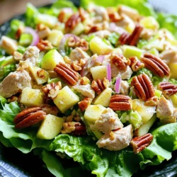 - 2 cups cooked chicken, chopped - 1 large apple (preferably Granny Smith), cored and diced - 1/2 cup pecans, toasted and roughly chopped - 1/2 cup celery, finely chopped - 1/4 cup red onion, finely chopped - 1/3 cup Greek yogurt (or mayonnaise for a creamier texture) - 1 tablespoon honey - 1 tablespoon apple cider vinegar - Salt and pepper to taste - Fresh greens (such as lettuce or spinach) for serving The ingredients in this Apple Pecan Chicken Salad give it a fresh and crunchy taste. The combination of chicken, apple, and pecans makes it a filling dish. You can use any cooked chicken you like. I often use rotisserie chicken for ease. It saves time and adds great flavor. Apples add a sweet and tart kick. Granny Smith apples work best, but feel free to use your favorite. Pecans bring a nice crunch. Toasting them deepens their flavor and makes the salad more exciting. Greek yogurt makes a creamy dressing while keeping it healthy. You can use mayonnaise if you prefer a richer taste. Honey adds a touch of sweetness. Apple cider vinegar gives a tangy note that balances the flavors. This salad is not just tasty; it also packs nutrients. Each ingredient provides health benefits, which I'll discuss next. For the complete recipe, check the [Full Recipe]. - Combine chicken and veggies Start by taking a large mixing bowl. Add 2 cups of cooked chicken that you have chopped. Then, toss in the diced apple. Use one large Granny Smith apple for a nice tart flavor. Next, add 1/2 cup of toasted pecans that you roughly chopped. Include 1/2 cup of finely chopped celery and 1/4 cup of finely chopped red onion. Mix these ingredients well to ensure they blend. - Prepare the dressing In a separate small bowl, mix together 1/3 cup of Greek yogurt, or you can use mayonnaise for a creamier taste. Add 1 tablespoon of honey for sweetness. Then, include 1 tablespoon of apple cider vinegar for a tangy kick. Season with salt and pepper to taste. Stir this mixture until it is smooth and well combined. - Tossing the salad Pour the dressing over the chicken and veggie mix. Gently toss all the ingredients together until everything is evenly coated. Taste the salad and adjust the seasoning if needed. You can add more salt, pepper, or honey based on your preference. - Presentation ideas Serve the salad on a bed of fresh greens, like lettuce or spinach. This adds color and makes it look appealing. You can also use lettuce wraps for a fun twist. - Recommended side dishes Pair this salad with whole-grain bread or a light soup. A crisp, fresh fruit salad complements the flavors well. This meal is tasty and healthy, making it a perfect choice for lunch or dinner. Check out the Full Recipe for more details. To make your Apple Pecan Chicken Salad shine, focus on balance. The sweet apple pairs well with savory chicken. Use a tart apple, like Granny Smith. This adds a nice zing to your dish. For nuts, toasted pecans bring a crunchy texture. They also offer a rich, nutty flavor that blends perfectly. One common mistake is overdressing the salad. Too much dressing can drown out the fresh flavors. Start with a small amount and add more as needed. Another mistake is not considering ingredient substitutions. If you can't find Greek yogurt, mayonnaise is a good swap. Remember, the goal is to keep it fresh and tasty. For the full recipe, check out the complete guide to creating this delightful dish! {{image_2}} You can give your Apple Pecan Chicken Salad a twist. Try adding dried fruits like cranberries or raisins. They add a sweet burst of flavor. You could also use other nuts. Walnuts or almonds work well too. If you want a vegetarian salad, swap the chicken for chickpeas. Chickpeas provide protein and a nice texture. You can also add extra veggies, like shredded carrots or bell peppers. These options create a unique mix while keeping it healthy. The dressing can change the whole taste of your salad. For a creamy option, Greek yogurt works great. If you prefer a lighter feel, try a vinaigrette. You can mix olive oil with lemon juice for a simple dressing. Adding herbs like dill or parsley can brighten the salad. Don’t forget to season with salt and pepper for flavor. For a little kick, add spices like paprika or cumin. This will give your salad a fantastic twist. You can explore these options in the [Full Recipe]. To keep your apple pecan chicken salad fresh, place it in the fridge right away. Use airtight containers to prevent air from getting in. This keeps the salad crisp and tasty. Make sure to label the container with the date you made it. This way, you’ll know when to use it. This salad lasts about 3 to 4 days in the fridge. After that, it may start to spoil. Look for signs like a sour smell or change in color. If it smells off or looks mushy, it’s best to toss it. Always trust your senses to guide you. What is the best type of apple for this salad? I recommend using Granny Smith apples. They are tangy and crunchy. Their tartness balances the sweet honey and creamy dressing well. If you prefer a sweeter taste, you can use Fuji or Honeycrisp apples. Can I use leftover rotisserie chicken? Yes, using leftover rotisserie chicken is a great idea! It saves time and adds flavor. Just chop it up and mix it with the other ingredients. Is it possible to make this salad ahead of time? You can prepare this salad ahead of time. Just keep the dressing separate until serving. This helps the salad stay fresh and crunchy. Can I use a different dressing? Yes, you can use any dressing you like. A vinaigrette works well too. Just make sure it complements the other flavors. Alternatives for Greek yogurt and honey If you want a dairy-free option, try using avocado or cashew cream instead of Greek yogurt. For honey, maple syrup is a nice substitute that adds sweetness. How many does this recipe serve? This recipe serves four people. It’s perfect for a light lunch or dinner. Can it be scaled for larger gatherings? Absolutely! You can double or triple the recipe. Just keep the same ratios for all ingredients. This makes it easy to serve more guests. This blog post provided a simple and tasty chicken salad recipe. You learned about the ingredients, preparation steps, and tips for the best flavor. I also shared ways to customize the recipe and how to store leftovers correctly. Making this salad will save you time and impress your guests. With fresh flavors and easy steps, you can enjoy a healthy meal in minutes. Try it out and get creative!