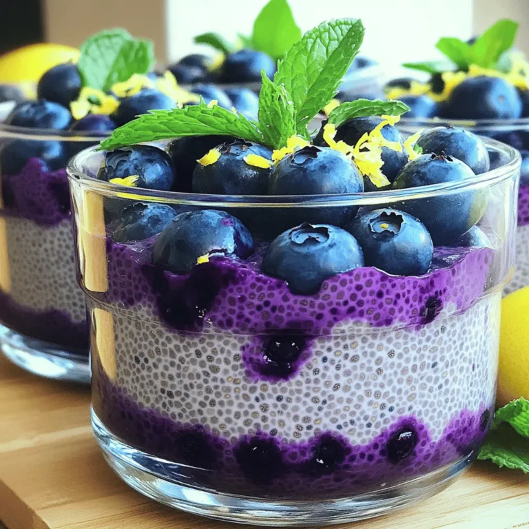 To make Lemon Blueberry Chia Pudding, you need just a few simple items. Here’s what you will need: - 1/4 cup chia seeds - 1 cup almond milk (or any milk of choice) - 2 tablespoons maple syrup (adjust for sweetness) - Zest of 1 lemon - 2 tablespoons fresh lemon juice - 1/2 cup fresh blueberries - A pinch of salt - Optional: Fresh mint leaves for garnish These ingredients work together to create a creamy and flavorful pudding. Chia seeds are the star here. They soak up the liquid and become soft, making the pudding thick and rich. The lemon juice and zest add a bright, zesty taste. Blueberries bring a sweet burst of flavor that pairs perfectly with the lemon. You can adjust the sweetness by adding more or less maple syrup. If you like it sweeter, go for an extra tablespoon. If you prefer it less sweet, use just one tablespoon. This recipe is perfect for breakfast, a snack, or even dessert. For the milk, almond milk is great, but you can use any milk you like. Coconut milk gives a nice tropical twist. These ingredients show how easy it is to make a healthy treat. You don’t need many items, just fresh and simple ones. You can find the full recipe in the article. - Combine Ingredients First, grab a mixing bowl. Add the chia seeds, almond milk, maple syrup, lemon zest, lemon juice, and a pinch of salt. Mix everything well. You want the chia seeds to spread out in the liquid. - Initial Stirring After mixing, let it sit for about 5 minutes. Then, give it another good stir. This step helps stop the chia seeds from clumping together. You want a smooth pudding. - Refrigerate and Set Cover your bowl and place it in the fridge. Let it chill for at least 2 hours. If you can, leave it overnight. The longer it sits, the better the texture will be. The chia seeds will soak up the liquid and turn into pudding. - Layering the Pudding Once the pudding is ready, stir it again. Now, take small bowls or glass cups. Layer the chia pudding with fresh blueberries. This makes it look pretty and adds flavor. - Garnishing the Dish To finish, add a few more blueberries on top. If you like, toss on some fresh mint leaves. This adds a nice pop of color and taste. Enjoy your Lemon Blueberry Chia Pudding! For a complete guide, refer to the Full Recipe. Avoiding Chia Seed Clumps When making Lemon Blueberry Chia Pudding, you want a smooth texture. To avoid clumps, stir the chia seeds well after mixing. After five minutes, give it another stir. This helps keep the seeds evenly spread in the liquid. The more you stir, the better the pudding will turn out. Adjusting Sweetness Not everyone likes the same level of sweetness. If you like it sweeter, add more maple syrup. Start with a small amount, then taste it. This way, you can get it just right for your taste buds. Creative Presentation Ideas How you serve your pudding matters. Use clear bowls or glass cups to show off those vibrant layers. You can even create a parfait style. Alternate layers of pudding and blueberries for a stunning look. Don’t forget to top it off with mint leaves for a fresh touch. Pairing with Other Fruits While blueberries shine in this recipe, you can mix in other fruits too. Try adding sliced strawberries or raspberries for a colorful twist. You can also add some diced mango for a tropical vibe. The options are endless, so have fun with it! For the full recipe, check out the Lemon Blueberry Chia Pudding section. {{image_2}} Other Fruit Options You can switch up the blueberries for other fruits. Strawberries, raspberries, or mangoes work great. Just chop them small. This allows their flavors to mix well with the pudding. Each fruit adds a new twist. You can even use mixed berries for a fun blend! Dairy-Free Alternatives If you want a different base, use coconut milk or oat milk. Both give a creamy texture. Almond milk is great, but don't limit yourself. Each milk type changes the taste, making it unique. Try experimenting with what you have at home! Adding Nuts or Seeds Boost the nutrition by adding nuts or seeds. Chopped almonds or walnuts add a satisfying crunch. You can also sprinkle pumpkin seeds on top. These options add good fats and proteins. They make the pudding heartier and more filling. Incorporating Superfoods Want to make your pudding even healthier? Add superfoods like hemp seeds or spirulina. Hemp seeds are rich in omega-3s. Spirulina adds a nutrient punch and a bright color. Just a spoonful can change the game. These additions make your treat not just tasty but also super healthy! For the full recipe, check the [Full Recipe]. To keep your lemon blueberry chia pudding fresh, store it in an airtight container. This helps avoid unwanted flavors. You can place it in the fridge for a quick snack or breakfast. How long does it last? If you store it properly, it stays good for up to five days. If you notice any changes in smell or texture, it’s best to toss it. Can you freeze chia pudding? Yes, you can freeze this tasty treat! Freezing helps if you want to make a batch ahead of time. Best practices for freezing include using a freezer-safe container. Leave some space at the top for expansion. To enjoy, just thaw it in the fridge overnight. For the full recipe, check out the Lemon Blueberry Chia Pudding details. How to make Lemon Blueberry Chia Pudding? To make this pudding, follow these steps: 1. In a mixing bowl, mix the chia seeds and almond milk. 2. Add maple syrup, lemon zest, lemon juice, and salt. Stir well. 3. Let it sit for 5 minutes, then stir again to avoid clumping. 4. Cover and refrigerate for at least 2 hours, or overnight for best results. 5. Once set, stir again and layer it in bowls with fresh blueberries. 6. Garnish with blueberries and mint if you'd like. Check the Full Recipe for more details. What are the health benefits of chia seeds? Chia seeds are small but mighty. They are high in fiber, which helps with digestion. They also provide protein and omega-3 fatty acids, good for heart health. Plus, chia seeds can keep you full longer, making them great for weight management. Their antioxidants help reduce inflammation too. Can I use other types of milk for this recipe? Yes, you can use any milk you like! Almond milk works well, but coconut, soy, or oat milk are great alternatives too. Just remember that each type of milk may change the flavor slightly. Is this recipe vegan-friendly? Absolutely! This recipe is vegan-friendly. It uses plant-based milk and maple syrup, which are both great for a vegan diet. You can enjoy this treat without any animal products. How can I make it sugar-free? To make this pudding sugar-free, skip the maple syrup and use a sugar-free sweetener. You can use stevia or erythritol, depending on your taste. Just make sure to adjust the amount to match your sweetness preference. This blog post covered how to make Lemon Blueberry Chia Pudding. We explored the ingredients and their roles. You learned the preparation steps and assembly method to create a tasty dish. I shared tips to avoid clumps and ways to adjust sweetness. Finally, we looked at variations and storage options for your pudding. This simple recipe is a healthy treat, easy to customize, and great for any meal. Enjoy your chia pudding adventure!