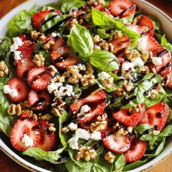 - 2 cups fresh strawberries - 1 cup fresh basil leaves - 1 cup baby spinach - ½ cup crumbled feta cheese - ¼ cup walnuts - 3 tablespoons balsamic glaze - 2 tablespoons olive oil - Salt and pepper to taste To make the Strawberry Basil Salad, you need fresh ingredients. Start with strawberries, which should be ripe and juicy. Look for bright red berries without any blemishes. The basil adds a sweet, aromatic touch. Choose vibrant green leaves for the best flavor. Baby spinach gives a nice crunch and color. Next, the feta cheese adds creaminess and saltiness. It balances well with the sweetness of the strawberries. Walnuts give a lovely crunch and healthy fats. For the dressing, balsamic glaze adds a sweet and tangy kick. Olive oil brings richness to the salad. Finally, salt and pepper enhance all the flavors. You can find the full recipe to create this fresh and flavorful delight! - Hull and slice 2 cups of fresh strawberries. - Tear 1 cup of fresh basil leaves into small pieces. - Chop 1 cup of baby spinach into bite-sized pieces. This simple prep makes your salad fresh and bright. Use a sharp knife to slice the strawberries. Clean the basil and spinach well before tearing and chopping. This ensures that all flavors mix well later. - Combine the sliced strawberries, torn basil, and chopped spinach in a large mixing bowl. - Add ½ cup of crumbled feta cheese and ¼ cup of roughly chopped walnuts. Mixing these ingredients brings together a sweet and savory taste. The feta cheese adds creaminess, while walnuts give a nice crunch. - Drizzle with 3 tablespoons of balsamic glaze and 2 tablespoons of olive oil. - Toss gently to mix everything together. Be careful not to crush the strawberries while tossing. The glaze and oil will enhance the flavors. Season with salt and pepper to taste, adjusting to your liking. Enjoy your fresh Strawberry Basil Salad! For more details, check the Full Recipe. How to pick ripe strawberries Choose strawberries that are bright red. The berries should feel firm but not hard. Look for shiny skin and a fresh green green top. Avoid any berries with soft spots or mold. Smell the strawberries; ripe ones have a sweet aroma. Identifying fresh basil Fresh basil should have vibrant green leaves. The leaves should feel smooth and not wilted. Check for any dark spots or yellowing. A fresh basil plant gives off a strong, sweet scent. If the smell is weak, it might not be fresh. Best ways to present the salad For a stunning look, serve your salad in a large bowl. You can also use individual plates for a personal touch. Drizzle a bit of extra balsamic glaze on top for shine. Garnish with a fresh basil sprig for added color. Ideal pairings with entrées This salad pairs well with grilled chicken or fish. It complements pasta dishes too. You can also serve it with a light sandwich. The fresh flavors balance heavier meals nicely. Alternatives to balsamic glaze If you want a twist, try honey mustard dressing. A lemon vinaigrette also works well. For a creamy touch, use a yogurt-based dressing. Each option adds a unique flavor to your salad. Homemade dressing ideas Making your own dressing is easy and fun! Combine olive oil, lemon juice, and a pinch of salt. You can also mix olive oil with apple cider vinegar. Add herbs like oregano for more flavor. For the full recipe, check out the detailed instructions above. {{image_2}} You can easily change this salad with seasonal fruits. Try adding peaches or blueberries in summer. They add sweetness and a nice color pop. You can also swap baby spinach for mixed greens. This makes it light and fresh. Each season brings new flavors to enjoy. If you want a vegan version, skip the feta cheese. You can use avocado for creaminess. For a gluten-free option, the salad is already great as is. Just make sure your balsamic glaze is gluten-free. These swaps keep the salad tasty for all diets. To boost flavors, add herbs like mint or cilantro. These herbs bring a fresh twist. You can also sprinkle some chili flakes for heat. Adding proteins like grilled chicken or shrimp makes it a complete meal. These enhancements keep the salad exciting and filling. For the full recipe, check out the original source. To keep the salad fresh, store it in an airtight container. This helps prevent wilting. You can layer paper towels inside to absorb moisture. This keeps the leaves crisp. For pre-prepared ingredients, store strawberries and basil separately. Add them to the salad only when you are ready to eat. This keeps the flavors bright and fresh. You can store the salad for about three days in the fridge. After this time, it may lose its taste and texture. Watch for signs of spoilage. If the basil turns brown or the strawberries become mushy, it's time to toss it. Get creative with leftover ingredients! You can turn the salad into a sandwich. Just layer it between slices of bread. Another option is to make a wrap. Use a tortilla to hold the salad and some protein. This makes a tasty meal for lunch or a snack. For the full recipe of this delightful salad, check out the complete guide! Strawberries are low in calories and high in vitamins. They provide vitamin C, which boosts your immune system. They also contain fiber, which helps digestion. Plus, strawberries have antioxidants that protect your body from damage. Basil is more than just a tasty herb. It has anti-inflammatory properties that benefit your health. Basil supports heart health and may help reduce stress. Adding basil to your diet can enhance your overall wellness. Yes, you can prep this salad ahead of time. Slice the strawberries and chop the spinach earlier in the day. Keep the salad dry and separate from the dressing. This way, the salad stays fresh and crisp. To maintain freshness, store the salad in an airtight container. Add the dressing just before serving. This keeps the flavors bright and prevents sogginess. This salad pairs well with grilled chicken or fish. The fresh flavors complement the protein nicely. You can also enjoy it with a light pasta dish for a filling meal. For beverages, try a chilled white wine. A sparkling water with lemon also works well. Both choices enhance the salad's fresh taste. Absolutely! You can package this salad for easy meals. Use small containers to portion out servings. This makes it easy to grab and go. For meal prep storage, the salad lasts about three days in the fridge. Just make sure to keep the dressing separate. This will help keep your salad fresh. For the full recipe, check out the details above and enjoy! This blog post covered everything you need to know to make a tasty Strawberry Basil Salad. We discussed fresh ingredients, step-by-step preparation, and tips to enhance your dish. Don't forget to get creative with swaps and storage tips to keep it fresh. With this guide, you're ready to impress at your next meal. Enjoy every bite and feel great knowing you're eating healthy!