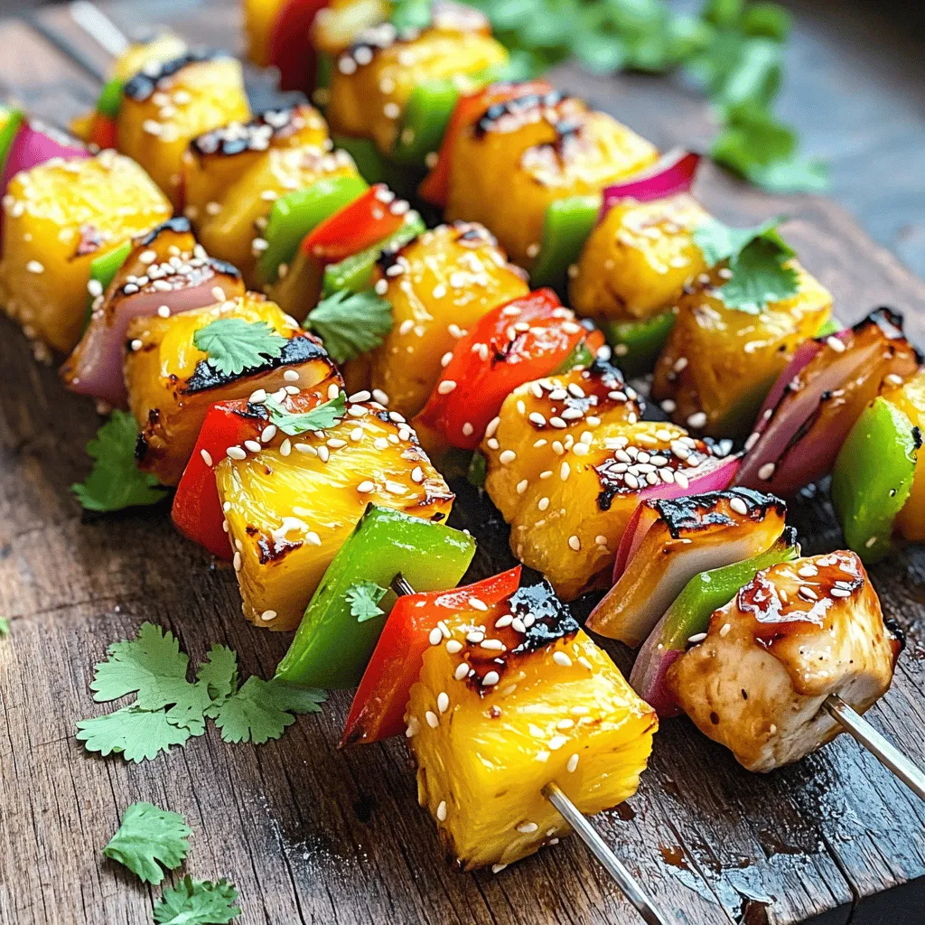- 1 lb boneless chicken breast - 1 cup fresh pineapple - 1 red bell pepper - 1 green bell pepper - 1 small red onion - 1/4 cup soy sauce - 2 tablespoons honey - 1 tablespoon rice vinegar - 1 tablespoon sesame oil - 1 teaspoon grated ginger - 2 cloves garlic - Salt and pepper - Skewers (bamboo or metal) - Sesame seeds (for garnish) - Fresh cilantro (for garnish) When I plan to make teriyaki pineapple chicken kabobs, I gather these fresh ingredients first. The chicken breast is the star of the dish. I cut it into bite-sized cubes. The pineapple adds a sweet touch that balances the salty soy sauce. I also use red and green bell peppers for color and crunch. A small red onion adds even more flavor. Next, I prepare the marinade. This part is key. I mix soy sauce, honey, rice vinegar, sesame oil, grated ginger, and minced garlic in a bowl. This marinade makes the chicken juicy and flavorful. Don’t forget to season with a pinch of salt and pepper! For cooking, I need skewers. Bamboo is great, but metal works too. If I choose bamboo, I soak them in water. This helps prevent burning on the grill. Finally, I keep sesame seeds and fresh cilantro on hand for a lovely finish. You can find the full recipe by following the link. Each ingredient plays an important role in making these kabobs a delicious treat. To start, you need to make the teriyaki marinade. In a medium mixing bowl, whisk together: - 1/4 cup soy sauce - 2 tablespoons honey - 1 tablespoon rice vinegar - 1 tablespoon sesame oil - 1 teaspoon grated ginger - 2 cloves garlic, minced - Salt and pepper to taste This blend adds a nice sweet and salty flavor. I love how it brings out the chicken's taste. Next, take your cubed chicken and place it in a resealable plastic bag or bowl. Pour about half of the marinade over the chicken. Save the rest for later. Seal the bag or cover the bowl. Let it marinate in the fridge for at least 30 minutes. If you have time, let it sit for 1-2 hours. This step is key for flavor. While the chicken marinates, you can prepare the skewers. If you are using bamboo skewers, soak them in water for at least 30 minutes. This keeps them from burning on the grill. Now, it’s time to assemble the kabobs. Take the soaked skewers and start adding the ingredients. Alternate between chicken, fresh pineapple, red bell pepper, green bell pepper, and red onion. Make sure to create a colorful and tasty pattern. This not only looks great but also helps the flavors mix well. Once your kabobs are ready, preheat your grill or grill pan to medium-high heat. I find that a hot grill gives the best sear. Place the kabobs on the grill and cook for 10-15 minutes. Turn them occasionally. This ensures even cooking and nice grill marks. While they grill, brush the reserved marinade over the kabobs. This adds extra flavor and keeps them moist. When the chicken is cooked through, remove the kabobs from the grill. Let them rest for a few minutes. Don't forget to sprinkle sesame seeds and fresh cilantro on top for a lovely finish. For the full recipe, you can check the earlier section. Enjoy your delicious teriyaki pineapple chicken kabobs! Using fresh ingredients makes a big difference in flavor. Fresh chicken, ripe pineapple, and crisp veggies elevate your dish. For the best taste, marinate the chicken for at least 30 minutes. However, if you can wait, 1-2 hours offers deeper flavor. The ideal grill temperature is medium-high. This heat gives your kabobs a nice sear while cooking the chicken. To prevent sticking, soak bamboo skewers in water for 30 minutes before using. Also, lightly oil the grill grates with a paper towel dipped in oil. This helps your kabobs slide off easily. Pair your kabobs with fluffy rice or a fresh veggie salad. These sides balance the sweet and savory flavors of the kabobs. For dipping, try serving with soy sauce or a zesty pineapple salsa. These sauces add an extra burst of flavor and keep things fun. Want to make your meal even better? Check out the Full Recipe for more ideas! {{image_2}} You can change up the kabobs by using different proteins. Shrimp works great and cooks quickly. Beef adds a rich taste. Try marinating thin slices of steak in the teriyaki sauce. You can also mix in alternative veggies. Zucchini or mushrooms can add a nice twist. These options keep the meal fresh and exciting. You can choose between homemade or store-bought teriyaki sauce. Making it at home is easy. Just mix soy sauce, honey, ginger, and garlic. Store-bought sauces save time but check the label. Some are high in sodium. You can find low-sodium options for a healthier choice. This way, you can enjoy the flavor without worrying about salt. You can also cook kabobs in the oven. Preheat it to 400°F (204°C) and place the kabobs on a baking sheet. Cook for about 15-20 minutes, flipping once. Stovetop grilling is another fun method. Heat a grill pan over medium-high heat. This gives you nice grill marks and a smoky flavor. Both methods yield tasty results, so pick what works best for you. For the full recipe, check out the Tropical Teriyaki Pineapple Chicken Kabobs. To store leftover kabobs, let them cool first. Place the kabobs in an airtight container. This keeps them fresh for up to three days. Use glass or plastic containers with tight lids. They help prevent moisture loss and keep flavors intact. For freezing, wrap each kabob in plastic wrap. Then, place them in a freezer-safe bag. Remove as much air as possible before sealing. This way, they can last up to three months. When you want to eat them, thaw in the fridge overnight. This keeps them from getting mushy. To reheat, use an oven or grill. Preheat the oven to 350°F. Place the kabobs on a baking sheet and cover with foil. Heat for about 10-15 minutes. This method keeps the kabobs juicy. If using a grill, heat it to medium. Grill for a few minutes until warmed through. Avoid overcooking to maintain texture. For the best taste, brush with a little teriyaki sauce while reheating. Now, you can enjoy your teriyaki pineapple chicken kabobs even after the initial feast. Check out the Full Recipe for more tips! To make teriyaki sauce, use these simple steps: - Combine 1/4 cup soy sauce - Add 2 tablespoons honey - Mix in 1 tablespoon rice vinegar - Stir in 1 tablespoon sesame oil - Grate 1 teaspoon of ginger - Add 2 minced garlic cloves This mix creates a rich teriyaki sauce. You can adjust sweetness or saltiness to fit your taste. Yes, you can. Here are some tips: - Marinate the chicken the night before. - Assemble the kabobs in advance and store them in the fridge. - Keep the kabobs covered to avoid drying out. This way, you will save time on the day of grilling. Some great sides to serve are: - Steamed jasmine rice - Grilled vegetables like zucchini or asparagus - A fresh side salad with a light dressing For drinks, try a fruity iced tea or coconut water. These pair well with the sweet and savory flavors of the kabobs. In this guide, we explored how to make Teriyaki Pineapple Chicken Kabobs. We covered the key ingredients, including chicken, pineapple, and bell peppers. We walked through marinade preparation, kabob assembly, and grilling tips. I shared ideas for variations and how to store leftovers effectively. By using fresh, quality items and following the steps, you’ll create a tasty meal. Enjoy experimenting with different ingredients and methods. Your kabobs will impress friends and family alike. Now, get cooking, and have fun!