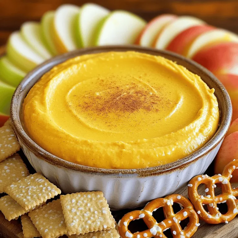 To make this tasty pumpkin cheesecake dip, you need some key items. Here’s what you’ll need: - 1 cup cream cheese, softened - 1 cup pumpkin puree - 1/2 cup powdered sugar - 1 teaspoon vanilla extract - 1 teaspoon pumpkin pie spice - 1/4 teaspoon salt - 1/2 cup whipped topping These ingredients combine to create a smooth and creamy dip. The cream cheese gives it a rich base, while pumpkin brings the fall flavor. You can add some fun garnishes and choose great dippers. Here are some ideas: - A sprinkle of pumpkin pie spice - A dollop of whipped topping - Graham crackers - Apple slices - Pretzels These options make your dip even more enjoyable. The sweet and salty mix will delight your guests. To make this dip, you’ll need a few simple tools: - Mixing bowl - Hand mixer or whisk - Spatula - Serving bowl Using the right tools helps you mix well and serve nicely. For the full recipe, check out the details in the provided section. To start, gather all your ingredients. You will need: - 1 cup cream cheese, softened - 1 cup pumpkin puree - 1/2 cup powdered sugar - 1 teaspoon vanilla extract - 1 teaspoon pumpkin pie spice - 1/4 teaspoon salt - 1/2 cup whipped topping - Graham crackers, apple slices, or pretzels for dipping First, take the cream cheese and pumpkin puree. Place them in a mixing bowl. Use a fork or a hand mixer to blend them. Mix until the texture is smooth and creamy. This step is key for a nice dip. Next, it’s time to add the sweet stuff. Gradually add the powdered sugar. Mix it in until there are no lumps left. Now, add the vanilla extract, pumpkin pie spice, and salt. Stir these ingredients in well. Once everything is mixed, gently fold in the whipped topping. This makes the dip light and fluffy. You want to keep that airy texture. After folding, transfer the dip to a serving bowl. Smooth the top with a spatula for a nice finish. Now, cover the dip with plastic wrap. Place it in the fridge for at least 30 minutes. Chilling helps the flavors blend and makes it even tastier. Before serving, give the dip a quick stir. You can garnish it with a sprinkle of pumpkin pie spice. A dollop of whipped topping on top also looks great. Serve it with graham crackers, apple slices, or pretzels around it. This makes a fun and inviting platter. For the full recipe, be sure to check out the detailed instructions above. Enjoy your pumpkin cheesecake dip! To get that smooth, creamy dip, start with softened cream cheese. I let mine sit at room temperature for about 30 minutes. This step helps mix it well with the pumpkin puree. When you combine the two, use a sturdy spatula or mixer. Blend until you see no lumps. Be gentle when folding in the whipped topping. This keeps your dip light and fluffy. One common mistake is not measuring the pumpkin puree well. Too much can make the dip runny. Always use a dry measuring cup. Another mistake is skipping the chill time. Letting the dip sit in the fridge for at least 30 minutes helps the flavors mix well. If you skip this step, your dip may taste flat. Want to boost the flavor? Consider adding a pinch of cinnamon or nutmeg. These spices can make your dip even more delicious. You can also add a splash of maple syrup for extra sweetness. If you love a hint of tanginess, mix in a spoonful of cream cheese frosting. This can make your dip even richer. For the full recipe, check out the details above. {{image_2}} You can make this dip healthier with a few easy swaps. Use low-fat cream cheese instead of regular cream cheese. This keeps the dip creamy while cutting calories. You can also replace powdered sugar with honey or maple syrup for a natural sweetener. Try yogurt for the whipped topping. This adds protein and cuts fat, making it lighter. Feel free to get creative! You can add a touch of chocolate to your dip. Just mix in some cocoa powder or melted chocolate. For a more tropical twist, add coconut cream. You can also use different spices, like cinnamon or nutmeg, for a unique taste. Each change gives the dip a new flavor that’s fun to try. Change the dip with seasonal ingredients too. In spring, swap pumpkin for ripe strawberries to make a berry dip. In winter, try crushed peppermint candy mixed in for a festive touch. You can also add spices like allspice or cardamom for a wintery feel. These swaps keep the dip fresh and exciting all year round. For the full recipe, check out the detailed steps above. Enjoy exploring different flavors and variations! To keep your pumpkin cheesecake dip fresh, use an airtight container. This helps prevent the dip from absorbing other smells in the fridge. If you have leftover dip, cover it tightly before storing. Always make sure to use a clean spoon when scooping out more dip. Pumpkin cheesecake dip lasts for about 3 to 5 days in the fridge. After that, the flavors may start to fade. Always check for any off smells or changes in texture before serving leftovers. If it looks or smells strange, it's best to toss it out. You can freeze pumpkin cheesecake dip for up to a month. To freeze, place it in a freezer-safe container, leaving some space at the top. This allows for expansion. When ready to enjoy, thaw it in the fridge overnight. After thawing, mix it well to restore its creamy texture. Enjoy your dip with graham crackers, apple slices, or pretzels! For the full recipe, check out the earlier section. Yes, you can make this dip a day ahead. Making it in advance lets the flavors blend well. Just store it in the fridge. When you are ready to serve, stir it lightly. You might want to add more whipped topping for extra fluffiness. If you lack pumpkin pie spice, mix ground cinnamon, ginger, and nutmeg. Use one teaspoon of cinnamon, half a teaspoon of ginger, and a pinch of nutmeg. This mix gives a similar warm flavor to your dip. You can also use just cinnamon if that's all you have. To make this dip dairy-free, swap cream cheese with a dairy-free cream cheese. Use coconut whipped cream instead of regular whipped topping. Ensure your pumpkin puree is pure and free of dairy. This way, you still get a creamy and tasty dip without dairy. For the complete recipe, check the Full Recipe. This article shared the key steps to make a tasty pumpkin cheesecake dip. You learned about the main ingredients, mixing tips, and how to store leftovers. I also covered variations, garnishes, and some common mistakes. Always remember to taste as you go. You can make this dip your own by adding flavors. Enjoy the process and have fun sharing it with family and friends!
