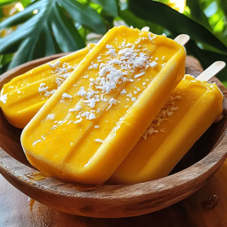 - 2 ripe mangoes, peeled and diced - 1 cup coconut milk (canned for creaminess) - 1 tablespoon honey or maple syrup (optional, depending on sweetness preference) - 1 tablespoon lime juice - 1/4 teaspoon vanilla extract - Pinch of salt For these popsicles, ripe mangoes are key. They give a sweet and juicy flavor. Use fresh mangoes for the best taste. Coconut milk adds a creamy texture. I recommend canned coconut milk for a richer taste. Honey or maple syrup can sweeten the mix, but it’s up to you. Lime juice balances the flavors and adds a zesty kick. A pinch of salt can enhance all the sweet notes. - Coconut flakes for garnish - Additional fruits for variations Coconut flakes make a fun garnish. They add texture and boost the tropical vibe. You can also mix in other fruits. Think strawberries or pineapple for a twist! You can find the full recipe linked above to explore all the tasty options. Start by peeling the mangoes. Use a sharp knife and cut off the skin. Next, dice the mangoes into small pieces. This helps them blend better. Measure out one cup of coconut milk. Use canned coconut milk for creaminess. Gather the other ingredients: honey or maple syrup, lime juice, vanilla extract, and a pinch of salt. Place all the ingredients in a blender. Blend until the mixture is smooth. This may take a minute or two. If you want it sweeter, taste the blend. You can add more honey or maple syrup. Blend again to mix in the sweetener. It should be creamy and delicious. Pour the mango-coconut mixture into popsicle molds. Leave a little space at the top. This allows the popsicles to expand. Insert popsicle sticks into each mold. Tap the molds gently on the counter. This removes air bubbles. Freeze the molds for 4 to 6 hours. Make sure they are completely solid before serving. For a detailed guide, check the Full Recipe. For creamy mango coconut popsicles, choose full-fat coconut milk. This type gives you a rich, smooth base. You can also use light coconut milk for a lighter treat. If you want more creaminess, add a bit of yogurt. Greek yogurt works well, adding both creaminess and protein. You can add a pinch of cinnamon or nutmeg for extra warmth. Fresh mint or basil also gives a nice twist. To balance the sweetness, add a splash of lime juice. Lime brightens the flavors and makes the popsicles taste fresh. Present your popsicles by placing them on a colorful plate. You can add a sprig of mint for a pop of color. For gatherings, serve them in a bowl with ice to keep them cold. Pair these popsicles with fresh fruit or a light cake for a fun treat. Check out the Full Recipe for more details on making these delicious popsicles! {{image_2}} You can add many fruits to your mango coconut popsicles. Berries like strawberries, blueberries, or raspberries work great. They add a pop of color and flavor. You can also use other tropical fruits, such as pineapple or passion fruit. Mixing fruits adds fun layers to your pops. Swirls of different purees look pretty, too. You can blend a berry puree and swirl it into your mango mixture. This adds visual appeal and a taste twist. Just pour a little puree into the molds before adding the mango mix. Swirl gently with a knife for a stunning effect. If you want a healthier treat, you can use alternative sweeteners. Try agave syrup or stevia instead of honey or maple syrup. These options can reduce sugar while keeping sweetness. You can also use unsweetened coconut milk. This helps cut calories and gives you a creamy texture without added sugar. Making these popsicles vegan is easy. Just be sure all your ingredients meet vegan standards. For example, use maple syrup instead of honey. You can also swap regular coconut milk for a plant-based milk. Almond or oat milk works well, too. Using these tips, you can create a mango coconut popsicle that fits your needs. For the full recipe, check out the delicious Tropical Bliss Mango Coconut Popsicles. To keep your mango coconut popsicles fresh, store them in airtight containers. This prevents freezer burn and keeps flavors intact. You can also wrap each popsicle in plastic wrap. This extra layer helps seal in moisture. Make sure the containers are clean before use. Label the containers with the date. This way, you won't forget when you made them. These popsicles can last up to two months in the freezer. After that, they may lose flavor and texture. Signs of spoilage include ice crystals forming on the surface or an off smell. If you notice these signs, it's best to toss them out. Always check your popsicles before enjoying them. Cleaning your popsicle molds is simple. Wash them with warm, soapy water after each use. Rinse well to remove any soap. You can use leftover popsicle bases in new flavors. Try mixing them with yogurt or fruit juice for a fun twist. This way, you can enjoy different treats while reducing waste. Yes, you can use frozen mangoes. They will blend well and create a nice texture. Just let them thaw for a few minutes. This helps the blender work better. The flavor stays sweet and fruity, just like fresh mangoes. You can add more honey or maple syrup. Start with one tablespoon, then taste the mix. If you want it sweeter, add more a little at a time. Blend briefly to mix in the extra sweetener. This way, you control how sweet your popsicles are. If you don’t have coconut milk, use almond milk or soy milk. These will change the flavor a bit. You can also try oat milk for a creamier texture. Just pick a milk that you like best. Yes, you can make sugar-free popsicles. Use ripe mangoes for natural sweetness. Avoid adding honey or syrup. You can use a sugar substitute like stevia if you want. This way, you enjoy the popsicles without extra sugar. To prevent sticking, run warm water over the mold outside. This helps loosen the popsicles. You can also let them sit at room temp for a minute. Gently pull on the sticks to release them. Enjoy your popsicles right after! Making mango coconut popsicles is fun and easy. We explored key ingredients like ripe mangoes and coconut milk. I shared tips for blending, molding, and freezing your popsicles. Optional ingredients can add flavor and texture. Variations can suit any taste or diet. Remember, proper storage keeps popsicles fresh longer. In the end, enjoy the creativity in your recipes. These popsicles can brighten your day and impress others. Get started and make your own tasty treats!