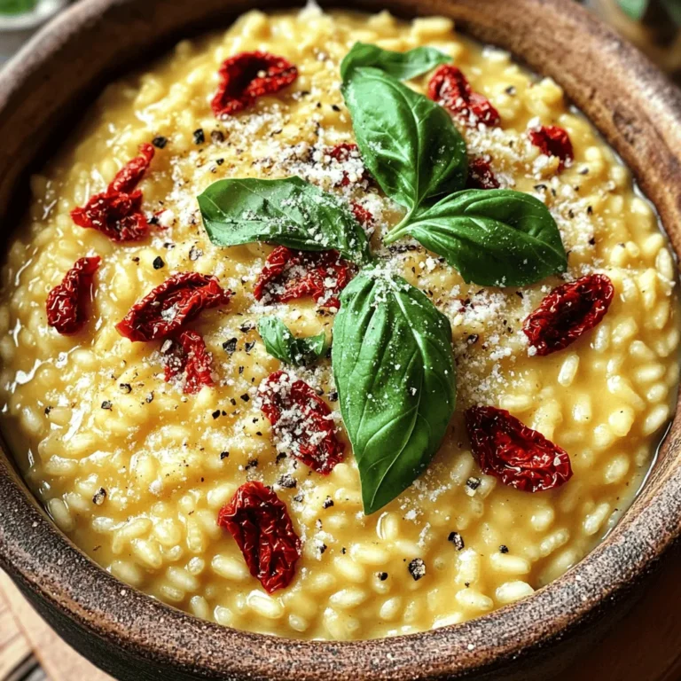 To create a rich and flavorful creamy sun-dried tomato risotto, gather these key ingredients: - 1 cup Arborio rice - 4 cups vegetable broth - 1/2 cup sun-dried tomatoes, chopped - 1 small onion, finely chopped - 2 cloves garlic, minced - 1/2 cup heavy cream - 1 cup freshly grated Parmesan cheese - 2 tablespoons olive oil - Salt and pepper to taste - Fresh basil leaves for garnish Each ingredient plays an important role in making the risotto creamy and savory. Arborio rice is special because it absorbs flavors and releases starch, giving that lovely creamy texture. Vegetable broth adds depth and warmth. Sun-dried tomatoes bring a sweet and tangy punch to the dish. The onion and garlic add a savory base, while heavy cream and Parmesan cheese make it indulgent and rich. Olive oil, salt, and pepper enhance all the flavors, and fresh basil adds a pop of color and freshness. For the full recipe, check out the detailed instructions above and get ready to enjoy this delightful dish! First, you need to warm the vegetable broth. Pour it into a medium saucepan. Heat it over low heat and keep it warm while you cook. A warm broth helps the rice cook evenly. If the broth is cold, it can slow down the cooking and make it hard to get that creamy texture. Next, grab a large skillet or heavy saucepan. Add the olive oil and heat it over medium heat. Once hot, add the finely chopped onion. Cook for about 3-4 minutes until it turns translucent. This step adds a deep flavor base. Then, add the minced garlic and chopped sun-dried tomatoes. Sauté for another minute or two. This mix will smell amazing and brighten the dish. Now, it’s time to add the Arborio rice. Pour it into the skillet and stir to coat it with oil. Toast the rice lightly for about 2 minutes. This step brings out the nutty flavor in the rice. After that, start adding the warm broth. Use one ladle at a time. Stir the rice as you add the broth. Wait until the rice absorbs most of the liquid before adding more. Continue this process for about 18-20 minutes. The rice should be creamy and slightly firm. Once the rice is cooked, take the skillet off the heat. Stir in the heavy cream and grated Parmesan cheese. Mix until everything is smooth and creamy. Now, season with salt and pepper to taste. Let it sit for a minute or two to thicken. This resting time helps the flavors meld. Serve it hot in bowls, topped with fresh basil and extra Parmesan if you want. For the full recipe, check out the ingredients above. To make your risotto extra creamy, focus on your stirring. You should stir often, but not too fast. This gentle motion helps release the starch from the rice, which gives the dish that rich texture. Aim for an even cooking time of about 18 to 20 minutes. Keep the heat steady but not too high. Choosing the right sun-dried tomatoes is key. Look for those packed in oil, as they bring more flavor. If they are dry, soak them in warm water first. Fresh cheese is just as important. Use freshly grated Parmesan for the best taste. Pre-grated cheese often lacks flavor and can be grainy. One big mistake is overcooking the rice. It should be al dente, which means it should have a slight bite. If you overcook it, the risotto will turn mushy. Also, balance your flavors. Taste as you go. If it’s too salty, add a touch more cream. If it’s bland, a pinch of salt can bring it to life. For the full recipe, check out the Creamy Sun-Dried Tomato Risotto . {{image_2}} You can change up the risotto by adding veggies. Try spinach, peas, or mushrooms. These add color and nutrition. If you want a fresh twist, use seasonal veggies. For spring, think asparagus. In fall, add roasted butternut squash. Mix and match to suit your taste! Want to make the dish heartier? Consider adding chicken or shrimp. Cook them separately, then mix them in at the end. This adds protein and flavor. If you prefer plants, try chickpeas or lentils for a vegetarian option. They give the risotto a nice texture and boost nutrition. Herbs can take your risotto to the next level. Fresh basil, thyme, or parsley work well. They add a bright taste. If you want to switch things up, consider using a cheese other than Parmesan. Feta or goat cheese can add a tangy flavor. You can find many ways to enhance the taste of this dish. For the full recipe, check out the complete guide! To keep your risotto fresh, store it in the fridge. Place it in an airtight container. This helps prevent any odors from mixing. Make sure to cool your risotto to room temperature first. It’s best to eat leftovers within three days for great taste. When reheating, you want to keep that creamy texture. The stovetop is the best way to do this. Add a splash of broth or water while heating. Stir often to help it warm evenly. If you use a microwave, place it in a bowl. Cover it with a damp paper towel. Heat in short bursts, stirring in between, to avoid drying it out. Yes, you can freeze risotto, but it may lose some creaminess. For best results, freeze it right after cooking. Use freezer-safe containers or bags, leaving some space for expansion. Make sure to label them with dates. It’s best to use frozen risotto within three months. When ready to eat, thaw it overnight in the fridge before reheating. Check the [Full Recipe] for tips on making this dish perfect every time. Making Creamy Sun-Dried Tomato Risotto takes about 30 minutes in total. You will spend around 10 minutes preparing the ingredients. Cooking the risotto takes about 20 minutes. This quick time means you can enjoy this dish even on a busy night. You can use regular rice, but the risotto may not be as creamy. Arborio rice has a high starch content. This starch gives risotto its rich and creamy texture. Regular rice cooks faster too, so check the cooking time. There are several non-dairy options for heavy cream. You can use coconut milk or cashew cream. These give a rich flavor without dairy. If you want a lighter option, try using almond milk thickened with a bit of cornstarch. To boost the flavor, add fresh herbs like thyme or parsley. You can also mix in spices like paprika or cayenne for heat. Adding cooked mushrooms or spinach gives extra taste and texture. Consider using a splash of wine for depth, too. Making Creamy Sun-Dried Tomato Risotto is simple and fun. You learned about key ingredients, step-by-step cooking methods, and tips for creamy texture. I shared ideas for adding veggies or protein too. Keeping track of storage and reheating methods will help you enjoy leftovers. Take these lessons to create your own delicious risotto. With practice, you’ll impress everyone at the dinner table. Enjoy your cooking journey!