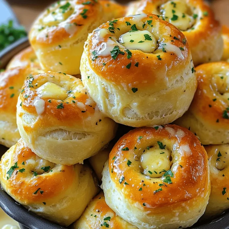 - 3 cups all-purpose flour - 1 packet (2 1/4 tsp) instant yeast - 1 tbsp sugar - 1 tsp salt - 1 cup warm milk (about 110°F) - 4 tbsp unsalted butter, melted - 3 cloves garlic, minced - 1/2 cup grated parmesan cheese - 1/4 cup fresh parsley, chopped - 1 tsp Italian seasoning - Extra butter for brushing Getting the right measurements is key. When measuring flour, spoon it into your cup. Then, level it off with a knife. This keeps your dough from getting too dense. For the warm milk, use a kitchen thermometer. You want it around 110°F. This helps the yeast wake up and do its job. Melt the butter before you start mixing. Let it cool slightly so it won't cook the yeast. Chop the garlic finely. This way, you get great flavor in every bite. You can switch some ingredients if needed. If you run out of all-purpose flour, you can use bread flour. This will make your rolls a bit chewier. For the milk, you can use almond milk or oat milk. Just make sure they are warm, too. If you don’t have fresh parsley, dried parsley works just fine. You can also use any cheese you like instead of parmesan. Mozzarella or cheddar will give a nice twist to the rolls. You can find the full recipe linked below for more details. To start, gather your ingredients. You need warm milk, sugar, yeast, flour, salt, and butter. In a large bowl, mix the warm milk, sugar, and yeast. Let it sit for 5 minutes. This helps the yeast activate. You want it to get frothy. Next, add melted butter, salt, and 2 cups of flour. Use a spatula to mix until combined. Gradually add the rest of the flour. You might need a little more or less flour based on the humidity. Once the dough forms a soft ball, knead it on a floured surface for about 5 to 7 minutes. You want it to be smooth and elastic. Place the dough in a greased bowl. Cover it with a clean towel and let it rise in a warm spot for about 1 hour. It should double in size. After the dough rises, punch it down. Divide it into 15 equal pieces. In a small bowl, mix minced garlic, grated parmesan, parsley, and Italian seasoning. Roll each piece of dough into a ball. Dip each ball into melted butter, then roll it in the garlic-parmesan mix. This step adds amazing flavor. Place the coated dough balls in a greased bundt pan or oven-safe dish. Stack them up like little towers. Brush any leftover melted butter on top. Sprinkle any remaining garlic-parmesan mixture over the rolls. Cover this and let them rise again for 20 to 30 minutes. Preheat your oven to 375°F (190°C). Once the rolls have risen again, bake them for 25 to 30 minutes. They should turn a lovely golden brown on top. When done, remove them from the oven. Let them cool for a few minutes. Then, turn the rolls out onto a serving platter. Serve them warm, with extra melted butter for dipping. For a nice touch, sprinkle fresh parsley on top. Now, you have garlic parmesan pull apart rolls that are delightful and easy to make. For the complete recipe, check the Full Recipe section. To get the best dough for your rolls, start with warm milk. The milk should feel warm but not hot, around 110°F. This warmth helps the yeast activate. When mixing the flour, add it slowly. You want a soft dough that is not too sticky. If the dough feels sticky, add a bit more flour. Knead it for 5 to 7 minutes until it feels smooth and elastic. This step is key for great texture. You can add more flavors to your rolls. Try adding herbs like rosemary or thyme to the dough. Mixing in a bit of cheese, like mozzarella, can also boost flavor. If you love garlic, increase the amount you use. You can even add garlic powder to the dough for an extra kick. For a zesty twist, sprinkle some red pepper flakes into the garlic-parmesan mix. One mistake is not letting the dough rise enough. Always allow it to double in size, as this makes the rolls fluffy. Avoid using cold milk, as it can slow down yeast activity. Another common error is overcrowding the rolls in the pan. Give them space to rise and expand. Lastly, resist the urge to skip the butter brush before baking. This step gives the rolls a nice golden color and adds flavor. For the full recipe to create these delightful rolls, click here: [Full Recipe]. {{image_2}} You can make your garlic parmesan pull apart rolls even more exciting. Try adding fresh herbs like rosemary or thyme. You can mix these herbs into the garlic-parmesan coating. This will give your rolls a fresh taste. You can also use different cheeses. Add mozzarella for a gooey, melty center. Or try sharp cheddar for a bolder flavor. Just remember to keep the garlic flavor strong! Want something sweet? You can easily switch your savory rolls to a sweet treat. Use cinnamon and sugar instead of garlic and parmesan. Coat the dough balls in melted butter, then roll them in the cinnamon-sugar mix. You can even add chocolate chips or dried fruit for extra flavor. These sweet rolls pair well with coffee or tea. You can enjoy garlic parmesan pull apart rolls even if you're gluten-free. Use a gluten-free flour blend that works for baking. Make sure it has xanthan gum or another binder. This helps give your rolls a nice texture. Follow the same steps as in the full recipe. Keep an eye on the dough's consistency. It may differ from standard flour. Enjoy the same great taste without the gluten! To keep your Garlic Parmesan Pull Apart Rolls fresh, let them cool completely. Once cooled, place them in an airtight container. They stay good at room temperature for up to two days. If you see any moisture in the container, add a paper towel to absorb it. This helps keep your rolls soft and fluffy. If you want to save some rolls for later, freezing is easy. Wrap each roll tightly in plastic wrap. Then, place them in a freezer-safe bag or container. These rolls can stay in the freezer for up to three months. When you're ready to eat, just take out what you need. To enjoy your rolls again, preheat your oven to 350°F (175°C). Unwrap the rolls and place them on a baking sheet. Heat them for about 10-15 minutes until warm. You can also microwave them for quick heating. Just place a damp paper towel over the rolls to keep them soft. Enjoy your tasty Garlic Parmesan Pull Apart Rolls again! For the full recipe, check out the earlier section. To make Garlic Parmesan Pull Apart Rolls from scratch, start with warm milk and yeast. Wait five minutes until it foams. Then mix in melted butter, salt, and flour. Knead the dough until it feels smooth. Let it rise in a warm spot for one hour. Once risen, divide it into small balls. Coat each ball in melted butter and garlic-parmesan mix. Stack them in a pan and let them rise again. Bake at 375°F for 25-30 minutes. Enjoy the warm, cheesy goodness right out of the oven! Yes, you can make the dough ahead of time. Prepare the dough and let it rise as usual. After the first rise, cover it tightly with plastic wrap. Place it in the fridge for up to 24 hours. When ready to bake, take it out and let it warm up. Then shape and bake it as usual. This method saves time and gives you fresh rolls! Garlic Parmesan Pull Apart Rolls pair well with many dishes. Serve them with soups like tomato basil or minestrone. They also go great with salads, especially Caesar salad. For a fun twist, try them with marinara sauce for dipping. If you want something simple, a side of melted butter works too. These rolls add a tasty touch to any meal! You learned about the key ingredients for pull apart rolls, how to prep them, and useful substitutions. I shared step-by-step instructions for making the dough, rolling, and baking. You now have tips for perfect texture, flavor boosts, and common mistakes to avoid. Plus, I covered fun variations and storage tips. Remember, the secret lies in the dough and the right mix of flavors. Enjoy trying these tips and recipes, and you'll impress everyone with your delicious rolls!