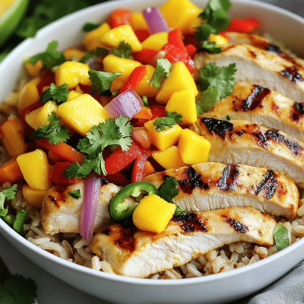 - 2 boneless, skinless chicken breasts - 1 ripe mango, diced - 1 cup cooked brown rice - 1 red bell pepper, sliced - 1 small red onion, chopped - 1 jalapeño, deseeded and minced - 2 tablespoons olive oil - 2 tablespoons lime juice - 1 tablespoon honey - 1 teaspoon ground cumin - 1 teaspoon smoked paprika - Salt and pepper to taste - Fresh cilantro for garnish When I create my Spicy Mango Chicken Bowls, I focus on fresh, vibrant ingredients. The chicken provides a great base. I love using ripe mango for its sweet and tangy flavor. The brown rice adds a hearty touch. I choose a red bell pepper for its color and crunch. The small red onion brings sweetness, while the jalapeño adds heat. For the marinade, I mix olive oil, lime juice, honey, cumin, and smoked paprika. This combo enhances the chicken's flavor. The salt and pepper round out the taste. Don't forget the fresh cilantro. It gives the dish a lovely finish. For the full recipe, check out Spicy Mango Chicken Bowls. To make the marinade, mix together 2 tablespoons of olive oil, 2 tablespoons of lime juice, and 1 tablespoon of honey in a bowl. Add in 1 teaspoon of ground cumin, 1 teaspoon of smoked paprika, and a pinch of salt and pepper. This mix gives the chicken a kick. I recommend marinating the chicken for at least 30 minutes. This helps the flavors soak in well. If you have time, letting it marinate longer makes it even better. Before cooking, preheat your grill or skillet over medium heat. This step ensures your chicken cooks evenly. Cook the chicken for about 6-7 minutes on each side. You want the chicken to reach an internal temperature of 165°F. After cooking, let the chicken rest for a few minutes. This keeps it juicy. While the chicken rests, heat a bit of olive oil in a pan over medium heat. Add in the chopped red onion, sliced red bell pepper, and minced jalapeño. Sauté these for 5-7 minutes until they become soft and slightly caramelized. Make sure not to overcook them. You want the veggies to be tender, but still have a nice bite. Start by adding a scoop of cooked brown rice to each bowl. This base brings a nice texture. Next, layer the sliced grilled chicken on top. Then, add the sautéed vegetables and diced mango. The mango adds a sweet contrast to the spicy chicken. Lastly, sprinkle fresh cilantro over the top for a burst of flavor. Serve the bowls warm for a delicious meal. Enjoy your spicy mango chicken bowls! For the complete recipe, check the Full Recipe section. To avoid overcooking the chicken, use a meat thermometer. The chicken should reach 165°F. If you cook it too long, the meat gets dry. I recommend letting the chicken rest after grilling. This keeps it juicy and tender. For great grill marks, make sure your grill is hot. Place the chicken on the grill at an angle. Leave it for about 3-4 minutes before flipping. This way, you get those beautiful lines. You can add spices to boost the flavor. Consider using garlic powder, onion powder, or even a pinch of cayenne. These spices can make the dish pop. If you like it spicy, leave the seeds in the jalapeño. For a milder dish, remove all the seeds. You can also mix in fresh herbs like basil or mint. They add freshness and a new taste. Just chop them fine and sprinkle them on before serving. Plating your dish nicely makes it more appealing. Start with brown rice as a base. Then arrange the chicken slices over the rice. Add the sautéed veggies on top. Finally, place the mango chunks in a bright spot. Garnishing with cilantro adds color and flavor. It brightens up the dish and gives it a fresh taste. Just sprinkle some leaves on top before serving. The contrast of colors makes your meal look gourmet. For the full recipe, check the recipe section above. {{image_2}} You can swap chicken for shrimp or tofu in this dish. Shrimp cooks fast and adds a nice flavor. Just grill or sauté it for about 3-4 minutes until it turns pink. Tofu is a great plant-based option. Press and cube it, then marinate like the chicken. Cook it in a pan until golden brown. Both options keep the meal tasty and fun. If you need a gluten-free option, use quinoa instead of brown rice. Quinoa cooks quickly and adds a nutty taste. For those who want a vegan dish, replace honey with maple syrup or agave. Both give sweetness without using animal products. These swaps make the meal fit for everyone. To add extra sweetness, toss in tropical fruits like pineapple or kiwi. They pair well with mango and bring new flavors to the bowl. You could also try different sauces. A spicy sriracha or a tangy yogurt sauce can change the whole taste. These simple changes keep this dish exciting and fresh. For the full recipe, check out [Full Recipe]. To store leftovers properly, let the bowls cool to room temperature. Then, place them in airtight containers. This helps keep the meal fresh. I recommend eating them within three days. You can freeze the spicy mango chicken bowls. Freeze them in single servings or as a whole. This way, you can enjoy them later. For best quality, thaw them overnight in the fridge before reheating. To reheat chicken and rice, use the microwave or stovetop. If you use the microwave, heat in short bursts. Stir in between to avoid cold spots. On the stovetop, add a splash of water to keep things moist. This helps maintain flavors and textures. Enjoy your tasty meal again! You can use many grains in place of brown rice. Quinoa is a great choice. It cooks quickly and is packed with protein. Another option is white rice, which cooks faster and has a softer texture. You can also try cauliflower rice for a low-carb option. It adds a nice crunch and absorbs flavors well. Yes, you can prepare this dish ahead of time. This meal works well for meal prep. You can marinate the chicken the night before. Cook the chicken and veggies, then store them separately. When ready to eat, just heat and assemble. This makes for an easy and quick meal any day of the week. This dish has a nice kick from the jalapeño. If you remove the seeds, it becomes milder. The heat level is adjustable based on your taste. If you prefer less spice, consider using bell peppers instead. You can also use a mild chili powder or omit the jalapeño altogether. Enjoy a tasty dish that fits your spice level! This article covered a delicious chicken bowl with mango, rice, and fresh veggies. You learned about key ingredients, easy marinating, and cooking tips. We also explored fun variations and storage ideas to keep your meals fresh. Remember, cooking is about creativity and joy. Feel free to mix flavors and adapt the recipe to fit your taste. Enjoy making this vibrant dish that’s perfect for any meal!