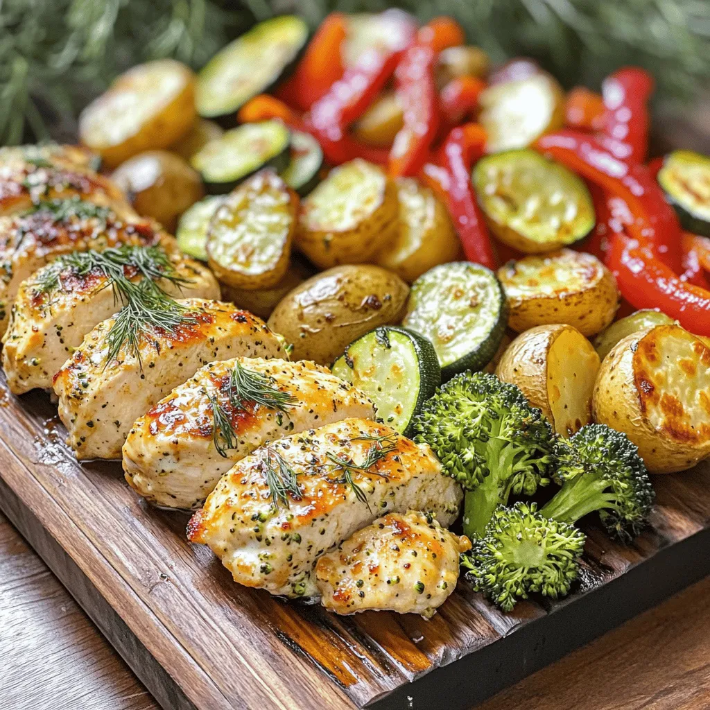 To make Pickle Ranch Chicken and Roasted Veggies, gather these main items: - 4 boneless, skinless chicken breasts - 1 cup dill pickle juice - 1 packet ranch seasoning mix - 1 tablespoon olive oil - 2 cups baby potatoes, halved - 1 red bell pepper, chopped - 1 zucchini, sliced - 1 cup broccoli florets - Salt and pepper to taste These ingredients bring bold flavors and a crunchy texture. The chicken absorbs the tangy pickle juice, while the ranch seasoning adds rich taste. The veggies offer a colorful mix and nutrients. For extra flair, consider these garnishes: - Fresh dill - Additional seasoning options Fresh dill adds a nice touch and enhances the pickle flavor. Feel free to experiment with other spices, like garlic powder or paprika, for a twist. Try this [Full Recipe] to create a feast everyone will love! To marinate the chicken, start with a bowl. Add the chicken breasts and pour in the dill pickle juice. This juice gives the chicken a tangy flavor. Make sure all the chicken is covered well. Cover the bowl and place it in the fridge. Let it marinate for at least 30 minutes, but up to 2 hours is even better. The longer it sits, the more flavor it gets. First, preheat your oven to 400°F (200°C). This temperature helps the veggies cook evenly. Next, grab a large baking sheet. Toss the baby potatoes, chopped red bell pepper, sliced zucchini, and broccoli florets in olive oil. Sprinkle salt, pepper, and half of the ranch seasoning mix over them. Mix everything well until the veggies are coated. Spread them out in a single layer on the baking sheet. Roast them for about 15-20 minutes until they are just tender. After roasting the veggies, take the chicken out of the marinade. Sprinkle the remaining ranch seasoning mix on both sides of the chicken breasts. When the veggies are done, push them to one side of the baking sheet. Place the seasoned chicken on the other side. Roast everything together for an additional 20-25 minutes. The chicken should reach an internal temperature of 165°F (75°C). The veggies will be tender and slightly caramelized. For the full recipe, check out the recipe card above. To make the best pickle ranch chicken, marinate it just right. Use 1 cup of dill pickle juice for flavor. I recommend marinating for at least 30 minutes. For deeper flavor, you can go up to 2 hours. This time allows the chicken to soak up the tangy taste. The longer you marinate, the better it gets! Roasting vegetables is simple and fun. Start with fresh veggies like baby potatoes, bell peppers, zucchini, and broccoli. Cut them into even pieces. Toss them with olive oil, salt, and pepper. Make sure they are well coated. Spread the veggies in a single layer on your baking sheet. This helps them roast evenly. Roast at 400°F for 15-20 minutes until they are tender and slightly brown. Plating makes your meal look great. Serve the chicken next to the roasted veggies. For meal prep, use separate containers. This keeps the meals fresh and easy to grab. You can add fresh dill on top for a pop of color and flavor. For an extra touch, drizzle some olive oil or sprinkle more ranch seasoning before serving. This dish looks and tastes amazing! For the full recipe, check out the details above. {{image_2}} You can switch out the chicken or veggies in this recipe. For a different protein, try turkey or tofu. Both work well with dill pickle juice and ranch seasoning. If you want more vegetables, use bell peppers, carrots, or asparagus. They add great color and taste. You can also try sweet potatoes instead of baby potatoes. Just cut them into bite-sized pieces. Adding spices or sauces can change the dish's flavor. You can mix in some garlic powder or smoked paprika for a smoky kick. If you enjoy heat, add cayenne pepper or chili flakes. For a tangy twist, drizzle some balsamic vinegar or hot sauce over the chicken before cooking. You can also try different ranch flavors, like spicy ranch or garlic ranch. This gives you many ways to enjoy this meal. If you want to change how you cook this dish, try grilling or slow-cooking. For grilling, marinate the chicken and veggies as usual. Then, cook them on a hot grill until they have nice char marks. This adds a smoky flavor. For slow cooking, put the marinated chicken and veggies in a slow cooker. Cook on low for 4-6 hours. This makes everything tender and full of flavor. Each method gives you a new way to enjoy pickle ranch chicken and roasted veggies. For the full recipe, check the details above. To keep your Pickle Ranch Chicken and roasted veggies fresh, store them in airtight containers. Place the chicken and veggies in separate containers for easy access. Refrigerate them within two hours after cooking. They will stay fresh in the fridge for about three to four days. If you want to keep them longer, freeze the chicken and veggies. Make sure to use freezer-safe bags or containers. They can last about three months in the freezer. To reheat your chicken and veggies, the oven is the best method. Preheat your oven to 350°F (175°C). Place the chicken and veggies on a baking sheet. Heat for about 15-20 minutes, or until they are warm throughout. You can also use the microwave for quick reheating. Just place them in a microwave-safe dish and cover. Heat in short bursts of 30 seconds, stirring in between, until hot. Cooked Pickle Ranch Chicken and roasted veggies stay safe to eat for three to four days in the fridge. If frozen, they remain good for about three months. Always check for off smells or changes in texture before eating. If you have any doubt, it’s best to throw it out. Proper storage helps keep your meals tasty and safe. Yes, you can easily switch out the chicken. Turkey breasts work well too. Pork tenderloin is another tasty option. For a lighter choice, try using fish like salmon or tilapia. Just adjust cooking times based on the meat you pick. I always use a meat thermometer for checking chicken. Insert it into the thickest part. The safe internal temperature is 165°F (75°C). Once it reaches this temperature, the chicken is done cooking. This method helps ensure juicy, safe-to-eat chicken. To reduce calories, use skinless chicken and limit oil. Choose low-calorie ranch dressing or make a homemade version. Add more veggies to boost fiber and nutrients. You can also use zucchini noodles instead of potatoes for a lighter touch. This recipe gives you a tasty meal with simple steps. You learned how to marinate chicken in dill pickle juice and roast fresh veggies. These tips help you achieve a great flavor and tender textures. You can also swap ingredients for fun variations or try different cooking methods. Remember to store leftovers well and reheat them properly for the best taste. Cooking can be easy and enjoyable with the right steps and suggestions. Now, you can make a delicious meal that everyone will love!