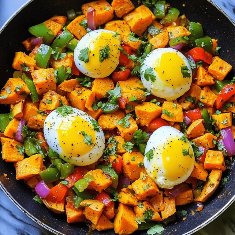 - 2 medium sweet potatoes, peeled and diced - 1 red bell pepper, diced - 1 green bell pepper, diced - 1 small red onion, diced - 2 cloves garlic, minced - 1 teaspoon smoked paprika - 1/2 teaspoon ground cumin - Salt and pepper to taste - 4 large eggs - 2 tablespoons olive oil - Fresh cilantro or parsley, for garnish (optional) Sweet potatoes are the star here. They add natural sweetness and good nutrition. The red and green bell peppers bring color and crunch. Red onion adds zest, while garlic gives depth. The spices, smoked paprika, and cumin add warmth and flavor. Don't forget the eggs! They make the dish hearty and satisfying. Each serving has around 300 calories. You get about 12 grams of protein, 35 grams of carbs, and 12 grams of fat. This meal is balanced and keeps you full. It’s great for breakfast or brunch! For the full recipe, check out the link provided. Enjoy your cooking! 1. Heat a large skillet over medium heat. Add two tablespoons of olive oil. 2. Peel and dice the sweet potatoes into small cubes. Add them to the skillet. 3. Season the sweet potatoes with salt, pepper, smoked paprika, and ground cumin. 4. Cook the sweet potatoes for about 10 to 12 minutes. Stir them occasionally. You want them tender with crispy edges. 5. While the sweet potatoes cook, dice the red and green bell peppers and the red onion. 6. After the sweet potatoes are ready, add the diced peppers and onion to the skillet. 7. Cook the veggies for an additional 5 to 7 minutes. They should be soft and fragrant. 8. Mince the garlic and stir it in. Cook for one more minute until you smell the garlic. 1. Use a spoon to make four small wells in the hash. 2. Crack one egg into each well. 3. Cover the skillet with a lid. 4. Cook for about 5 minutes. The egg whites should be set, but the yolks can stay runny. 5. If you like firmer yolks, cook them a bit longer. 1. Once cooked, remove the skillet from heat. 2. For a fresh touch, chop some cilantro or parsley and sprinkle it on top. 3. Serve your sweet potato breakfast hash right away. Enjoy the colors and flavors! For complete instructions, check out the Full Recipe. To make the best sweet potato breakfast hash, start with firm sweet potatoes. They hold up well when cooked. Cut them into small, even pieces. This helps them cook evenly. Use medium heat to avoid burning. Cook them until they are tender, which takes about 10-12 minutes. To achieve crispy edges, let the sweet potatoes cook without too much stirring at first. This allows them to brown. After a few minutes, you can stir them gently. This method gives you that nice crunch. Spices make your hash exciting. Besides smoked paprika and cumin, try adding chili powder for heat. You can also use thyme or oregano for a fresh taste. If you like it spicy, add cayenne pepper. Start with a small amount and adjust to your taste. You can change the heat level by adding more or less spice. If you want a mild flavor, stick to smoked paprika and cumin. For a kick, go for the chili powder or cayenne. Eggs are a great addition to your hash. You can choose how you like your eggs cooked. For runny yolks, cook them for about 5 minutes. If you prefer firmer yolks, give them a bit more time. Just cover the skillet with a lid. This helps the eggs cook evenly and quickly. Feel free to experiment with egg styles. Scrambled eggs can also work well if you prefer them that way. Just scramble them in a bowl and mix them into the hash before serving. For the full recipe, check out Sweet Potato Breakfast Hash. {{image_2}} To make this dish vegan, swap the eggs for tofu. Press and cube firm tofu, then add it to the pan. Cook it until golden brown. This adds protein without eggs. For gluten-free needs, all the ingredients are naturally gluten-free. Just ensure your spices are certified gluten-free. If you want to switch up the veggies, try using zucchini or mushrooms. Both add great flavor and texture. You can also add spinach for a pop of color. For protein options, consider black beans or chickpeas. They work well and add a hearty touch. To give it a Southwest style, add some jalapeños and corn. You can also sprinkle some chili powder for extra heat. If you prefer a Mediterranean twist, add olives and feta cheese. A splash of lemon juice brightens the dish. These variations keep your breakfast exciting! Try them as you make this sweet potato breakfast hash. After enjoying your sweet potato breakfast hash, let it cool down. Transfer leftovers to an airtight container. This keeps flavors fresh and prevents spills. Store it in the fridge for up to 4 days. When you're ready to eat, just reheat it in a skillet or microwave. Yes, you can freeze sweet potato breakfast hash! Portion it into freezer-safe bags or containers. Squeeze out air to avoid freezer burn. It stays good for up to 3 months. To reheat, thaw it overnight in the fridge. Heat in a skillet over medium heat until hot or microwave on low power, stirring often. When stored properly, this dish lasts well. In the fridge, expect it to stay fresh for about 4 days. If frozen, it can last up to 3 months. Always check for signs of spoilage, like off smells or changes in color. Enjoy your meals safe and delicious! You can cook sweet potatoes in a few ways. The best method for the hash is to dice them and sauté them in a skillet. This gives them a nice texture. Start by peeling and dicing the sweet potatoes. Heat olive oil in the skillet over medium heat. Add the sweet potatoes and season them with salt and spices. Cook them for about 10-12 minutes. Stir them often so they cook evenly. You want them tender and a little crispy. You can also bake or steam sweet potatoes, but sautéing is quick and easy. Yes, meal prepping sweet potato breakfast hash is simple. Cook the hash as directed and let it cool. Divide it into meal prep containers. You can store it in the fridge for up to four days. To reheat, just warm it up in the microwave or on the stove. If you want to add eggs, you can cook them fresh on the day you eat the hash. This keeps the eggs from becoming overcooked. Meal prepping makes breakfast easy and quick. Sweet potatoes are very versatile. You can make many dishes with them. Here are a few ideas: - Sweet Potato Fries: Cut sweet potatoes into sticks, toss with oil, and bake until crispy. - Sweet Potato Soup: Blend cooked sweet potatoes with broth and spices for a creamy soup. - Mashed Sweet Potatoes: Boil or steam them, then mash with butter and seasonings. - Sweet Potato Salad: Combine roasted sweet potatoes with greens, nuts, and a simple dressing. - Sweet Potato Pancakes: Mix mashed sweet potatoes into your pancake batter for a tasty twist. For an amazing sweet potato breakfast hash, check out the Full Recipe. This recipe for sweet potato breakfast hash is simple and tasty. You learned about key ingredients, step-by-step cooking, and tips to make it better. I shared ideas for variations and how to store it for later. Sweet potatoes bring flavor and nutrition to your meals. Try this dish for breakfast or lunch. You can adjust it to suit your taste. Get creative and enjoy!