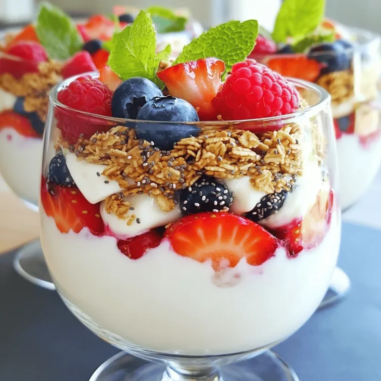 To make a tasty Greek yogurt parfait, you need a few key items: - 2 cups Greek yogurt (plain, low-fat) - 1 cup granola (your choice, preferably low-sugar) - 1 cup mixed berries (strawberries, blueberries, raspberries) - 2 tablespoons honey or maple syrup (optional) - 1 teaspoon vanilla extract - 1 tablespoon chia seeds - Fresh mint leaves for garnish These ingredients come together to create a delightful treat. You can add some fun flavors if you want. Here are some options: - Sliced bananas for sweetness - Nuts like almonds or walnuts for crunch - Cinnamon for warmth - Coconut flakes for a tropical twist These extras help make your parfait unique. Each ingredient packs a nutritional punch: - Greek yogurt is high in protein and good for gut health. - Granola gives you fiber and energy. Choose low-sugar for health. - Mixed berries are full of vitamins and antioxidants. They fight free radicals. - Honey or maple syrup adds sweetness but use in moderation. - Chia seeds are rich in omega-3 fatty acids and fiber. - Mint leaves not only look pretty but also aid digestion. These ingredients make your parfait not just tasty, but also healthy! For the full recipe, check out the Healthy Greek Yogurt Parfaits. To start, gather your ingredients. You will need Greek yogurt, honey or maple syrup, and vanilla extract. In a mixing bowl, combine 2 cups of Greek yogurt with 2 tablespoons of honey or maple syrup, if you want some sweetness. Add 1 teaspoon of vanilla extract for flavor. Stir until it is smooth and creamy. This mixture forms the base of your parfait. Now, let’s get to the fun part—layering! Grab a clear glass or a parfait dish. Start by adding a generous layer of the Greek yogurt mixture at the bottom. Next, sprinkle on a layer of granola, about 1 cup. Then, add a layer of 1 cup of mixed berries. You can use strawberries, blueberries, or raspberries. Repeat this layering until you use all your ingredients. Finish with a layer of berries on top. Sprinkle 1 tablespoon of chia seeds over the final layer for added crunch and nutrition. Serve your parfait right away for the best taste and texture. If you prefer, you can refrigerate it for up to 30 minutes. This wait allows the flavors to mix well. Present your parfaits in individual glasses to show off the beautiful layers. For a special touch, add fresh mint leaves on top. This not only looks nice but adds a fresh flavor too. You can also enjoy these parfaits as a quick breakfast or a tasty snack. For the full recipe, check out the detailed instructions. When picking Greek yogurt, look for plain options. Plain yogurt has no added sugars. I prefer low-fat yogurt for a lighter taste. Check the label for live cultures. These cultures help with gut health. The creaminess of Greek yogurt makes it a great base for parfaits. Layering is key to a stunning parfait. Start with yogurt at the bottom. Add granola next for crunch. Then, pile on the mixed berries. Repeat this process until you reach the top. Finish with berries for a colorful look. Use clear glasses to show off each layer. This makes your parfait inviting and fun to eat. I like to sweeten my parfaits with honey or maple syrup. Use just enough to enhance the flavor. If you want no added sugars, skip the sweeteners. The natural sweetness from berries is often enough. You could also try adding a bit of vanilla extract. This adds depth without overpowering the yogurt's taste. For the full recipe, follow the steps closely. Enjoy making your delicious Greek yogurt parfait! {{image_2}} You can mix up your parfait with many fruits. Try bananas, peaches, or mangoes. Each fruit adds a unique taste. For a tropical twist, use pineapple and coconut. Layer these fruits with Greek yogurt for a burst of flavor. You can also use seasonal fruits to keep it fresh. Think of apples in fall or cherries in summer. These combinations make your parfait fun and tasty. Granola is great, but there are many other toppings. You can use nuts like almonds or walnuts for a healthy crunch. Seeds, such as pumpkin or sunflower, add nutrients and texture. Even crushed cereal or toasted coconut can work. These toppings add flavor and a satisfying crunch. Mix and match to find your favorite combination. You can even add a sprinkle of cinnamon for extra warmth. If you want a dairy-free option, try coconut yogurt or almond yogurt. These alternatives work well with fruits and toppings. You can make the parfait just as delicious. Layer the dairy-free yogurt with your favorite fruits. Use the same method as the original recipe. This way, everyone can enjoy a tasty parfait. Whether you follow a vegan diet or not, these options are great for all. For the full recipe, check the details above. Store leftover parfaits in an airtight container. This keeps them fresh and tasty. If you have not yet mixed the granola, store it separately. It stays crunchy longer. To save time, prepare the yogurt mixture in advance. Layer the parfaits just before serving. This keeps the textures perfect. You can also pre-wash and slice fruits for easy access. Greek yogurt lasts about one week in the fridge. Granola can stay fresh for a month if sealed well. Fresh berries typically last about three to five days. Check for signs of spoilage before using. Yes, you can use flavored Greek yogurt. It adds fun taste and sweetness. Just remember, flavored yogurts often have more sugar. Choose one that fits your taste and health goals. If you prefer less sugar, stick with plain yogurt and add fresh fruit. The best fruits are mixed berries. Strawberries, blueberries, and raspberries work great. They add color and flavor. You can also try bananas or peaches for a twist. Use fruits that are fresh and in season for the best taste. Greek yogurt parfaits last about two days in the fridge. Keep them covered to maintain freshness. If you add granola, it might get soggy. To avoid this, store granola separately. Add it just before eating for the best crunch. For the full recipe, check out the section above. Greek yogurt parfaits are simple, tasty, and full of good ingredients. You learned about key and optional ingredients that add flavor and nutrition. I shared steps for perfect layers and fun serving ideas. You now know tips for picking the best yogurt and unique variations, including dairy-free options. Storing leftovers and meal prep can keep your parfaits fresh. Last, I answered your common questions about yogurt parfaits. Enjoy making and sharing these treats for a healthy snack or breakfast!