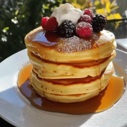 For the best fluffy pancakes, you will need: - 1 cup all-purpose flour - 2 tablespoons sugar - 1 tablespoon baking powder - 1/2 teaspoon baking soda - 1/4 teaspoon salt - 1 large egg - 1 cup buttermilk (or regular milk + 1 tablespoon vinegar) - 2 tablespoons melted butter - 1 teaspoon vanilla extract These ingredients work together to create a light and airy texture. The baking powder and baking soda are key for that perfect fluff. If you run out of any ingredients, here are some easy swaps: - Use whole wheat flour instead of all-purpose flour for a nuttier taste. - Honey or maple syrup can replace sugar for a natural sweetener. - If you don’t have buttermilk, mix regular milk with vinegar as noted above. - Coconut oil can substitute melted butter for a dairy-free option. These substitutions keep the recipe tasty without losing quality. You can customize your pancakes with fun add-ins: - Fresh berries like blueberries or strawberries add natural sweetness. - Chocolate chips bring a rich flavor that kids love. - Nuts or shredded coconut can add a nice crunch. Mix these in gently to keep your pancakes fluffy, and enjoy a delicious twist! 1. Start with a large mixing bowl. Add the flour, sugar, baking powder, baking soda, and salt. Whisk them well until they blend together. 2. In a separate bowl, crack the egg. Beat it gently. Then, add buttermilk, melted butter, and vanilla extract. Mix until smooth. 3. Pour the wet mixture into the dry bowl. Stir gently. Remember, it’s okay if a few lumps stay. Do not overmix. 4. If you like, fold in berries or chocolate chips for extra flavor. 1. Heat a non-stick skillet or griddle over medium heat. Lightly grease it with butter or cooking spray. 2. Pour about 1/4 cup of batter onto the skillet for each pancake. 3. Cook until bubbles form on the top and the edges look set. This usually takes about 2-3 minutes. 4. Flip the pancakes carefully. Cook for another 1-2 minutes until they turn golden brown. 5. Repeat this process with the remaining batter. Keep the cooked pancakes warm in a low oven if needed. - For each step, I recommend taking photos. Show the mixing bowls, the batter, and the cooking process. Seeing the steps helps you follow along easily. - You can also create a short video. This can show the bubbling pancakes and the flipping technique. Visual guides make cooking fun and easy! You can check the Full Recipe for more details and tips. To make fluffy pancakes, use fresh baking powder. Old baking powder can lead to flat pancakes. Mix your dry and wet ingredients separately. When you combine them, stir gently. Overmixing makes the batter tough. Aim for some lumps in the batter. This keeps your pancakes airy. Let the batter rest for a few minutes before cooking. This helps the bubbles form and makes them rise. One common mistake is using too much liquid. Stick to the recipe for best results. Another mistake is cooking on high heat. Medium heat is best to cook pancakes evenly. If the heat is too high, the outside burns while the inside stays raw. Also, avoid pressing down on the pancakes with a spatula. This releases air and makes them dense. Use a non-stick skillet for easy flipping. A well-heated skillet is key. Test it by splashing a few drops of water on it. If they sizzle and evaporate, it’s ready. For extra flavor, add a splash of vanilla extract to the batter. If you love berries, fold them in gently. Try using a little more butter in the pan for a crispy edge. Follow the full recipe for the best results. Enjoy your fluffy pancakes with syrup or fresh fruit! {{image_2}} You can easily change the flavors of these fluffy pancakes. Here are some ideas: - Chocolate Chip: Add chocolate chips to the batter before cooking. - Banana: Fold in mashed bananas for a sweet twist. - Blueberry: Use fresh or frozen blueberries for a fruity pancake. - Cinnamon: Sprinkle in some cinnamon for a warm flavor. - Lemon Zest: Add lemon zest for a bright, fresh taste. These flavors make each pancake meal unique and fun! You can adjust this recipe to fit your diet. Here are some options: - Gluten-Free: Use a gluten-free flour blend instead of all-purpose flour. - Vegan: Swap the egg for a flax egg and use non-dairy milk. - Dairy-Free: Use almond or oat milk and skip the butter. These changes help everyone enjoy fluffy pancakes! How you serve your pancakes can change the whole meal. Here are some ideas: - Toppings: Try maple syrup, honey, or yogurt. - Fruits: Add fresh berries, banana slices, or peaches on top. - Nuts: Sprinkle chopped nuts for a crunchy texture. - Whipped Cream: A dollop of whipped cream adds a nice touch. Serving pancakes this way makes them even more delightful! For the full recipe, check the details above. To store leftover pancakes, cool them first. Place them in a stack on a plate. Cover the stack with plastic wrap or foil. This keeps them fresh. You can also use an airtight container. Leftover pancakes last in the fridge for up to three days. When reheating pancakes, you have options. The microwave is quick. Place pancakes on a plate, cover with a damp paper towel, and heat for about 20-30 seconds. This helps keep them soft. You can also use a toaster for a crispy edge. Just pop them in and toast until warm. A skillet works too; heat it on low. Add a little butter before placing the pancakes in the pan. Cook for one to two minutes on each side. Freezing pancakes is a great way to save time. Let them cool completely first. Then, place parchment paper between each pancake. Stack them in a freezer-safe bag or container. This prevents them from sticking together. Label the bag with the date. Frozen pancakes last up to two months. To reheat, just pop them in the microwave or toaster, and enjoy! For the full recipe, check out The Best Fluffy Pancake Recipe. Fluffy pancakes come from a few key factors. First, the right mix of baking powder and baking soda helps the batter rise. Second, using buttermilk adds acidity. This creates bubbles that make the pancakes light. Finally, avoiding overmixing keeps the batter airy. You want some lumps in there. Yes, you can use regular milk. To mimic buttermilk, add one tablespoon of vinegar to one cup of milk. Let it sit for five minutes. This will sour the milk and give you a similar result. Your pancakes will still be tasty and fluffy! To avoid burnt pancakes, keep the heat at medium. Preheat your skillet, but don’t make it too hot. Lightly grease the surface with butter or cooking spray. Watch for bubbles on the surface. When they form, it’s time to flip. This way, you get a perfect golden brown. You can store pancakes in the fridge for up to three days. Place them in an airtight container. When you’re ready to eat, just reheat them in the microwave or a skillet. They’ll taste almost as fresh as when you made them. Let’s dive into this simple and delicious pancake recipe. I love how easy it is to make fluffy pancakes at home. - 1 cup all-purpose flour - 2 tablespoons sugar - 1 tablespoon baking powder - 1/2 teaspoon baking soda - 1/4 teaspoon salt - 1 large egg - 1 cup buttermilk (or regular milk + 1 tablespoon vinegar) - 2 tablespoons melted butter - 1 teaspoon vanilla extract - Optional: Fresh berries or chocolate chips for mix-ins 1. First, grab a large bowl. Whisk the flour, sugar, baking powder, baking soda, and salt together. 2. In another bowl, beat the egg. Then, mix in the buttermilk, melted butter, and vanilla until smooth. 3. Pour the wet mix into the dry mix. Stir gently until just combined. A few lumps are fine! 4. If you like, fold in fresh berries or chocolate chips now. 5. Heat a non-stick skillet over medium heat. Lightly grease it with butter or cooking spray. 6. Pour about 1/4 cup of batter for each pancake onto the skillet. Cook until bubbles form and edges look set, about 2-3 minutes. 7. Flip the pancakes and cook for another 1-2 minutes until golden brown. 8. Repeat with the rest of the batter. Keep cooked pancakes warm in a low oven if needed. This recipe takes about 10 minutes to prep and 20 minutes total. You’ll have enough for four servings. Stack pancakes on a plate. Drizzle with maple syrup. Add fresh berries and powdered sugar on top. For a treat, add whipped cream! Enjoy making pancakes that are fluffy and fun. Remember, the full recipe is easy to follow, and you'll impress everyone with your cooking! In this post, we explored essential ingredients for fluffy pancakes, substitutions, and optional add-ins. I shared step-by-step cooking tips to achieve perfect fluffiness. We discussed popular variations and serving suggestions. I also covered storage tips to keep pancakes fresh. Remember, making great pancakes takes practice and attention. Use these tips to improve your pancake game. Enjoy experimenting with flavors and sharing your tasty creations!