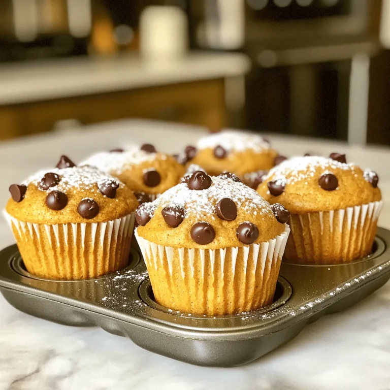 To make these chocolate chip pumpkin muffins, you'll need a few key items. Here’s your shopping list: - 1 cup canned pumpkin puree - 1/2 cup vegetable oil - 1/2 cup brown sugar, packed - 1/2 cup granulated sugar - 2 large eggs - 1 teaspoon vanilla extract - 1 1/2 cups all-purpose flour - 1 teaspoon baking powder - 1 teaspoon baking soda - 1 teaspoon ground cinnamon - 1/2 teaspoon ground nutmeg - 1/2 teaspoon salt - 1 cup semi-sweet chocolate chips It’s easy to swap some ingredients if needed. For example, you can replace vegetable oil with melted coconut oil for a twist. You might also use honey or maple syrup instead of brown sugar. If you want a lighter muffin, try using whole wheat flour. Just remember, this may change the texture a bit. Want to make your muffins even better? Consider adding some optional ingredients. You can mix in: - 1/2 cup chopped walnuts or pecans for crunch - A pinch of ginger or cloves for extra spice - A splash of orange juice for brightness These additions can make your muffins truly special. Feel free to get creative with flavors! For the full recipe, check [Full Recipe]. Start by preheating your oven to 350°F (175°C). This heat helps the muffins rise well. While the oven warms up, prepare your muffin pan. You can line it with paper liners or grease it lightly with oil. This step keeps the muffins from sticking, making it easy to take them out later. In a large mixing bowl, combine the wet ingredients. Whisk together 1 cup of canned pumpkin puree, 1/2 cup of vegetable oil, and both sugars. Use 1/2 cup of brown sugar and 1/2 cup of granulated sugar. Add in 2 large eggs and 1 teaspoon of vanilla extract. Mix until everything is smooth and nicely blended. This mixture gives your muffins their tasty pumpkin flavor. In another bowl, mix your dry ingredients. Combine 1 1/2 cups of all-purpose flour, 1 teaspoon of baking powder, 1 teaspoon of baking soda, 1 teaspoon of ground cinnamon, 1/2 teaspoon of ground nutmeg, and 1/2 teaspoon of salt. Stir these ingredients well so they blend evenly. Now, gradually add the dry mix to your wet ingredients. Stir gently until just combined. A few lumps are okay; overmixing can make your muffins tough. Finally, fold in 1 cup of semi-sweet chocolate chips and any nuts if you’re using them. Once your batter is ready, spoon it into the muffin pan, filling each cup about 2/3 full. Bake for 18-22 minutes. Check if they are done by inserting a toothpick in the center. If it comes out clean or with a few moist crumbs, they are ready. Let them cool in the pan for about 5 minutes before moving them to a wire rack. Enjoy your muffins warm or at room temperature. For a fun touch, you can dust them with powdered sugar or drizzle them with chocolate sauce. For the full recipe, check the details above. Baking can be tricky, but I have some tips to help you succeed. First, always measure your ingredients carefully. Too much flour can make muffins dry. Use a spoon to scoop flour into your measuring cup, then level it off with a knife. Second, check your oven's temperature. An oven that runs hot can burn your muffins. Use an oven thermometer for accuracy to ensure perfect baking. To keep your muffins moist, don't overmix the batter. Mix until the dry and wet ingredients just come together. A few lumps are fine. Also, adding pumpkin puree helps keep muffins soft and moist. If you want even more moisture, consider adding a bit of yogurt or applesauce. These ingredients add flavor and texture. Mix-ins can take your muffins to the next level. Chocolate chips are a must, but you can add more. Try nuts like walnuts or pecans for a crunchy bite. Dried fruits like cranberries or raisins can add sweetness too. Spices like ginger or cloves can give a warm kick. Don’t be afraid to experiment with flavors that you love! For the full recipe, check the earlier section. {{image_2}} You can swap semi-sweet chocolate chips for dark or milk chocolate. Dark chocolate adds richness. Milk chocolate keeps it sweet and creamy. For a unique twist, try white chocolate chips. They pair well with pumpkin's warm flavor. If you want a nut-free version, skip the nuts altogether or use seeds. Sunflower seeds work great for crunch. For a dairy-free option, use dairy-free chocolate chips. Replace the vegetable oil with coconut oil for a hint of flavor. You can add seasonal spices for extra warmth. Try ginger, cloves, or allspice. A pinch of each can elevate the taste. You could also mix in dried fruits like raisins or cranberries. These add sweetness and chewiness to the muffins. Check the full recipe for more tips and ideas. To keep your chocolate chip pumpkin muffins fresh, store them in an airtight container. Place a piece of parchment paper between layers to prevent sticking. This method keeps them moist for up to three days at room temperature. If you live in a warm area, consider refrigerating them. Just remember to let them return to room temperature before enjoying. Freezing muffins is a great way to save some for later. First, let the muffins cool completely. Then, wrap each muffin in plastic wrap. Place them in a freezer bag or container, and label it with the date. These muffins can last for up to three months in the freezer. When you’re ready to eat, just thaw them in the fridge overnight. To bring back the warm, fresh taste of your muffins, reheat them in the oven. Preheat it to 350°F (175°C). Place the muffins on a baking sheet and warm them for about 10 minutes. If you’re in a hurry, you can microwave them for 10-15 seconds. Enjoy them warm for the best flavor! For more details, you can check the Full Recipe. Chocolate Chip Pumpkin Muffins stay fresh for about 3 to 5 days. Store them in an airtight container at room temperature. For longer shelf life, you can freeze them. They last up to three months in the freezer. Just wrap them tightly in plastic wrap and then in foil. When you are ready to eat, thaw them at room temperature. Yes, you can use fresh pumpkin. To do this, start by roasting a small pumpkin. Cut it in half, remove the seeds, and bake it at 350°F until soft, about 45 minutes. Once cool, scoop out the flesh and mash it until smooth. Measure one cup of this fresh puree to replace the canned pumpkin. It will give your muffins a fresh taste. If you need an egg substitute, try using applesauce or mashed bananas. Use 1/4 cup of applesauce or one small mashed banana for each egg. This swap keeps your muffins moist and adds natural sweetness. Another option is to use a flax egg. Mix one tablespoon of ground flaxseed with two tablespoons of water. Let it sit for a few minutes to thicken. This is a great choice for vegan muffins. You learned about the best ingredients, tips, and step-by-step methods to make muffins. I shared how to prep, mix, and bake for great results. You also discovered fun variations and smart storage ideas. Baking is not just about following a recipe; it’s about enjoying the process. Experiment with flavors and make each muffin your own. Happy baking, and enjoy every bite!