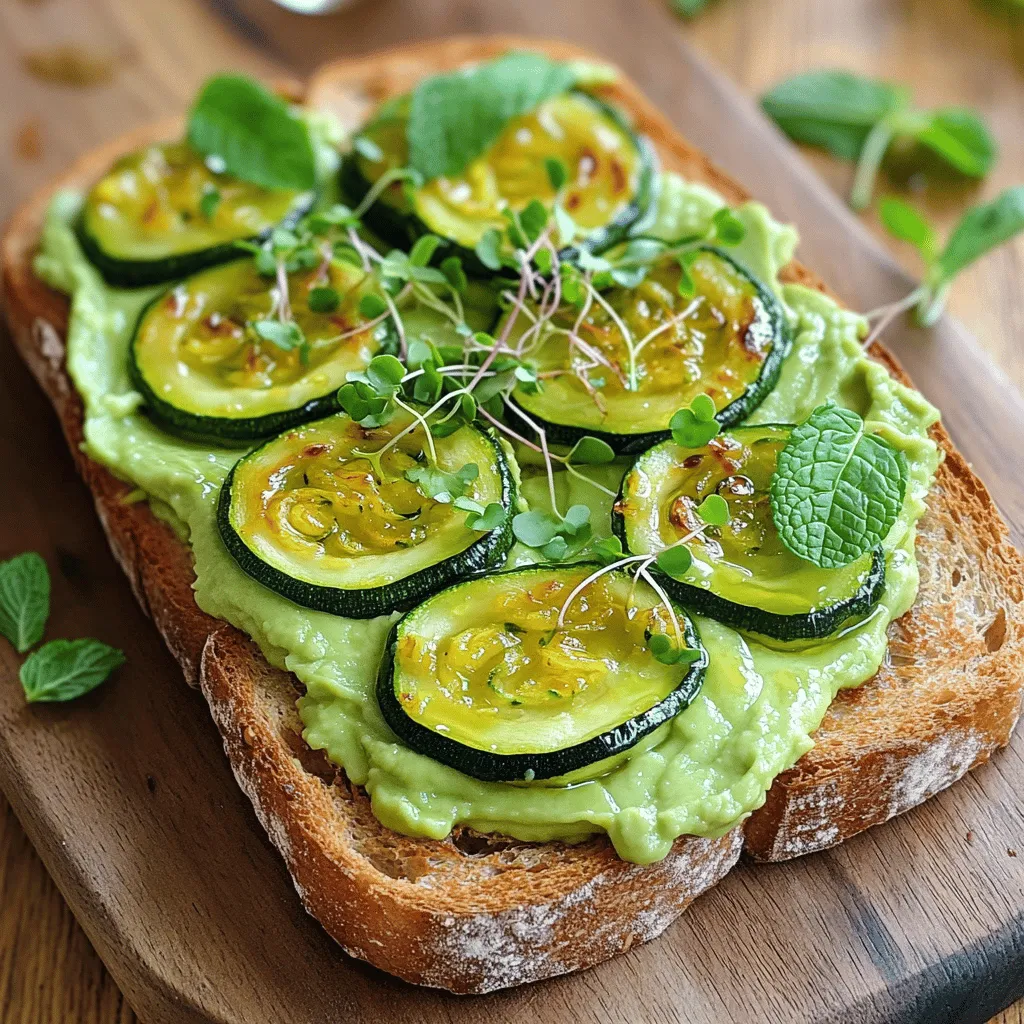 - 2 slices of whole grain bread - 1 medium zucchini, thinly sliced - 1 ripe avocado - 1 tablespoon olive oil - 1 clove garlic, minced - 1 tablespoon lemon juice - 1/4 teaspoon red pepper flakes - Salt and pepper to taste - Fresh mint leaves, for garnish - Microgreens or arugula, for topping (optional) Zucchini is low in calories and high in water. It helps keep you hydrated. This veggie is rich in vitamins A and C. These vitamins boost your immune system. Zucchini also contains fiber, which aids digestion. Avocado is a superfood packed with healthy fats. These fats can lower bad cholesterol. Avocado also has potassium, which helps your heart. Plus, it is creamy and delicious, making it a perfect toast topping. Together, zucchini and avocado create a nutrient-rich meal that tastes great. If you want to change up the recipe, here are some ideas: - Use rye or gluten-free bread instead of whole grain. - Swap zucchini for roasted eggplant or bell peppers. - Try using lemon zest for a more intense lemon flavor. - Instead of mint, use basil or cilantro for a different taste. These alternatives can add fun twists to your zucchini avocado toast. For the full recipe, check out the Zesty Zucchini Avocado Toast. To make Zucchini Avocado Toast, you will need to prep fresh ingredients. Gather your whole grain bread, zucchini, and avocado. This recipe takes about 20 minutes in total. You will love how easy this dish is to make. 1. Prep the Zucchini: Take your medium zucchini and slice it thinly. In a small bowl, mix the slices with olive oil, minced garlic, salt, and pepper. This adds great flavor. 2. Sauté the Zucchini: Heat a skillet over medium heat. Add the zucchini mix to the skillet. Cook for about 5-6 minutes. The zucchini should be tender and slightly golden. Remove from heat and set aside. 3. Mash the Avocado: Cut your ripe avocado in half. Scoop out the flesh into a bowl. Mash it with lemon juice, red pepper flakes, salt, and pepper. This will make a creamy spread. 4. Toast the Bread: While you mash the avocado, toast the whole grain bread. You want it to be nicely browned and crisp. This adds a great crunch. 5. Assemble the Toast: Once the bread is toasted, spread the avocado mix on each slice. Top with the sautéed zucchini slices. 6. Garnish: Finish by adding fresh mint leaves on top. You can also add microgreens or arugula if you like. This gives the toast a lovely look. To help you visualize each step, consider taking pictures as you cook. A video showing the sautéing process can be helpful too. You can find visual guides on cooking websites or platforms like YouTube. Check out the Full Recipe for more tips on plating and serving. To get the best avocado texture, choose a ripe avocado. Gently squeeze it; it should yield slightly. Cut it in half, remove the pit, and scoop the flesh into a bowl. Use a fork to mash it. Add lemon juice, salt, and pepper. This mix will keep it creamy and bright. If you want more flavor, add herbs like cilantro or basil. You have a few tasty options for cooking zucchini. Sautéing is my favorite because it adds a nice flavor. Slice the zucchini thin, then toss it in olive oil, salt, and pepper. Heat a skillet over medium heat, and cook for about 5-6 minutes until tender and golden. Grilling is another great method. It gives a smoky taste. Serve your zucchini avocado toast on a wooden board for a rustic look. Drizzle some extra olive oil on top for added flavor. For a pop of color, add edible flowers or a sprinkle of microgreens. Pair it with a fresh salad or a smoothie for a full meal. The combo of flavors and textures will impress everyone! For more details, check out the Full Recipe. {{image_2}} Want to kick up the heat? Add more red pepper flakes to the avocado mix. You can also try a dash of hot sauce. This gives a nice spicy kick that wakes up the flavors. For an extra layer of heat, top with sliced jalapeños. This spicy twist makes your toast exciting and full of flavor. For a taste of the Mediterranean, try adding some feta cheese. Crumble it over the zucchini. You can also sprinkle some oregano or basil for that herby taste. A drizzle of balsamic glaze will add sweetness and depth. This version is fresh and bright, perfect for summer days. If you want a vegan version, skip the feta. Instead, add a sprinkle of nutritional yeast. This adds a cheesy flavor without any dairy. You can also use sunflower seeds for a crunchy texture. This makes the toast not only vegan but also rich in nutrients. You can find all these tasty ideas in the full recipe. To store leftover Zucchini Avocado Toast, place it in an airtight container. Keep it in the fridge for up to two days. The bread may get soggy, so store the toppings separately when possible. This way, you can enjoy the crunch again when you eat it. To keep your ingredients fresh, follow these tips: - Zucchini: Store in the crisper drawer of your fridge. Use it within a week for the best taste. - Avocado: If you have leftover avocado, sprinkle lemon juice on it. This helps prevent browning. Wrap it tightly in plastic wrap or store it in an airtight container. - Bread: Keep bread in a cool, dry place. For long-term storage, freeze slices in a bag. Reheat the toast in a toaster or oven. This will bring back some crispiness. If you have sautéed zucchini, warm it in a skillet for a few minutes. Remember to avoid the microwave, as it can make the bread chewy. Enjoy your fresh and flavorful delight again! For the full recipe, check out the details above. Yes, you can use frozen zucchini. However, fresh zucchini gives better texture. If you choose frozen, thaw it first. Squeeze out extra moisture before cooking. This helps your toast stay crisp and tasty. I recommend whole grain bread for this recipe. It adds a nutty flavor and extra fiber. You can also try sourdough or sprouted grain bread for a twist. Choose a bread that toasts well and has a nice crunch. Avocado toast is best enjoyed right away. It can lose its color and flavor if left too long. If you store it, cover it tightly. It may last for a few hours in the fridge but will not taste as fresh. Enjoy it soon for the best flavor! This blog post covered delicious ways to enjoy zucchini and avocado. We explored key ingredients, their health benefits, and smart alternatives. I provided easy steps to prepare these dishes, along with helpful tips for perfect textures and flavors. You also learned fun variations to try and how to store leftovers properly. In closing, experimenting with these ingredients can yield tasty results. Enjoy your cooking and share your creations!