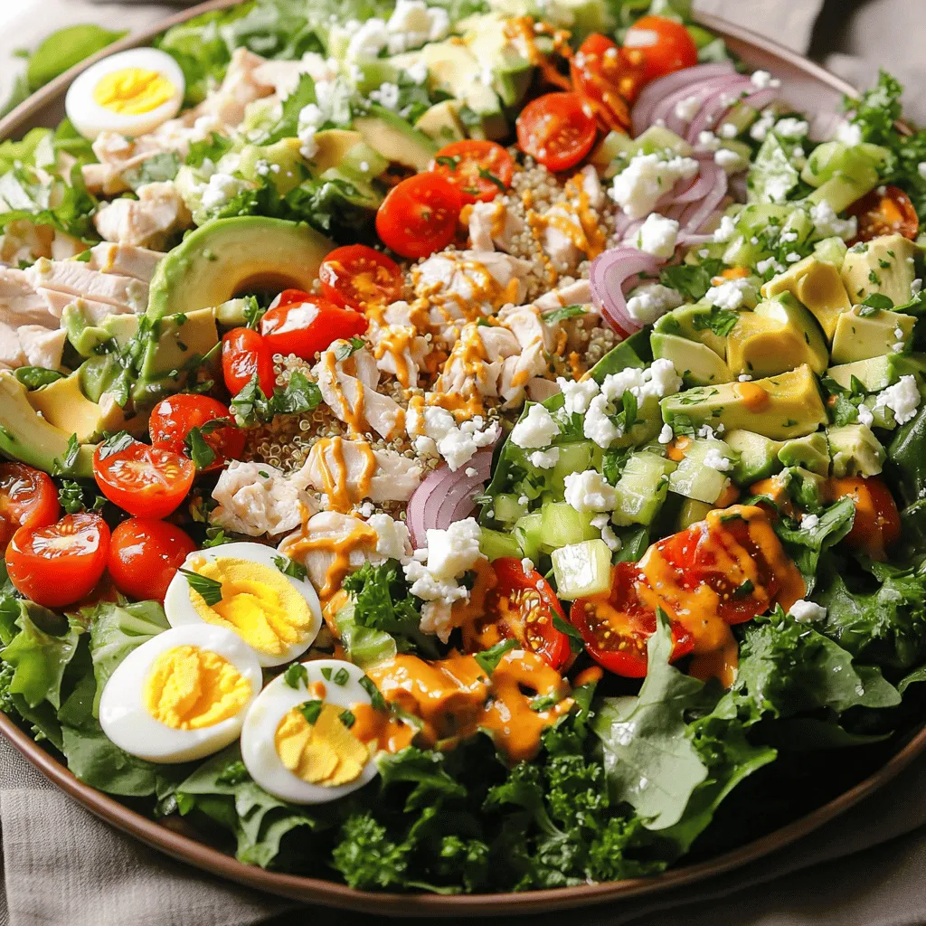 For a Healthy Cobb Salad, I love using mixed greens. You can choose spinach, arugula, or romaine. These greens add fiber and vitamins. They help keep your body healthy and strong. Using organic greens is also a great choice. Organic ingredients have fewer chemicals, and they taste better too. You get more nutrients when you choose organic. Next, let’s talk protein. Cooked chicken breast is a fantastic option. It is low in fat and high in protein. This helps build muscle and keep you full. If you prefer plant-based options, try tofu or chickpeas. Tofu is a great source of protein and is very versatile. Chickpeas add fiber and are very filling as well. Toppings make your salad fun and tasty. Avocado is creamy and packed with healthy fats. It helps your body absorb vitamins from the greens. Feta cheese adds a nice salty flavor and is also nutritious. When it comes to dressings, I suggest using olive oil and lemon juice. They are lighter than heavy dressings but still full of flavor. You can whisk them together for a fresh taste. For the full recipe, see the detailed instructions above. Start by washing your greens. Rinse the mixed greens under cold water. Pat them dry with a clean towel or use a salad spinner. Chopping is easy with a sharp knife. Cut the avocado and tomatoes into small pieces. Dice the chicken into bite-size cubes. For quinoa, cook it in a pot with water. Use a ratio of 1 part quinoa to 2 parts water. Bring it to a boil, then simmer for about 15 minutes. Fluff it with a fork when done. Now it's time to layer your salad. In a large bowl, place the mixed greens first. Next, add the chicken, avocado, and cherry tomatoes. Then sprinkle the chopped red onion and quinoa on top. Finally, add the chopped hard-boiled eggs. If you love cheese, sprinkle some feta over everything. This makes it look nice and colorful. When mixing, be gentle. Toss the salad lightly to combine. Avoid mashing the avocado. You want to keep its nice shape and texture. For the dressing, grab a small bowl. Combine olive oil, lemon juice, and Dijon mustard. Use a whisk to mix well. This helps blend everything smoothly. Taste the dressing and adjust as needed. Add salt and pepper to suit your taste. Drizzle the dressing over the salad. Toss it again gently. Now your Healthy Cobb Salad is ready to enjoy. For the full recipe, you can always refer back to the instructions earlier. You can easily swap ingredients based on what you have at home. If you don’t have chicken, try chickpeas or tofu. They add great protein. You can also change the greens. Use kale or mixed sprouts for different flavors. Seasonal veggies add freshness. In summer, switch in ripe tomatoes and cucumbers. In fall, try roasted squash or beets. This keeps your Cobb salad exciting. Pair your salad with whole-grain bread for a filling meal. A light white wine can enhance the flavors, too. Keep portion sizes in check. A serving should fit in two cupped hands. This helps you enjoy your salad while staying balanced. Meal prep makes weeknight dinners easier. Cook chicken and quinoa ahead. You can store them in the fridge for up to four days. Chop veggies and keep them in separate containers. This keeps them fresh and crisp. When you’re ready to eat, just mix everything together. Enjoy your Healthy Cobb Salad with ease! For a complete guide on making this dish, check the Full Recipe. {{image_2}} For a vegan Cobb salad, you can use tofu or chickpeas as your protein. Both options offer great flavor and texture. Tofu is versatile; you can marinate it to add taste. Chickpeas provide a nice crunch and are filling. You can also add nuts or seeds for extra protein. For plant-based fats, use avocado, nuts, or tahini. These add creaminess and richness to your salad without any animal products. If you want a low-carb Cobb salad, skip the quinoa. Instead, use more leafy greens like romaine or spinach. These greens are low in carbs but high in nutrients. For the dressing, use olive oil and vinegar or lemon juice. This keeps it light and fresh. You can also add more protein, like chicken or eggs, to keep you full without the carbs. To make a Mediterranean-style Cobb salad, swap in kalamata olives and artichoke hearts. These add a tasty twist. Use feta cheese for flavor, or skip it for a vegan option. Fresh herbs, like parsley and oregano, will enhance the taste. Drizzle your salad with olive oil and lemon juice to capture that bright Mediterranean vibe. This combination brings a whole new flavor profile to your Cobb salad. For the full recipe, check out the vibrant Healthy Cobb Salad section above. To keep your salad fresh, store it in an airtight container. This helps lock in moisture and prevent wilting. If you have toppings like avocado or egg, store them separately. This keeps them fresh longer. Wrap avocados in plastic wrap to limit air exposure. For greens, wash and dry them before storing. This removes excess moisture that can cause sogginess. Refrigerating your salad is the best option. It keeps the ingredients fresh without losing texture. Freezing is not a good idea for salads. The greens turn mushy when thawed. You can refrigerate the salad for up to three days. Just remember to eat it before it wilts. If you notice any browning, that means it’s time to toss it. You can get creative with leftover ingredients from your Cobb salad. Mix leftover chicken and quinoa in a wrap for a quick lunch. Toss any remaining veggies into a stir-fry for dinner. You can even make a frittata with the extra eggs. This way, you avoid waste and enjoy new meals. Use your imagination to turn leftovers into tasty dishes! For the full recipe, refer to the earlier section. If you want to skip the chicken, there are great options. Here are some alternatives: - Tofu: Firm or baked tofu adds protein and is plant-based. - Chickpeas: These add fiber and protein. Use them whole or mashed. - Hard-boiled eggs: You can use more eggs for protein and richness. - Grilled shrimp: This adds a nice seafood flavor and protein. - Tempeh: This fermented soy product offers a nutty taste and firm texture. - Lentils: Cooked lentils bring a hearty feel and plenty of nutrients. - Turkey: Diced turkey is a lean option and easy to find. Yes, Cobb salad is packed with nutrients. Here’s what makes it healthy: - Mixed greens provide vitamins A, C, and K. They help your body stay strong. - Avocado adds healthy fats that are good for your heart. - Chicken offers lean protein to keep you full and build muscles. - Eggs are rich in protein and contain essential nutrients. - Quinoa is a whole grain that gives fiber and keeps you energized. - Feta cheese, if used, adds flavor and calcium, but use it in moderation. Overall, this salad is colorful, filling, and full of good stuff for your body. To keep your salad fresh and crisp, follow these tips: - Wash greens thoroughly and dry them well. Use a salad spinner if you have one. - Store dressings separately until you are ready to eat. - Add watery toppings, like tomatoes, just before serving. - Layer ingredients carefully. Place heavier items at the bottom and lighter ones on top. - Keep chopped ingredients in airtight containers in the fridge. This helps them stay fresh longer. By following these steps, your salad will stay bright and crunchy. Enjoy every bite! For the full recipe, check out the Vibrant Healthy Cobb Salad! In this blog post, we explored how to create a fresh and healthy Cobb salad. We covered key ingredients like greens, protein options, and tasty dressings. Step-by-step instructions showed how to prepare, assemble, and dress your salad. Tips for customization and storage helped enhance your meal. In the end, a Cobb salad is not only tasty but also lets you get creative. Enjoy making your own versions based on what you love!