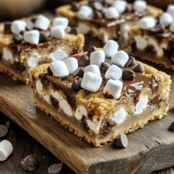 To make S'mores Chocolate Chip Cookie Bars, you need these simple ingredients: - 2 cups all-purpose flour - 1 teaspoon baking soda - ½ teaspoon salt - 1 cup unsalted butter, softened - 1 cup brown sugar, packed - ½ cup granulated sugar - 2 large eggs - 2 teaspoons vanilla extract - 1 cup chocolate chips (milk or dark) - 1 cup mini marshmallows - 1 cup graham cracker crumbs - ½ cup additional chocolate chips for topping - Extra mini marshmallows for topping These ingredients create a rich, gooey texture and a sweet flavor. The mix of chocolate, marshmallows, and graham crackers gives each bite that beloved campfire taste. You might want to add a twist to your bars. Here are some fun options: - Dark chocolate chunks - Peanut butter chips - Nuts or other mix-ins Adding these can change the flavor and texture. Feel free to experiment! You can find the full recipe in this article for more details. - Preheat your oven to 350°F (175°C). - Grease or line a 9x13-inch baking pan for easy removal. - In a medium bowl, whisk the flour, baking soda, and salt together. - In a large bowl, cream the softened butter, brown sugar, and granulated sugar until fluffy. - Add the eggs one at a time, mixing well after each. Stir in the vanilla extract. - Combine the wet and dry ingredients until just mixed. - Fold in the chocolate chips, marshmallows, and graham cracker crumbs. - Spread half of the dough in the prepared pan. - Sprinkle chocolate chips and mini marshmallows over the first layer. - Drop spoonfuls of the remaining dough over the topping, pressing gently. - Bake for 20-25 minutes or until the edges are golden brown. - Cool in the pan for 10-15 minutes before moving to a wire rack. For more details, check out the Full Recipe. - Avoid overmixing the batter: Mixing too much can make your cookie bars tough. Stop mixing as soon as the flour disappears. - Ensure proper measuring techniques: Use the spoon and level method for flour. This helps avoid adding too much, which can dry out the bars. - Best ways to store leftover cookie bars: Keep them in an airtight container at room temperature. They stay fresh for about a week. - Ideas for serving: Serve the bars on a rustic wooden board. Add mini marshmallows and chocolate chips on top. Drizzle chocolate sauce for extra flair. - Addressing underbaked or overbaked results: If your bars are underbaked, bake a few minutes longer. For overbaked bars, reduce the time next time. - Tips if cookies crumble when cutting: Use a sharp knife and let the bars cool completely. This helps them hold together better when you cut them. {{image_2}} You can easily change the flavor of your s'mores bars. Try adding flavored chocolate. White chocolate brings a sweet twist. It melts beautifully, making the bars extra creamy. You can also use butterscotch chips for a fun twist. Consider mixing in different types of cookies in the crust. Try a chocolate cookie base for a richer taste. Or use graham crackers mixed with oats for a crunchy texture. If you need gluten-free options, use almond flour or a gluten-free flour blend. These flours work well and keep the bars tasty. For a dairy-free version, swap the butter for coconut oil. Use dairy-free chocolate chips to keep it rich and sweet. These adjustments make it easy for everyone to enjoy. Want to serve your bars in a fun way? Turn them into ice cream sandwiches. Just add a scoop of your favorite ice cream between two bars. You can also serve the bars warm with ice cream on top. This makes for a gooey, delicious treat. Adding some chocolate sauce or sprinkles can make it even better. For the full recipe, check out the link. To keep your S'mores Chocolate Chip Cookie Bars fresh, use an airtight container. This will lock in moisture and prevent them from going stale. You can store them at room temperature for up to five days. If you want to keep them longer, freezing is a great option. Just wrap each bar tightly in plastic wrap, then place them in a freezer bag. They can last up to three months in the freezer. When you're ready to enjoy a cookie bar again, reheating is simple. Preheat your oven to 350°F (175°C). Place the cookie bars on a baking sheet and cover them with foil. Heat for about 10 minutes. This helps them regain their soft and gooey texture. If you're in a hurry, you can microwave a single bar for about 15-20 seconds. Just be careful not to overheat it, or it may become tough. S'mores chocolate chip cookie bars last about 3 days at room temperature. Keep them in an airtight container to stay fresh. If you store them in the fridge, they can last up to a week. The cold helps keep them moist and delicious. Yes, you can make these cookie bars ahead of time. I suggest baking them a day before you plan to serve them. Allow the bars to cool completely before wrapping them tightly. This keeps them fresh. You can also freeze them for up to a month. Just thaw them in the fridge overnight before serving. If your cookie bars are crumbly, it might be due to overmixing the dough. Mixing too much can break down the structure. Also, make sure you use the right amount of butter and sugar. If you added too much flour, that can cause crumbliness too. To fix this, you can add a splash of milk to the dough. Absolutely! You can use dark chocolate, white chocolate, or even peanut butter chips. Mixing different types of chocolate adds fun flavors to your bars. Try using chocolate chunks for extra gooey bites. Always remember to balance the sweetness with your choice of chocolate. These S'mores Chocolate Chip Cookie Bars are a fun treat you can enjoy. We covered the key ingredients and easy steps to create them. Don’t forget to think about custom flavors and storage tips. If you run into any issues, the troubleshooting section will help. You can get creative with the variations for even more tasty ideas. Enjoy baking these delicious bars and sharing them with friends!