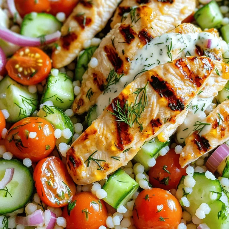 To make Pickle Ranch Chicken and Couscous Salad, you need fresh and tasty ingredients. Here’s a clear list to help you get started. - 2 boneless, skinless chicken breasts - 1 cup dill pickle juice - 1 teaspoon garlic powder - 1 teaspoon onion powder - Salt and pepper to taste - Olive oil for grilling - 1 cup couscous - 1 ¼ cups chicken broth - 1 cup cherry tomatoes, halved - 1 cucumber, diced - 1/4 red onion, finely chopped - 1/4 cup fresh dill, chopped - 1/3 cup ranch dressing These ingredients blend well to create a dish full of flavor. The chicken brines in pickle juice, making it juicy and tangy. Couscous adds a nice texture, while the salad brings freshness. You can find the Full Recipe to guide you through the cooking steps. Brining the Chicken Brining is key for juicy chicken. In a bowl, combine the chicken breasts with dill pickle juice. Let them marinate in the fridge for at least 30 minutes. This process adds great flavor and keeps the meat moist. Cooking the Couscous Grab a medium saucepan and bring the chicken broth to a boil. Once boiling, stir in the couscous. Cover the pan and remove it from heat. Let it sit for about five minutes. After that, fluff the couscous with a fork to separate the grains. Grilling the Chicken Take the chicken out of the pickle juice and pat it dry with paper towels. Season it with garlic powder, onion powder, salt, and pepper. Heat your grill or grill pan over medium-high heat. Add a little olive oil to prevent sticking. Grill the chicken for about 6-7 minutes on each side. You want it to reach an internal temperature of 165°F (75°C). Once done, let it rest for a few minutes, then slice it into strips. Mixing Salad Ingredients In a large mixing bowl, combine the fluffed couscous, halved cherry tomatoes, diced cucumber, chopped red onion, and fresh dill. This mix brings fresh tastes and crunch to the salad. Adding Dressing Pour the ranch dressing over the salad mixture. Toss everything together until well combined. Taste it and adjust the seasoning with salt and pepper if needed. Serving Suggestions To serve, place a generous portion of the salad on a plate. Top it with the grilled chicken strips. It looks vibrant and inviting. Additional Toppings Feel free to drizzle some extra ranch dressing on top for added flavor. You can also sprinkle more fresh dill or some crumbled feta cheese for a nice touch. For the full recipe, check out the complete instructions above! Marination Tips for Maximum Flavor To get the best flavor from your chicken, use dill pickle juice. This tangy brine makes the chicken juicy and adds a unique taste. Let your chicken marinate for at least 30 minutes in the fridge. Longer is even better! You can marinate overnight for the best results. Cooking Time and Temperature Guidelines Cook the chicken on medium-high heat. This helps to get a nice char while keeping it juicy. Grill for about 6-7 minutes on each side. Always check the internal temperature. It should reach 165°F (75°C) for safe eating. Fluffing Techniques After cooking your couscous, let it sit for five minutes. Then, use a fork to fluff it up. This helps to separate the grains. Fluffed couscous looks nice and tastes better too! Variations in Liquid for Added Flavor Instead of plain water, use chicken broth to cook couscous. This adds a rich taste. You can also add lemon juice or herbs to the broth for extra flavor. Try using vegetable broth for a lighter taste. Plating Suggestions When serving, place a generous amount of couscous salad on a plate. Top it with sliced, grilled chicken. This makes the dish look colorful and inviting. A nice contrast between the yellow couscous and the green veggies adds to the appeal. Garnishing for Visual Appeal Fresh dill works great as a garnish. Sprinkle some on top for a pop of color. You can also add a drizzle of ranch dressing for a creamy touch. This adds flavor and makes the dish visually stunning. For the full recipe, check out the full recipe section. {{image_2}} Gluten-Free Options To make this dish gluten-free, use quinoa instead of couscous. Quinoa is a great substitute. It has a nutty flavor and adds protein. Just cook it in chicken broth for extra taste. Vegetarian Alternatives For a vegetarian version, swap chicken for chickpeas or grilled tofu. Both options work well. They add protein and texture. Marinate the chickpeas in pickle juice for a fun twist. Adding Spices and Herbs You can spice up the dish by adding smoked paprika or cayenne. These spices add warmth and depth. Fresh herbs like parsley or basil also brighten the flavors. Experiment with what you love. Substitute Ingredients Feel free to swap ingredients. Use feta cheese instead of ranch dressing for a tangy kick. Change cherry tomatoes for bell peppers if you prefer. These swaps keep the meal fresh and exciting. Adjustments for Smaller or Larger Servings If you need fewer servings, cut the ingredients in half. For larger groups, double the recipe. This makes it easy to adjust for any occasion. It is a versatile dish. Meal Prep Considerations This salad is perfect for meal prep. You can make it ahead and store it in the fridge. Just keep the chicken and salad separate until serving. This helps maintain freshness and texture. For the full recipe, check out the instructions above. Enjoy the deliciousness! To keep your Pickle Ranch Chicken and Couscous Salad fresh, use airtight containers. This helps prevent moisture loss and keeps flavors intact. Glass or plastic containers with tight lids work well. Store the salad in the fridge within two hours of serving. It stays good for about three days. If you need to store it longer, consider freezing. When you reheat the chicken, do it slowly to keep it juicy. The best way is to use a skillet over low heat. Add a splash of water or broth to help maintain moisture. Cover the skillet with a lid to trap steam. For couscous, the microwave is great. Add a few drops of water and cover it with a damp paper towel. Heat it for 30 seconds at a time, stirring until warm. You can freeze the chicken and salad separately. Wrap the chicken tightly in plastic wrap, then place it in a freezer bag. This keeps it safe from freezer burn. For the salad, place it in a freezer-friendly container. Leave some space at the top for expansion. When ready to eat, thaw the chicken in the fridge overnight. Let the salad thaw at room temperature for about an hour before serving. Check out the Full Recipe for more details on making this delicious dish! You should brine the chicken for at least 30 minutes. This short time helps the chicken soak up the pickle juice flavor. If you have more time, brining for up to 2 hours can enhance the taste even more. Just remember not to exceed 2 hours. Longer brining can make the chicken too salty. Yes, you can use other chicken cuts. Thighs or wings will work well too. Adjust cooking times based on the cut you choose. For boneless thighs, grill them for about 5-6 minutes per side. For bone-in pieces, cook longer. Always check that the internal temperature reaches 165°F (75°C) for safety. This salad pairs nicely with many sides. Here are a few great options: - Grilled corn on the cob - Roasted vegetables - Fresh fruit salad - Garlic bread - Chips and salsa These sides add flavor and texture, making your meal more satisfying. Enjoy exploring different combinations with your Pickle Ranch Chicken and Couscous Salad. For the full recipe, check out the details provided earlier. This blog post detailed the key ingredients, preparation steps, and tips for creating a delicious chicken couscous salad. We covered brining, cooking techniques, and serving ideas. Remember, grilling your chicken well and fluffing your couscous can make a big difference. You can also customize flavors or adjust serving sizes to fit your needs. With these tips, you can enjoy a flavorful meal any time. So, get cooking and have fun while experimenting with your dish!