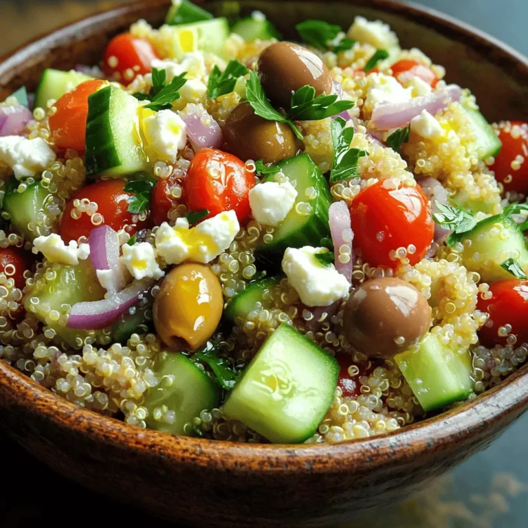 To make a delicious Mediterranean Quinoa Bowl, gather these fresh ingredients: - Quinoa: 1 cup, rinsed - Vegetable Broth: 2 cups - Vegetables: - 1 cup cucumber, diced - 1 cup cherry tomatoes, halved - 1/2 cup red onion, finely chopped - Proteins: - 1/2 cup chickpeas (optional) or grilled chicken - Mediterranean Flavors: - 1/2 cup Kalamata olives, pitted and sliced - 1/2 cup feta cheese, crumbled - 1/4 cup fresh parsley, chopped - Dressing: - 1/4 cup olive oil - 2 tablespoons lemon juice - 1 teaspoon dried oregano - Salt and pepper to taste These ingredients come together to make a bright and tasty meal. The quinoa offers protein and fiber. The vegetables add crunch and color. Chickpeas or chicken boost protein too. Kalamata olives and feta cheese bring that classic Mediterranean taste. Fresh parsley brightens every bite. For the dressing, olive oil and lemon juice create a zesty finish. Dried oregano adds that distinct flavor. Use salt and pepper to suit your taste. You can find the full recipe for this vibrant dish [here](#). Enjoy making your Mediterranean Quinoa Bowl! 1. Boil vegetable broth: Start by pouring the vegetable broth into a medium saucepan. Bring it to a full boil over high heat. 2. Add quinoa, reduce heat, and simmer: Once the broth is boiling, add 1 cup of rinsed quinoa. Stir gently, then lower the heat to a simmer. Cover the pot and let it cook for 15 minutes. 3. Fluff quinoa after resting: After cooking, remove the pot from heat but keep it covered. Let it sit for 5 minutes. This helps the quinoa absorb any leftover broth. After resting, use a fork to fluff the quinoa, making it light and airy. 1. Combine olive oil, lemon juice, dried oregano, salt, and pepper: In a small bowl, mix together 1/4 cup of olive oil, 2 tablespoons of lemon juice, 1 teaspoon of dried oregano, and a pinch of salt and pepper. 2. Whisk until well mixed: Use a whisk or a fork to blend these ingredients together. You want a smooth and tangy dressing that enhances the flavors in your bowl. 1. Mix cooked quinoa with diced vegetables: In a large mixing bowl, add the fluffy quinoa. Then, toss in 1 cup of diced cucumber, 1 cup of halved cherry tomatoes, and 1/2 cup of finely chopped red onion. 2. Add proteins and olives: If you like, you can add a protein like 1/2 cup of chickpeas or grilled chicken. Don’t forget to include 1/2 cup of pitted and sliced Kalamata olives for that rich, briny flavor. 3. Drizzle dressing and toss gently: Pour the dressing over the quinoa mixture. Gently toss everything together until all the ingredients are coated well. Taste and adjust seasoning if needed. Enjoy your vibrant Mediterranean Quinoa Bowl! For a full recipe, check [Full Recipe]. To make great quinoa, start by rinsing it. Rinsing removes the bitter coating called saponin. This makes quinoa taste better. Use a fine mesh strainer for this step. Rinse it under cold water for about one minute. After cooking, let the quinoa rest. Resting it for five minutes allows it to absorb any leftover moisture. This makes the quinoa fluffy and light. Fluff it gently with a fork before serving. To boost flavor, add herbs or spices. Fresh herbs like basil or mint work well. You can also try spices like cumin or paprika. These will give your bowl a unique taste. Using different olives or cheeses can change the flavor profile too. Try green olives or even sun-dried tomatoes. You can also replace feta with goat cheese for a creamier touch. Each change can give you a new twist on your quinoa bowl. This dish is perfect for meal prep. You can make it ahead of time. Cook a big batch and store it in the fridge. It’s great for quick weeknight meals. Just grab a serving and enjoy. To store leftovers, use airtight containers. This keeps the flavors fresh. You can keep it in the fridge for about three to five days. If you want to make it last longer, freeze it. Just thaw it in the fridge before serving. For the full recipe, check out the Mediterranean Quinoa Bowl. Enjoy your healthy, flavorful meal! {{image_2}} You can change the protein in your Mediterranean quinoa bowl. If you want a vegetarian dish, try chickpeas or lentils. Both options add great flavor and fiber. If you prefer meat, grilled chicken or shrimp works well. These proteins boost the dish's heartiness. Switch up your veggies based on the season. Fresh peppers, zucchini, or eggplant can add fun textures. Adding leafy greens like spinach or arugula gives extra nutrients. They also bring a nice pop of color to your bowl. The dressing is key to flavor. You can try different vinaigrettes. A balsamic or red wine vinaigrette can add a tangy twist. If you like creamy dressings, try a yogurt or tahini base. These options change the taste while still keeping it fresh and light. For the Full Recipe, check out all the ingredients and steps to make this dish shine! Store your Mediterranean Quinoa Bowl in an airtight container. This helps keep it fresh. You can enjoy it for up to five days in the fridge. If you notice any odd smell or change in color, it's best to toss it. Yes, you can freeze quinoa bowls! Just pack it tightly in a freezer-safe container. It keeps well for up to three months. To reheat, let it thaw in the fridge overnight. Then, warm it gently in the microwave or on the stove. Add a splash of broth to keep it moist. For gatherings, serve the bowl in a big, colorful dish. You can layer ingredients for a pretty look. Pair it with pita bread, tzatziki, or a simple green salad. It’s a great way to enjoy Mediterranean flavors together. Explore other Mediterranean dishes to create a full meal experience. To make the Mediterranean Quinoa Bowl vegetarian, you can use plant-based proteins. Chickpeas are a great choice. They add protein and fiber. You can also include lentils for a heartier dish. If you want to remove cheese, try using avocado for creaminess. You can also add more veggies for flavor. Yes, you can make the Mediterranean Quinoa Bowl ahead of time. Cook the quinoa and let it cool. Store it in an airtight container. You can prepare the dressing separately. Keep it in the fridge too. This way, the flavors stay fresh. When you're ready to eat, mix everything together. If you need a substitute for feta cheese, there are several options. For a lactose-free choice, try using almond feta or tofu feta. Both work well in this bowl. Nutritional yeast can add a cheesy flavor too. You can also skip the cheese entirely and add more veggies or nuts. Yes, this Mediterranean Quinoa Bowl is gluten-free. Quinoa is a gluten-free grain. Just ensure all other ingredients are gluten-free. You can use gluten-free vegetable broth and check your olives for any additives. This way, you can enjoy a safe and tasty meal. For gluten-free variations, feel free to add your favorite veggies or proteins. This post offered you a simple guide to making a Mediterranean Quinoa Bowl. We covered the needed ingredients, easy steps, tips for perfect quinoa, and suggested variations. Now you have a healthy meal that is quick and customizable. Enjoy exploring flavors and options that fit your taste. This bowl is not just filling; it also helps you eat well. Get cooking and share your delicious results!