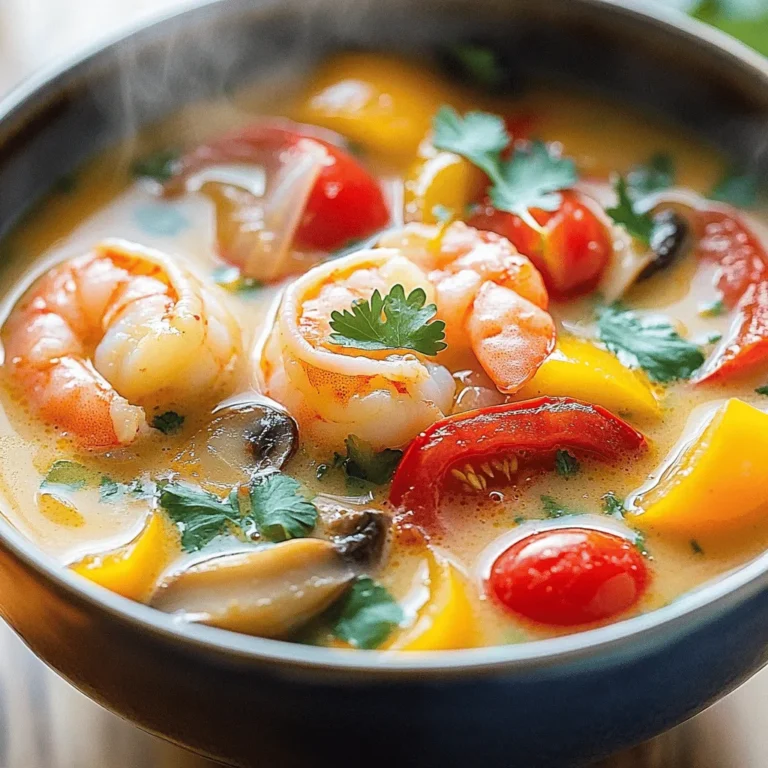 - 1 lb large shrimp, peeled and deveined - 1 can (13.5 oz) coconut milk - 2 cups chicken or vegetable broth - 1 tablespoon red curry paste - 1 tablespoon fresh ginger, minced - 2 garlic cloves, minced - 1 stalk lemongrass (or 1 tablespoon lemongrass paste) - 1 bell pepper, thinly sliced - 1 cup mushrooms, sliced The base of the soup is simple yet full of flavor. You start with the shrimp, which gives the dish a juicy and tender bite. Coconut milk adds creaminess and a hint of sweetness. Pair that with chicken or vegetable broth, and you have a warm, soothing base. I love adding red curry paste. It gives the soup its signature heat and depth. Fresh ginger and garlic are must-haves. They add a warm, aromatic kick that lifts the soup. If you want to take it a step further, add lemongrass. It gives a fresh, citrusy note. Bell peppers add a nice crunch and color. Mushrooms bring an earthy flavor, making the dish even more hearty. For the full recipe, include any of these ingredients to make your soup truly your own! 1. In a large pot, heat a splash of vegetable oil over medium heat. This oil helps to cook the garlic and ginger. 2. Add the minced ginger and garlic. Sauté them until you smell their great aroma. This should take about one minute. 1. Stir in one tablespoon of red curry paste. Mix it well with the ginger and garlic. Cook for another minute. This step adds flavor to your soup. 2. Now, pour in two cups of chicken or vegetable broth. Bring the mix to a gentle simmer. 3. Next, add one can of coconut milk. Stir it in well. Keep the pot simmering lightly. 1. If you have lemongrass, slice the stalk and add it whole to the pot. If you use lemongrass paste, add one tablespoon instead. 2. Then, add one sliced bell pepper and one cup of sliced mushrooms. Cook these for about five to seven minutes until they start to soften. 3. Finally, toss in one pound of large shrimp and one cup of halved cherry tomatoes. Cook until the shrimp turns pink and is fully cooked. This should take about three to four minutes. Make sure to check the shrimp! They should not be overcooked. Once done, you can find the full recipe for Spicy Thai Coconut Shrimp Soup at the end of this section. To get the right amount of spice, adjust the red curry paste. Start with a tablespoon. Taste as you go. If you want more heat, add a bit more. Lime juice helps balance the heat. It adds a nice zing to the soup. Serve your soup with rice or crusty bread. Both soak up the rich flavors. For garnish, use fresh cilantro or slices of lime. They make the dish look bright and fresh. To keep shrimp tender, avoid overcooking them. Cook them just until they turn pink. This takes about 3 to 4 minutes. To check for doneness, cut one shrimp in half. If it's opaque and firm, it’s perfect. Enjoy your Spicy Thai Coconut Shrimp Soup with all its flavors. For the complete recipe, check the Full Recipe section. {{image_2}} You can easily make this soup vegetarian or vegan. Instead of shrimp, use mushrooms or tofu. Both options add a nice texture and flavor. For a vegan soup, swap chicken broth for vegetable broth. This keeps the dish rich and tasty while being plant-based. Feel free to get creative with the veggies you add. Zucchini or spinach can make the soup even better. They bring freshness and color. You can also try different spices. Turmeric adds a warm, earthy taste, while chili flakes can turn up the heat. These changes keep the recipe fun and interesting. If shrimp isn’t your favorite, you can use fish or chicken instead. Both options cook well with the flavors in this soup. If you like seafood, consider adding scallops or mussels. They pair perfectly with coconut and spices. The Full Recipe allows for these fun swaps, making it easy to customize your meal. To store your Spicy Thai Coconut Shrimp Soup, use airtight containers. Glass or plastic containers work well. Ensure the soup cools down before sealing. Store it in the fridge at a temperature below 40°F. This keeps the soup fresh and tasty for longer. You can freeze leftover soup for later. First, let it cool completely. Then, pour the soup into freezer-safe bags or containers. Remove as much air as possible from bags. To reheat, thaw in the fridge overnight. Heat on the stove over low heat. Stir often to keep flavors intact. Adding a splash of coconut milk can help revive the creaminess. For best taste, consume the soup within three days if stored in the fridge. If frozen, it can last up to three months. Watch for signs of spoilage. Look for off smells or changes in color. If it looks or smells strange, toss it out. Enjoy your soup fresh for the best flavors! To amp up the heat, try these options: - Add more red curry paste: Start with half a tablespoon more. - Include fresh chilies: Slice in some Thai bird chilies for instant heat. - Dash of hot sauce: A couple of drops can really ignite the flavor. - Spicy oil drizzle: Finish your soup with chili oil for rich heat. These methods let you control the spice level. Adjust based on your taste. Yes, you can make this soup ahead. Here’s how: - Prep the base: Cook the soup base but leave out the shrimp. - Store in the fridge: Keep it in an airtight container for up to three days. - Reheat gently: When you’re ready, warm it on low heat. Add shrimp when it's hot. This way, the shrimp stays tender and juicy. If you don’t have red curry paste, consider: - Green curry paste: It offers a different flavor but still packs a punch. - Yellow curry powder: Mix it with coconut milk for a milder soup. - Homemade blend: Combine ground cumin, coriander, and chili powder for a substitute. Each of these will give your soup a unique twist. Absolutely! To make this soup gluten-free: - Fish sauce: Use a gluten-free version or soy sauce. - Broth: Ensure your chicken or vegetable broth is gluten-free. - Check labels: Always read labels on products like curry paste. These adjustments keep your flavors intact while making it safe for gluten-sensitive diets. Yes, frozen shrimp work well! Here’s what to do: - Thaw first: Let them thaw in the fridge overnight or run under cold water. - Cook time: They may need an extra minute in the pot compared to fresh shrimp. - Flavor: Frozen shrimp often have good taste if cooked properly. Using frozen shrimp makes this recipe easy and quick! For the full recipe, check out the Spicy Thai Coconut Shrimp Soup recipe above. This article covered the essential ingredients for Spicy Thai Coconut Shrimp Soup, plus steps to make it. You learned how to cook shrimp perfectly and adjust spice levels. Remember, you can swap shrimp for other proteins or vegetables. Store leftovers properly to enjoy later. With these tips, you can create a flavorful dish that suits your taste. Get creative and make this recipe your own! Your kitchen adventures are just beginning, so have fun!