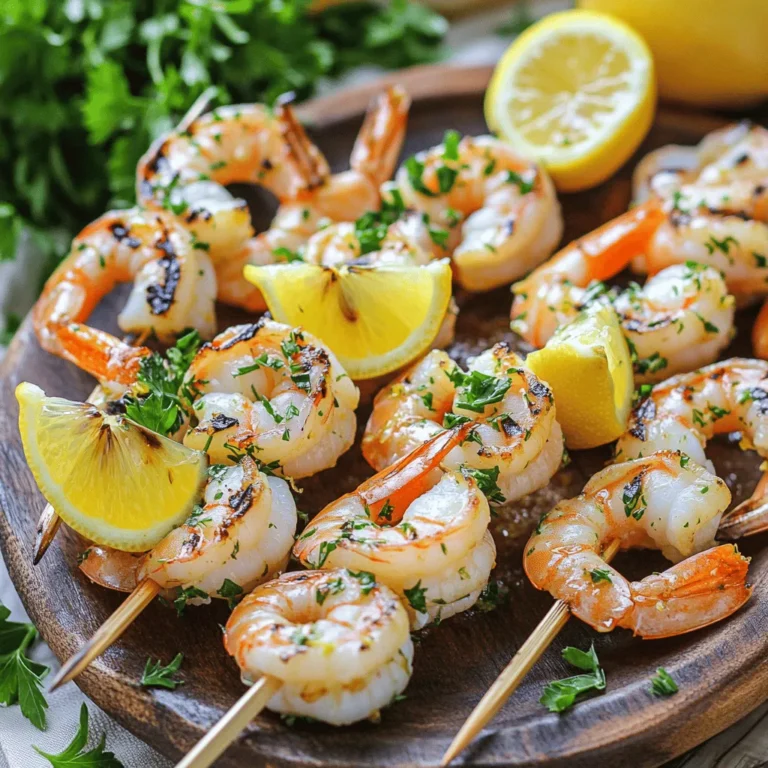 When you want to make Lemon Herb Grilled Shrimp Skewers, you need the right ingredients. Here’s what you will need: - Shrimp and Marinade Components - 1 pound large shrimp, peeled and deveined - 3 tablespoons olive oil - 2 tablespoons fresh lemon juice - 1 tablespoon lemon zest - 3 cloves garlic, minced - 1 teaspoon dried oregano - 1 teaspoon dried thyme - 1 teaspoon smoked paprika - Salt and pepper to taste - Optional Garnishes - Fresh parsley, chopped (for garnish) - Lemon wedges (for serving) - Equipment Needed - Skewers (wooden or metal) Using fresh shrimp makes a big difference in taste. I prefer large shrimp, as they hold up well on the grill. The marinade packs a punch with olive oil, lemon juice, and fresh garlic. This combo gives the shrimp a bright, tasty flavor. If you choose wooden skewers, soak them in water for about 30 minutes. This prevents them from burning and keeps your shrimp juicy. For garnishes, fresh parsley adds a nice touch. Lemon wedges are great for squeezing on top, adding extra brightness to each bite. You can find the full recipe with detailed steps to make these delicious skewers. Enjoy cooking! - Soaking Skewers: If you use wooden skewers, soak them in water for 30 minutes. This stops them from burning on the grill. Metal skewers do not need this step. - Whisking the Marinade: In a bowl, mix 3 tablespoons of olive oil, 2 tablespoons of fresh lemon juice, and 1 tablespoon of lemon zest. Add 3 cloves of minced garlic, 1 teaspoon of dried oregano, 1 teaspoon of dried thyme, and 1 teaspoon of smoked paprika. Season with salt and pepper to taste. Whisk until well blended. - Marinating the Shrimp: Add 1 pound of shrimp to the marinade. Toss the shrimp until they are well coated. Let them sit for 15 to 20 minutes. This step boosts the flavor. - Preheating the Grill: Heat your grill to medium-high. This allows for a nice sear on the shrimp. - Skewering the Shrimp: Thread the marinated shrimp onto the soaked skewers. Make sure the shrimp are snug but not crowded. This helps them cook evenly. - Cooking Time per Side: Grill the skewers for 2 to 3 minutes on each side. Shrimp are done when they turn pink and opaque. Avoid overcooking them, as this can make them tough. - Garnishing Ideas: After grilling, let the skewers rest for a minute. Garnish with chopped fresh parsley. This adds a vibrant touch. - Accompaniments: Serve the skewers with lemon wedges on the side. They add a fresh burst of flavor. Enjoy your meal with a side of grilled veggies or a crisp salad for a complete dish. For the full recipe, check out the details above. Adjusting the Flavor Profile To make your shrimp skewers shine, tweak the marinade. You can add more lemon juice for zest. If you want heat, mix in some red pepper flakes. For a sweet touch, try a bit of honey. Each change can make a big difference. Marination Timing Time is key for flavor. I suggest marinating your shrimp for 15-20 minutes. This lets the shrimp soak up all the tasty goodness. If you marinate too long, the shrimp can get mushy. So, keep an eye on the clock. Keeping Shrimp Tender To keep shrimp tender, avoid high heat for too long. The right marinade also helps. Use olive oil, as it coats and protects the shrimp. This way, they stay juicy and full of flavor. Temperature Control Grill the shrimp at medium-high heat. This gives you a nice char without burning. If the grill is too hot, the shrimp can cook too fast. This can lead to dry shrimp. Aim for about 400°F to 450°F. Avoiding Overcooking Shrimp cook quickly, usually in just 2-3 minutes per side. Watch them closely. When they turn pink and opaque, they are done. If you leave them too long, they will become tough. Optimal Skewer Arrangement When threading shrimp on skewers, don’t overcrowd them. Leave a little space between each shrimp. This allows heat to circulate. It helps them cook evenly and get that nice grilled flavor. For the full recipe, check the section above. Happy grilling! {{image_2}} Using Different Seafood You can swap shrimp for other seafood. Try scallops or firm fish like salmon. These options also soak up flavors well. Adjust cooking times to match the seafood's thickness. For scallops, grill for about 2-3 minutes per side. For fish, check that it flakes easily with a fork. Marinade Flavor Variations Want to change up the taste? You can add different herbs or spices. Swap oregano for basil or dill. Use lime juice instead of lemon for a zesty twist. A bit of honey can add a nice sweetness. Experiment with your favorite flavors to find the perfect blend. Oven-Broiled Shrimp If you don’t have a grill, broiling works well. Preheat your oven's broiler. Place shrimp skewers on a pan lined with foil. Broil for about 2-3 minutes per side. Keep an eye on them to avoid burning. They will still have that delicious charred flavor. Skillet Cooking You can also cook shrimp in a skillet. Heat some olive oil in a pan over medium heat. Add the shrimp skewers and cook for about 3-4 minutes on each side. This method gives a nice sear while keeping shrimp juicy. Don’t forget to add any leftover marinade for extra flavor. Air Fryer Options Air fryers are great for a quick cook. Preheat your air fryer to 400°F. Place the shrimp skewers in a single layer. Cook for about 5-6 minutes, flipping halfway. This method keeps the shrimp tender and gives a slight crispiness. It's a healthy choice, too! For the full recipe, you can check out the detailed instructions above. After you enjoy your Lemon Herb Grilled Shrimp Skewers, store any leftovers safely. - Refrigeration Guidelines: Place the shrimp in an airtight container. They will stay fresh for up to three days in the fridge. Make sure to cool them to room temperature before sealing the container. This helps keep them from getting soggy. - Freezing Instructions: If you want to keep them longer, freeze your shrimp. Use a freezer-safe bag or container. Remove as much air as possible to prevent freezer burn. They can last about three months in the freezer. When you’re ready to eat them, thaw them in the fridge overnight. Reheating shrimp can be tricky. You want to keep them tasty and tender. - Best Techniques for Leftovers: For best results, reheat shrimp in a skillet over medium heat. Add a splash of olive oil or a little butter. This helps keep the shrimp juicy. Heat them for about 2-3 minutes, flipping halfway. You can also use a microwave, but be careful. Heat in short bursts of 20 seconds to avoid overcooking. - Maintaining Flavor and Texture: To keep the flavor, consider adding a bit of lemon juice or a dash of your marinade while reheating. This brings back that fresh taste. Avoid boiling or steaming; these methods can make the shrimp rubbery. Try these tips for storing and reheating your Lemon Herb Grilled Shrimp Skewers. Enjoy every bite! For the complete recipe, check the Full Recipe section. You should marinate shrimp for about 15 to 20 minutes. This time allows the shrimp to soak in the flavors. If you marinate too long, the shrimp may become mushy from the acid in the lemon juice. Yes, you can use frozen shrimp. Just make sure to thaw them completely before marinating. Thaw shrimp overnight in the fridge or place them in a bowl of cold water for about 30 minutes. This helps maintain their texture and flavor. Great sides include grilled vegetables, a fresh salad, or rice. Grilled zucchini, bell peppers, or mixed greens pair well with the shrimp's bright flavor. You can also serve a light couscous salad for a nice touch. Shrimp are cooked when they turn pink and opaque. They should curl into a C shape. Avoid overcooking, as shrimp can become tough. Keep an eye on them while grilling to get that perfect texture. Yes, you can prepare the marinade and marinate the shrimp ahead of time. Store the marinated shrimp in the fridge for up to 2 hours before grilling. This makes it easier to enjoy a delicious meal with less last-minute work. For the full recipe, see the recipe card above. In this blog post, I covered all you need for grilling shrimp skewers. We discussed ingredients, preparation steps, grilling techniques, and more. I provided tips for perfect flavor and texture. This guide allows you to experiment with variations and methods too. With simple instructions, you can make your shrimp dishes shine. Now, enjoy grilling, serve with exciting sides, and impress your friends. Happy cooking!
