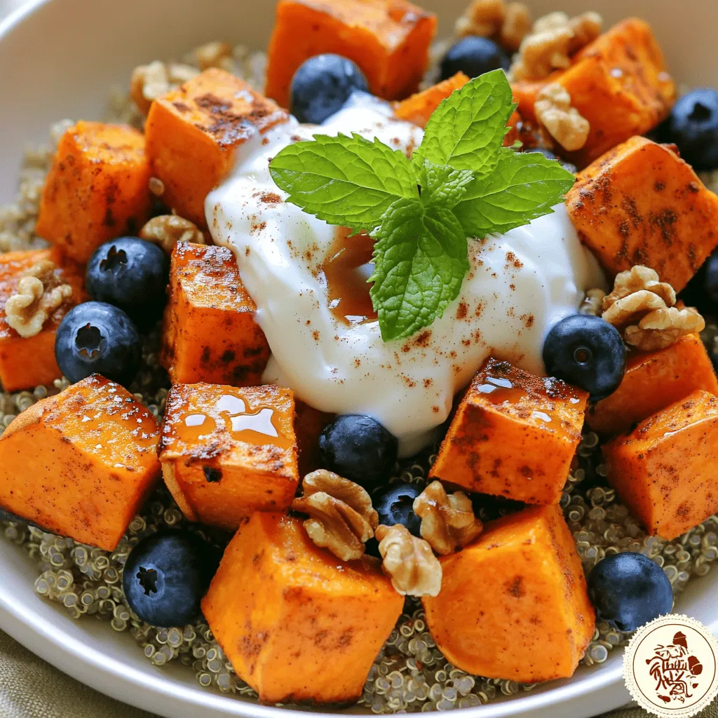 To make the sweet potato breakfast bowl, gather these fresh ingredients: - 1 large sweet potato, peeled and diced - 1 tablespoon olive oil - 1 teaspoon cinnamon - 1/2 teaspoon nutmeg - 1/4 teaspoon sea salt - 1/4 cup cooked quinoa - 1/4 cup Greek yogurt (or a dairy-free alternative) - 1 tablespoon maple syrup (or agave syrup) - 1/4 cup fresh blueberries - 1 tablespoon chopped walnuts (optional) - Fresh mint leaves for garnish Each serving of this sweet potato breakfast bowl is packed with nutrients. Here’s the breakdown: - Calories: 350 - Protein: 10g - Carbohydrates: 55g - Dietary Fiber: 8g - Sugars: 10g - Fat: 12g This bowl offers a good mix of carbs, healthy fats, and protein to keep you full. You can easily swap some ingredients based on your taste or diet: - Use pumpkin instead of sweet potato for a different flavor. - Substitute quinoa with oats for a heartier base. - Try coconut yogurt if you want a dairy-free option. - Use honey instead of maple syrup for sweetness. - Top with almonds instead of walnuts for a nutty crunch. These substitutions can help you tailor the bowl to your liking while keeping it delicious. If you'd like to see the complete method, check out the Full Recipe. To make a sweet potato breakfast bowl, start with a large sweet potato. Peel and dice it into small cubes. This helps it cook evenly. Next, gather your spices: cinnamon, nutmeg, and sea salt. You will also need olive oil for roasting. 1. Preheat your oven to 400°F (200°C). This ensures even cooking. 2. In a bowl, mix the diced sweet potato with olive oil, cinnamon, nutmeg, and sea salt. Toss it well until all pieces are coated. 3. Spread the sweet potato on a baking sheet in a single layer. This helps them roast evenly. 4. Roast for 25-30 minutes. Flip them halfway through to get a nice caramelization. Check if they are fork-tender when done. 5. While the sweet potatoes roast, cook quinoa if needed. Follow the package instructions for best results. 6. In a separate bowl, mix Greek yogurt with maple syrup. Stir until it's smooth and creamy. 7. To build your breakfast bowl, add quinoa as the base. 8. Top with roasted sweet potatoes, a dollop of the yogurt mixture, and fresh blueberries. 9. If you like crunch, sprinkle chopped walnuts on top. 10. Finish with fresh mint leaves for a pop of color and flavor. When serving, use a colorful bowl to make it inviting. Layer the ingredients for a beautiful look. You can also drizzle extra maple syrup on top for a sweet touch. Serve this bowl warm for the best taste. For more ideas, check out the Full Recipe for different toppings and options. To get the best roasted sweet potatoes, start with fresh ones. Choose a large sweet potato for even cooking. Peel and dice it into small cubes. This helps them cook faster. Toss the cubes in olive oil, cinnamon, nutmeg, and sea salt. Make sure every piece is well coated. Spread them in a single layer on a baking sheet. This allows hot air to circulate. Roast at 400°F (200°C) for 25 to 30 minutes. Flip them halfway through for even browning. Look for a fork-tender texture and a caramelized look. The sweet flavor will shine through. To save time, prep your sweet potatoes and quinoa ahead. Cook a big batch of quinoa early in the week. Store it in an airtight container. You can roast your sweet potatoes in advance as well. Reheat them in the oven or microwave before serving. Layer your breakfast bowls with cooked quinoa as the base. Add your roasted sweet potatoes and toppings right before eating. This keeps everything fresh. You can mix and match toppings to keep it fun. One common mistake is overcrowding the baking sheet. When sweet potatoes are too close, they steam instead of roast. This can make them soggy. Another mistake is not flipping them while cooking. This step helps them brown evenly. Also, watch the cooking time closely. Overcooked sweet potatoes can become mushy. Finally, don’t skip the seasoning. Salt, cinnamon, and nutmeg make a big difference in flavor. For the full recipe, check the link above. {{image_2}} You can easily make this dish vegan. Simply swap the Greek yogurt for a dairy-free yogurt. Almond or coconut yogurt works well. For sweetness, use agave syrup instead of maple syrup. This keeps the bowl creamy and delicious while staying plant-based. This breakfast bowl is naturally gluten-free. Quinoa is a great base, and it fits right in. If you want more options, try using brown rice or buckwheat. Both are gluten-free and add a nice texture. Get creative with spices and toppings! Here are some ideas: - Spices: Try adding ginger or cardamom for an extra kick. - Toppings: Use chopped pecans, almonds, or sunflower seeds for crunch. - Fruits: Swap blueberries for strawberries or raspberries if you like. - Sweeteners: Experiment with honey or a touch of coconut sugar. These small changes can make your sweet potato breakfast bowl unique each time you make it. For the full recipe, check out the Sweet Potato Breakfast Bowl section! To store your Sweet Potato Breakfast Bowl, place it in an airtight container. Make sure the bowl is cool before sealing. This step helps keep the flavors fresh. You can store it in the fridge for up to three days. If you want to keep it longer, freeze it for later. Just remember to thaw it before reheating. To reheat your bowl, you have a few options. The microwave is quick; just heat it for about one to two minutes. Stir halfway through to make sure it warms evenly. If you prefer the oven, preheat it to 350°F (175°C). Place the bowl in a safe dish and heat for about 10-15 minutes. This method keeps the sweet potatoes nice and crispy. The shelf life of this breakfast bowl is about three days in the fridge. To keep it fresh, always seal it tightly. Avoid leaving it out for too long. If you freeze it, it can last for about one month. When you're ready to eat, just thaw it overnight in the fridge. This method helps maintain the taste and texture. Following these tips ensures your Sweet Potato Breakfast Bowl stays delicious and ready to enjoy! You can use several options instead of Greek yogurt. Plain yogurt works well, whether it’s regular or non-dairy. You could also try cottage cheese for a different texture. For a vegan choice, use coconut yogurt or cashew yogurt. These alternatives still give you creaminess and taste. Yes, you can prepare some parts ahead of time. Roast the sweet potatoes and cook the quinoa the night before. Store them in the fridge. In the morning, just combine everything in a bowl. This saves you time and makes breakfast easy. To lower the calories, use less olive oil when roasting the sweet potatoes. You can skip the walnuts or use fewer. Choose a low-calorie yogurt as a substitute. Finally, cut back on maple syrup or use a sugar-free sweetener. This way, you keep the yummy flavors while making it lighter. In this post, we covered how to make a tasty sweet potato breakfast bowl. We discussed the key ingredients, cooking steps, and tips. You learned about nutritional values, substitutes, and flavor options. With these details, you can create a breakfast that suits your taste and diet. Remember, meal prep can save time and reduce waste. Experiment with different toppings and enjoy the bowl your way. Keep these ideas in mind, and you'll succeed in making this healthy dish time and again.