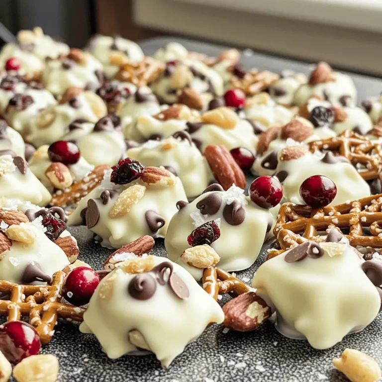 - 2 cups mixed nuts (almonds, cashews, walnuts) - 1 cup dried cranberries - 1 cup mini pretzels, broken into pieces - 1 cup dark chocolate chips - 2 cups white chocolate chips - 1 teaspoon sea salt To create my White Chocolate Trail Mix Clusters, I use simple, tasty ingredients. Each one plays a role in making these clusters a hit. The mixed nuts give a nice crunch and healthy fats. The dried cranberries add a sweet, tangy kick. I like to use mini pretzels for their salty bite. Dark chocolate chips bring a rich flavor, while the white chocolate binds it all together in a sweet, creamy mix. A sprinkle of sea salt on top enhances all these flavors. - Nut-free options: Use seeds like pumpkin or sunflower seeds instead of nuts. - Dried fruit substitutes: Try raisins, apricots, or cherries for a different taste. - Types of chocolate for variation: Swap dark chocolate for milk or semi-sweet chocolate if you prefer. If you have allergies or want to mix things up, you can easily change the ingredients. Nut-free options are great for kids or gatherings. Dried fruit substitutes can add new flavors to your clusters. Finally, experimenting with different types of chocolate can create a fun twist. Don't hesitate to get creative! Check out the Full Recipe for all the details. - Line a baking sheet with parchment paper. - In a large mixing bowl, combine the mixed nuts, dried cranberries, and broken pretzels. Toss them gently to mix well. - Use a microwave-safe bowl to melt the white chocolate chips. - Heat them in 30-second bursts. Stir after each burst until smooth. This helps avoid burning the chocolate. - Use a spoon to drop the mixture onto the baking sheet. Shape them into mounds about 2 inches apart. - Be sure to keep them evenly spaced. This helps them set correctly without merging together. This method ensures you create delightful clusters. You can find the full recipe to guide you through the process step by step. Enjoy your snack treat! To make great clusters, avoid chocolate seizing. Here are key steps to help you. First, use a clean, dry bowl. Water can cause chocolate to seize. Melt the white chocolate in short bursts. Microwave for 30 seconds at a time. Stir well between each round. This method helps to keep the chocolate smooth. When mixing your ingredients, be gentle. Fold the trail mix into the melted chocolate slowly. This keeps the nuts and pretzels intact. Make sure every piece gets coated. It makes your clusters stick together better. You can easily change your clusters to fit your taste. Try adding spices like cinnamon or nutmeg for warmth. A sprinkle of chili powder gives a fun kick. You can also add flavors like vanilla or almond extract. These little touches can change the whole snack. If you have dietary needs, swap out some ingredients. Use pumpkin seeds instead of nuts for a nut-free option. You can replace cranberries with dried apricots or raisins. The choice is yours, so get creative! Serving your clusters can be fun and easy. You can place them on a beautiful platter. This makes them look fancy for parties. Use colorful liners for each cluster if you want to. It adds a pop of color and makes serving simple. If you want to gift these clusters, think about packaging. Use clear bags tied with a ribbon. It looks nice and shows off the clusters. You can also put them in a mason jar. This way, they stay fresh and look cute on a shelf. For the full recipe, check out the instructions above. {{image_2}} You can change up the flavor of your trail mix clusters easily. Adding different types of nuts can give your clusters a new twist. Try using pecans, pistachios, or hazelnuts. Each nut adds its own unique taste. You can also incorporate seeds like sunflower or pumpkin seeds. These add crunch and nutrition. Coconut flakes work well, too. They bring a tropical vibe to your clusters. While white chocolate is the star of this recipe, feel free to experiment. Using milk or semi-sweet chocolate can create a richer flavor. Dark chocolate can add a nice contrast, too. If you're looking for a white chocolate alternative, try yogurt-covered chips. They have a similar sweetness and can be just as fun. You can create themed trail mix clusters for any occasion. For holidays, mix in festive candies like red and green M&M's for Christmas. For Halloween, try adding candy corn or pumpkin-shaped candies. Seasonal variations can include dried fruits like apple slices in the fall. In summer, use fresh berries or tropical fruits. The options are endless, making your clusters special for every event! To keep your White Chocolate Trail Mix Clusters fresh, use an airtight container. This helps prevent air and moisture from getting in. It also keeps the clusters from getting stale. You can store the clusters at room temperature. If you live in a hot area, the fridge is a better choice. The cool air helps the chocolate stay firm. Just be sure to let them warm up a bit before eating. This way, the flavors come alive. You can store these tasty clusters for about two weeks. If you keep them in the fridge, they may last a bit longer. Look for signs that clusters have gone bad. If they smell off or the chocolate looks dull, it’s time to toss them. Also, check for any strange textures. Fresh clusters should feel firm but not hard. Enjoy your treat while it’s at its best! Making White Chocolate Trail Mix Clusters is quick and easy. The prep time is just 15 minutes. The total time, including chilling, is about 45 minutes. This means you can enjoy your tasty snack in no time! Yes, you can switch the nuts! Feel free to use your favorites. Cashews, pecans, or even peanuts work well. Just keep the total at 2 cups. This way, you can create a mix that suits your taste! You can find pre-made White Chocolate Trail Mix Clusters at many grocery stores. Look for brands like Trader Joe’s or Whole Foods. They often have tasty options. You can also check online for brands that ship directly to you. In this post, we explored how to make tasty White Chocolate Trail Mix Clusters. We covered the best ingredients, like mixed nuts and chocolate. I shared step-by-step instructions to help you create perfect clusters every time. You learned tips for storage, variations for flavor, and fun presentation ideas. Making these clusters is easy and fun. You can customize them to fit your taste. Enjoy creating your own unique snack for any occasion!