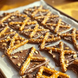 The key to making Chocolate Caramel Pretzel Bark is using the right ingredients. Each one plays a special role in creating that perfect sweet and salty treat. - 2 cups pretzel sticks: These provide the base and give a great crunch. Choose sturdy pretzels for the best results. - 1 cup semisweet chocolate chips: This chocolate adds rich flavor. You can also use milk chocolate if you prefer it sweeter. - 1 cup caramel candies, unwrapped: Use soft caramel candies for easy melting. They help create a smooth, gooey layer. - 1/4 cup heavy cream: This makes the caramel creamy and smooth. It helps the caramel melt evenly and stick well. - 1/2 teaspoon sea salt: A sprinkle of sea salt balances the sweetness and enhances flavors. It makes the bark irresistible. - 1/2 cup chopped pecans or walnuts (optional): Nuts add extra crunch and flavor. Use them if you want a nutty twist. These ingredients come together to create a delightful snack. Follow the Full Recipe for a step-by-step guide to making this tasty treat! 1. Preheating the oven: Start by preheating your oven to 350°F (175°C). This step ensures even cooking and helps melt the caramel just right. 2. Preparing the baking sheet: Line a baking sheet with parchment paper. This keeps the bark from sticking and makes cleanup a breeze. 3. Spreading the pretzels evenly: Take 2 cups of pretzel sticks and spread them across the lined baking sheet. Make sure to cover the sheet in a single layer. This even layer ensures every bite has that salty crunch. 1. Melting the caramel mixture: In a small saucepan, combine 1 cup of unwrapped caramel candies with 1/4 cup of heavy cream. Heat over medium heat. Stir continuously until the mixture is smooth and melted. This creates a rich, gooey layer. 2. Baking time and temperature: Drizzle the warm caramel over the pretzels. Then, place the baking sheet in your preheated oven. Bake for 5-7 minutes. Watch carefully; you want the caramel bubbly but not burnt. 1. Adding chocolate and nuts: Remove the baking sheet from the oven. Sprinkle 1 cup of semisweet chocolate chips over the warm caramel. Let them sit for 2-3 minutes to soften. Then, use a spatula to spread the melted chocolate evenly. 2. Cooling and setting instructions: If you want added crunch, sprinkle 1/2 cup of chopped pecans or walnuts over the chocolate layer. Finish by adding 1/2 teaspoon of sea salt on top. Allow the bark to cool at room temperature for about 30 minutes. After that, put it in the fridge for at least 1 hour to set. Once firm, break it into pieces and enjoy! For the full recipe, you can refer to the original instructions. When melting chocolate, you have two great options: a double boiler or the microwave. - Double Boiler: This method uses steam heat to melt chocolate slowly. Fill a pot with water and place a bowl on top. Make sure the bowl does not touch the water. The gentle heat helps avoid burning. - Microwave: Place the chocolate in a microwave-safe bowl. Heat it in short bursts of 20 seconds, stirring in between. Stop once it is just melted. This method is quick but needs careful watching. To avoid chocolate seizing, make sure no water gets into the chocolate. Even a drop can cause it to clump. If it does seize, you can try adding a teaspoon of vegetable oil to smooth it out. Making smooth caramel is key for your bark. Start by using soft caramel candies for easy melting. - Smooth Consistency: Mix the caramels with heavy cream in a saucepan over medium heat. Stir often until it is creamy and smooth. If it gets too thick, add a bit more cream. To prevent burning, keep the heat low. If you see dark spots or smoke, remove it from heat instantly. You want it to be golden, not dark brown. When serving your chocolate caramel pretzel bark, a few garnishes can make it pop. - Garnishing Ideas: Consider drizzling white chocolate on top or adding colorful sprinkles. You can also sprinkle more sea salt for contrast. For beverages, this treat pairs well with coffee or milk. The rich flavors work nicely with a hot drink. You could even serve it with a scoop of vanilla ice cream on the side for a delightful dessert experience. For more details, check out the [Full Recipe]. {{image_2}} You can make your chocolate caramel pretzel bark even more delicious by adding flavored chocolates. Try using dark chocolate or white chocolate for a twist. Each type brings a new taste that can surprise your friends and family. Using different types of nuts also adds a nice crunch. Pecans, walnuts, or even almonds work well. Each nut brings its own flavor, making your bark unique. Don't be afraid to mix and match! If you're serving guests with dietary needs, you can swap out ingredients to make this treat fit. For a gluten-free version, use gluten-free pretzels. They taste great and keep the crunch you love. For a vegan option, choose dairy-free chocolate and caramel. There are many brands that offer these. You can still enjoy the sweet and salty mix, even without dairy. You can change your bark for the holidays! Add festive sprinkles or colored chocolate for a fun touch. Use themed toppings like crushed candy canes for winter or pastel eggs for spring. Experimenting with different toppings can also be fun. Try adding dried fruit, coconut, or even crushed cookies. Each new topping can turn your bark into a surprising treat that everyone will love. For the full recipe of Chocolate Caramel Pretzel Bark, check out the detailed steps above. Enjoy making this tasty snack! Store your Chocolate Caramel Pretzel Bark in an airtight container. Glass or plastic containers work well. Keep the bark at room temperature if you plan to eat it within a few days. If you want it to last longer, refrigerate it. Just make sure it’s sealed tight to avoid moisture. Your tasty bark stays fresh for about two weeks at room temperature. In the fridge, it can last up to a month. Look for signs of spoilage, like a change in texture or a weird smell. If it feels sticky or looks dull, toss it out. You can freeze this bark for longer storage. Cut it into pieces before freezing. Wrap it in plastic wrap, then place it in a freezer bag. To thaw, leave it in the fridge overnight. Freezing may change the texture slightly, but it will still taste great. Enjoy your delicious treat anytime you want! Can I make this recipe in advance? Yes, you can make Chocolate Caramel Pretzel Bark in advance. Just store it in an airtight container. This treat keeps well for about a week at room temperature. What can I use instead of pretzel sticks? You can use pretzel crisps, mini pretzels, or even potato chips. Each option adds a fun twist to your bark. How do I melt chocolate without it burning? To melt chocolate, use a double boiler. This method gives you low, even heat. You can also melt chocolate in the microwave. Heat in short bursts, stirring in between. What to do if the chocolate doesn’t melt? If your chocolate isn’t melting, it may be too cold. Try warming it gently over low heat or in a microwave. Stir frequently to help it melt evenly. How to fix grainy caramel? If your caramel is grainy, the sugar may have crystallized. Add a splash of water and heat slowly, stirring until smooth. Can I substitute other types of chocolate? Absolutely! You can use dark chocolate, white chocolate, or milk chocolate. Each type will give your bark a unique flavor. What can I use instead of heavy cream? You can use coconut cream or half-and-half as a substitute for heavy cream. Both options work well for a creamy caramel. In this post, we covered how to make chocolate caramel pretzel bark. We discussed key ingredients, preparation steps, and served tips for the best results. I shared ways to modify this recipe to fit your needs. You can even store or freeze it to enjoy later. With these guidelines, you can create a tasty treat that anyone will love. Try it out and enjoy your sweet success!