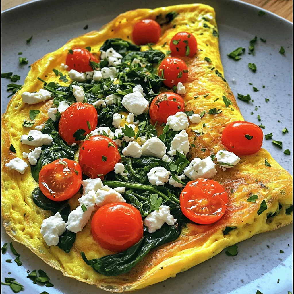 - 3 large eggs - 1 cup fresh spinach, chopped - 1/4 cup feta cheese, crumbled - 1 tablespoon olive oil I love starting with the main ingredients. They are simple yet packed with flavor. The eggs form the base and give the omelette its fluffy texture. Fresh spinach adds a nice pop of color and nutrients. Feta cheese gives that salty, creamy touch that pairs well with spinach. Olive oil is perfect for cooking, adding richness to the dish. - 1/4 cup cherry tomatoes, halved - 1 tablespoon milk (for creaminess) - Salt and pepper to taste - Fresh herbs (parsley or dill for garnish) Optional ingredients can elevate your omelette. Cherry tomatoes add sweetness and bursts of flavor. If you want creaminess, a touch of milk works wonders. Don’t forget salt and pepper; they bring out all the flavors. Fresh herbs, like parsley or dill, make a beautiful garnish and add freshness on top. For the full recipe, you can check out the detailed instructions above. 1. Start by cracking 3 large eggs into a medium bowl. 2. Add 1 tablespoon of milk for extra creaminess, if you like. 3. Whisk the eggs and milk together until they blend well. 4. Season with salt and pepper to taste. 1. Heat 1 tablespoon of olive oil in a non-stick skillet over medium heat. 2. Add 1 cup of chopped spinach to the skillet. Sauté the spinach for 1-2 minutes until it wilts. 3. If you want, add 1/4 cup of halved cherry tomatoes and cook for another minute. 4. Pour the egg mixture evenly over the spinach and tomatoes. Let it set for about 2 minutes without stirring. 1. Sprinkle 1/4 cup of crumbled feta cheese over one half of the omelette. 2. Use a spatula to carefully fold the other half over the filling. 3. Cook for another 1-2 minutes until the eggs are fully set but still moist. 4. Slide the omelette onto a plate. You can garnish it with fresh herbs if you want. For the full recipe, check the section above. - Use a non-stick skillet for easy flipping. This will help your omelette slide out smoothly. - Let the eggs set for the right texture. This means not stirring them too much at the start. - Add spices or herbs for additional flavor. A pinch of paprika or some fresh basil can make a big difference. - Experiment with different types of cheese. Try goat cheese or cheddar for a new twist on flavor. - Serve with toast or a side salad. The crunch of toast pairs well with the soft omelette. - Pair with a glass of fresh juice. Orange juice or a smoothie can brighten your meal. For the complete cooking process, check the Full Recipe. {{image_2}} You can easily switch out ingredients to fit your taste. If you don't have spinach, try using kale or arugula. Both greens add great flavor and nutrition. If you want a different cheese, goat cheese or cheddar works well too. Each choice brings a unique taste to your omelette. Want to add some crunch? Bell peppers or onions are perfect. Just chop them and toss them in while you sauté the spinach. For a creamy twist, mix in avocado. It adds a nice richness that complements the feta. For a vegan option, use chickpea flour instead of eggs. Just mix it with water to create a batter. If you're watching carbs, zucchini or cauliflower can be great substitutes. Grate them and add them to your egg mix. Each variation keeps the dish tasty and fun. Explore these ideas for your own Spinach Feta Omelette. If you want the full recipe, check out the detailed instructions above. To keep your omelette fresh, refrigerate any leftovers within 2 hours. This helps prevent bacteria growth. Use an airtight container to store it. This keeps the omelette soft and tasty for later. When it's time to enjoy your leftovers, reheat them in a skillet over low heat. This method warms them evenly without drying them out. If you need a quick option, you can microwave the omelette. Heat it for about 30 seconds, checking to avoid overcooking. You can freeze the unprepared egg mixture for future use. Just mix the eggs and other ingredients, then pour them into a freezer-safe container. Keep in mind that freezing may change the texture of the eggs when you cook them later. They might not be as fluffy, but they will still taste good. Yes, you can prepare some parts in advance. Here are a few tips: - Prep the Ingredients: Chop the spinach and slice the tomatoes the night before. Store them in the fridge in a sealed bag or container. - Whisk the Eggs: You can whisk the eggs and milk ahead of time. Keep the mixture in the fridge until you are ready to cook. - Cook and Store: If you cook the omelette, let it cool, then wrap it tightly. Store it in an airtight container in the fridge for up to two days. If you do not have feta cheese, there are great alternatives: - Goat Cheese: It has a similar tangy flavor and creamy texture. - Ricotta Cheese: This makes for a milder taste. It will add creaminess to your omelette. - Cheddar Cheese: For a different flavor, try sharp cheddar. It melts well and adds a nice kick. - Cottage Cheese: Use this for a low-fat option. It gives a nice texture without the strong flavor of feta. Cooking time is key for the perfect omelette. - Initial Cooking: Cook the omelette for about 2 minutes on medium heat. This allows the edges to set. - Folding: Once you add the feta, fold and cook for another 1-2 minutes. Aim for a soft but fully cooked center. - Check for Doneness: You want the eggs firm but not dry. Cook until they are just set for the best texture. For the full recipe, refer to the [Full Recipe]. This blog post covers how to make a delicious spinach feta omelette. You learned about key ingredients like eggs, spinach, and feta. I shared step-by-step cooking instructions, helpful tips, and tasty serving ideas. Personalize your omelette with different flavors or ingredients, and remember to store leftovers properly. Making this dish can be quick and simple, with many variations to explore. Enjoy experimenting in your kitchen for a satisfying meal that fits your taste!