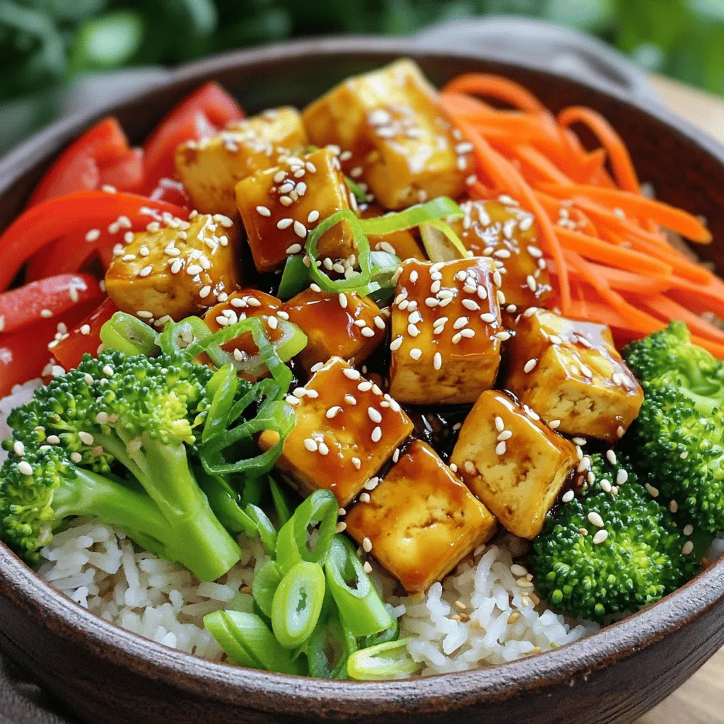 - 1 block of firm tofu - 1 cup of jasmine or brown rice - 1 tablespoon sesame oil - 2 tablespoons soy sauce (low-sodium preferred) - 2 tablespoons teriyaki sauce - 1 tablespoon maple syrup (or honey) - 1 cup broccoli florets - 1 red bell pepper, sliced - 1 carrot, julienned For a quick, tasty meal, you need these ingredients. Firm tofu gives protein and texture. Jasmine rice adds a light, fluffy base. Sesame oil offers a nutty flavor. The sauce combines soy sauce, teriyaki sauce, and maple syrup for sweetness. Next, you will add colorful veggies. Broccoli adds crunch. Red bell pepper brings sweetness, and carrots add color and a slight bite. Using these fresh and healthy ingredients makes your meal not only simple but also delicious. You can find the Full Recipe at the end for detailed steps. Rinsing rice is key for a great texture. Start by rinsing the rice under cold water. Keep rinsing until the water runs clear. This step removes excess starch. Next, place the rinsed rice in a medium saucepan. Add 2 cups of water. Bring it to a boil. Then, reduce the heat and cover. Let it simmer for 15 to 20 minutes. Once the water absorbs, the rice will be tender. Fluff it with a fork and set it aside. For the tofu, you’ll need to press and cube it. Take a block of firm tofu. Wrap it in a clean towel and press it gently. This step removes extra moisture. Cut the pressed tofu into cubes. Heat sesame oil in a large skillet over medium heat. Add the cubed tofu to the skillet. Cook for about 5 to 7 minutes. Turn the tofu often until it becomes golden brown on all sides. Now, it’s time to make the teriyaki sauce. In a small bowl, combine soy sauce, teriyaki sauce, maple syrup, grated ginger, and minced garlic. Whisk these ingredients well. Once mixed, pour this sauce over the cooked tofu in the skillet. Stir gently to coat the tofu evenly. Cook for another 3 to 4 minutes, letting the sauce thicken slightly. For the veggies, add them to the skillet at the right time. Toss in the broccoli, red bell pepper, and carrot. Sauté the vegetables with the tofu. Cook for an additional 5 to 7 minutes. This keeps the veggies tender but still crisp. You want them to blend well with the flavors. Now, let’s assemble the bowls. Start by scooping rice into the bottom of each bowl. Then, add the teriyaki tofu and vegetable mixture on top. For a nice touch, garnish with sliced green onions and sesame seeds. This adds color and crunch to your dish. For a cozy look, serve in deep bowls. Drizzle any remaining sauce over the top for extra flavor. For the full recipe, check out my detailed instructions! To get the best tofu, start by pressing it. Wrap the block in a clean towel. Place a heavy object on top for 15-30 minutes. This helps remove excess water. Dry tofu absorbs flavor better and cooks evenly. Next, cut the tofu into even cubes. This ensures they cook at the same rate. Heat sesame oil in your skillet. Once hot, add the tofu. Cook it for 5-7 minutes. Turn occasionally until it turns a golden brown. This gives it a nice crust. To customize spice levels, try adding red pepper flakes or sriracha. Start with a little, then add more if needed. The key is to balance heat with sweetness. For extra flavor, mix in a splash of rice vinegar. You can also try using hoisin sauce instead of teriyaki sauce. It adds a unique twist to your dish. For a beautiful bowl, use deep dishes. This creates a cozy look. Start by adding rice to the bottom. Next, pile the tofu and veggies on top. Drizzle any extra sauce from the pan over the dish. This adds flavor and shine. Finally, garnish with sliced green onions and sesame seeds for a pop of color. Enjoy the visual feast before you dig in! {{image_2}} You can swap tofu for tempeh or chickpeas. Tempeh gives a nutty taste and firm texture. Chickpeas add protein and fiber. When you use tempeh, slice it thin. Cook it like tofu to get it golden. If you try chickpeas, use canned ones. Drain and rinse them before adding to the dish. Adjust cooking times to ensure all proteins are heated through. Feel free to change the vegetables based on what you have. Seasonal veggies work great here. Use bell peppers, zucchini, or snap peas. You can even add greens like spinach or kale. Just toss them in during the last few minutes of cooking. This keeps them vibrant and crisp. The more colors on your plate, the better! For gluten-free options, use tamari instead of soy sauce. Tamari has a similar flavor but is made without wheat. You can also make your teriyaki sauce at home. Mix coconut aminos, maple syrup, and a bit of ginger. This gives you a tasty sauce that fits your diet. Enjoy the same great flavors while keeping it gluten-free! For the full recipe, check the link provided. To keep your teriyaki tofu rice bowls fresh, let them cool first. This step helps prevent moisture buildup. Once cooled, pack them in an airtight container. Glass containers work best, as they do not retain odors. You can also use plastic containers, but ensure they seal tightly. Store in the fridge for up to three days. When reheating, choose methods that maintain texture. The microwave is quick, but you might lose some crispness. Heat the bowl for one to two minutes, stirring halfway. For the best results, use a skillet. Heat on medium for about five minutes, stirring gently. This keeps the tofu and veggies from getting mushy. If using an oven, preheat to 350°F (175°C) and heat for about 10 minutes. Adjust times based on your appliance and portion size. To add heat, you can include chili flakes or sriracha to the sauce. You can also stir in some sliced jalapeños while cooking the veggies. For a different kick, try using spicy teriyaki sauce. Yes, this recipe is already vegan! All the ingredients are plant-based, including tofu and soy sauce. You can use maple syrup instead of honey for a fully vegan option. Leftovers will stay good for about 3 to 4 days in the fridge. Make sure to cool the bowls before putting them in a container. Use airtight containers to keep them fresh and safe to eat. Yes, you can use brown rice! Brown rice has more fiber and nutrients than jasmine rice. It has a chewier texture and a nuttier flavor, which adds a nice twist to the dish. Adjust the cooking time, as brown rice usually takes longer to cook. You can find the full recipe for Teriyaki Tofu Rice Bowls [here](#). You now have a complete guide to making delicious Teriyaki Tofu Rice Bowls. We covered the key ingredients, step-by-step instructions, and helpful tips to elevate your dish. From selecting the right tofu to perfectly sautéing your veggies, every detail matters. Remember, you can customize this dish with various proteins and vegetables to keep it exciting. Store any leftovers properly for future meals. I hope you enjoy creating this tasty bowl as much as I do. Happy cooking!