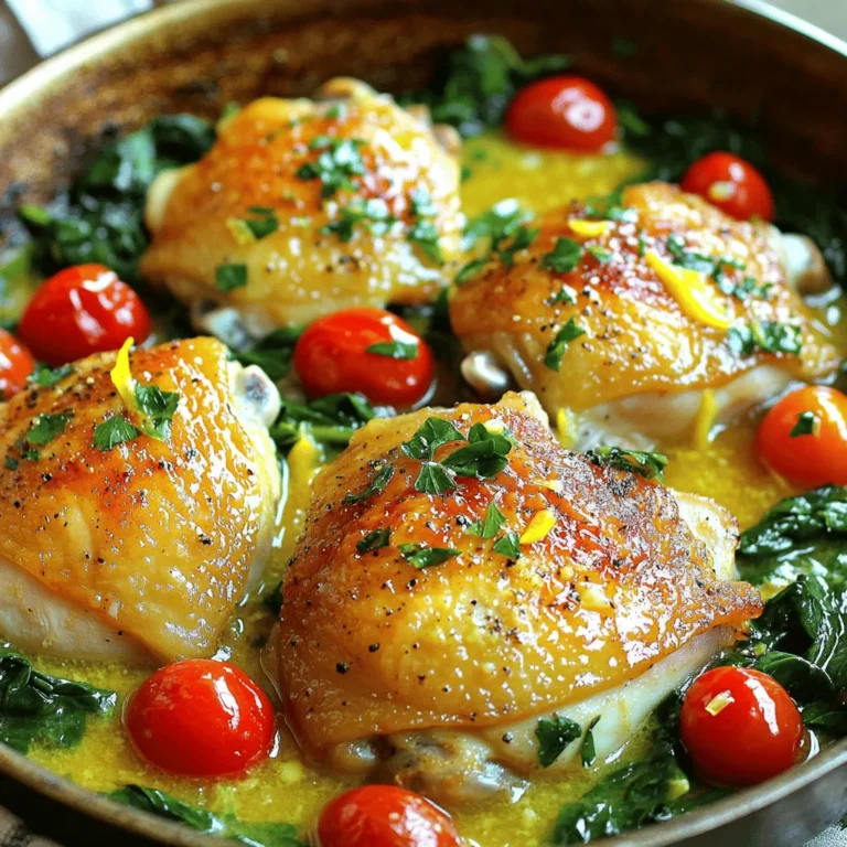 To make One Pan Lemon Garlic Chicken, you need the following fresh and simple ingredients: - 4 boneless, skinless chicken thighs - 2 tablespoons olive oil - 4 cloves of garlic, minced - 1 lemon, zested and juiced - 1 teaspoon dried thyme - 1 teaspoon paprika - Salt and pepper to taste - 1 cup cherry tomatoes, halved - 1 cup fresh spinach - Fresh parsley for garnish Each ingredient plays a unique role. The chicken thighs stay juicy and tender, while the olive oil helps with browning. Garlic adds a bold flavor, and lemon gives a bright, fresh taste. Thyme and paprika round out the dish with warmth and depth. Cherry tomatoes bring sweetness, and spinach adds color and nutrients. Finally, parsley brightens your plate. When I make this dish, I love to use fresh, high-quality ingredients. They really make a difference in taste. For the best results, choose chicken thighs with a nice marbling of fat. This keeps the meat moist. Fresh spinach is also key; it wilts perfectly in the skillet. You can find the full recipe on your favorite cooking site. Happy cooking! Preheat your oven to 400°F (200°C). This step is key for even cooking. A hot oven helps the chicken cook well and stay juicy. In a large oven-safe skillet, pour in 2 tablespoons of olive oil. Heat it over medium-high heat. While the oil warms, season 4 boneless, skinless chicken thighs with salt, pepper, dried thyme, and paprika. This adds great flavor. When the oil is hot, add the chicken thighs to the skillet. Sear them for about 5 minutes on each side. Look for a nice golden brown color. This browning enhances the flavor. Once the chicken is seared, take it out and set it on a plate. In the same skillet, add 4 minced garlic cloves. Cook them for about 1 minute until they smell great. Then, pour in the lemon juice and add the lemon zest. Stir well to mix. Next, add 1 cup of halved cherry tomatoes. Stir them into the lemon-garlic mix. This will bring a fresh, tangy taste. Return the chicken to the skillet, placing it among the tomatoes. Spoon some of the sauce over the chicken and scatter 1 cup of fresh spinach around the pan. This adds color and nutrition. Now, transfer the skillet to your preheated oven. Roast the dish for 20-25 minutes. Use a meat thermometer to check that the chicken reaches 165°F. This ensures it is fully cooked and safe to eat. When done, take the skillet out of the oven. Let it rest for a few minutes. This helps the juices settle. Finally, garnish with fresh parsley before serving. Enjoy your One Pan Lemon Garlic Chicken! For the full recipe, see above. To ensure your chicken is juicy and flavorful, start with boneless, skinless thighs. They stay moist during cooking. Season them well with salt, pepper, thyme, and paprika. Sear them in hot olive oil for about five minutes per side. This step builds a nice crust. After searing, don't forget to rest the chicken. Let it sit for a few minutes after cooking. This helps keep the juices locked inside. Want to add more herbs or spices? Try fresh rosemary or basil for a fragrant touch. You can also add a pinch of crushed red pepper flakes for heat. If you love citrus, include some lime juice or zest. This will make the dish even brighter. Experiment with different spices to find your favorite mix. Don't be afraid to play around with flavors! When serving One Pan Lemon Garlic Chicken, keep it simple and colorful. Serve straight from the skillet for a rustic look. Add a sprinkle of fresh parsley on top for a pop of green. Surround the chicken with extra cherry tomatoes for color. For sides, crusty bread is great for soaking up the sauce. You can also serve it over a bed of rice or quinoa. These options make a complete meal that everyone will love. {{image_2}} You can switch the chicken thighs for chicken breasts. Breasts cook faster, so watch the time. If you're not a fan of chicken, try shrimp or tofu. Both options absorb the lemon garlic flavor well. For veggies, swap cherry tomatoes for bell peppers or zucchini. These choices add a nice crunch and color. Want a sweet twist? Add honey or maple syrup to the lemon mix. This adds a great contrast to the garlic. For spice lovers, sprinkle in red pepper flakes or use spicy paprika. You can also add a splash of hot sauce for extra kick. These changes can make the dish truly your own. If you prefer stovetop cooking, you can skip the oven. After searing the chicken, cover the skillet. Cook on low heat until the chicken is done. This method keeps the chicken juicy. You can also grill the chicken for a smoky flavor. Just marinate it in the lemon garlic mix beforehand for great taste. To keep your One Pan Lemon Garlic Chicken fresh, store leftovers in an airtight container. Place the chicken and veggies in the fridge within two hours of cooking. If you want to keep it longer, freeze it. Use freezer bags to save space. Be sure to label the bags with the date. To reheat the chicken, you have a few options. The oven is great for even heating. Preheat it to 350°F, then bake for about 15 minutes. You can also use a microwave. Place the chicken on a plate and cover it with a damp paper towel. Heat for 1-2 minutes or until warm. For a stove option, warm the chicken in a skillet on low heat. This keeps the chicken juicy. In the fridge, this dish lasts for about 3-4 days. If you freeze it, it can last up to 3 months. After that, the taste may decline. Always check for any off smells or changes in texture before eating leftovers. Enjoy your meal with peace of mind! You can find the Full Recipe above. You can pair this dish with many tasty sides. Here are some great options: - Rice: White, brown, or jasmine rice works well. It absorbs the lemon-garlic sauce nicely. - Quinoa: This is a healthy choice. It adds a nutty flavor and is packed with protein. - Crusty Bread: A loaf of fresh bread is perfect for soaking up extra sauce. - Roasted Veggies: Try carrots, broccoli, or zucchini. They add color and nutrients. - Salad: A fresh green salad with a light vinaigrette complements the chicken's flavors. Yes, you can use chicken breasts. They will cook faster than thighs. Here are a few tips: - Cooking Time: Chicken breasts need about 20 minutes in the oven. Check for 165°F internal temp. - Moisture: Thighs are juicier, so add a bit more olive oil or lemon juice for flavor. - Thickness: If your breasts are thick, consider slicing them in half to cook evenly. Scaling up this recipe is simple. Just follow these steps: - Ingredients: Double or triple the amounts based on how many servings you need. - Skillet Size: Use a larger skillet if you make more chicken. This helps everything cook evenly. - Oven Time: The cooking time might change slightly, so check the chicken’s internal temp to ensure it’s cooked through. For the complete recipe, check the [Full Recipe]. This blog post covered a simple recipe for One Pan Lemon Garlic Chicken. We explored each step, from gathering ingredients to cooking methods. I shared tips to enhance flavor and offered variations for your taste. You also learned how to store and reheat leftovers. Cooking can be fun and rewarding. With this dish, you can impress friends and family. Enjoy making it your own! Trust that with practice, you'll create delicious meals every time.