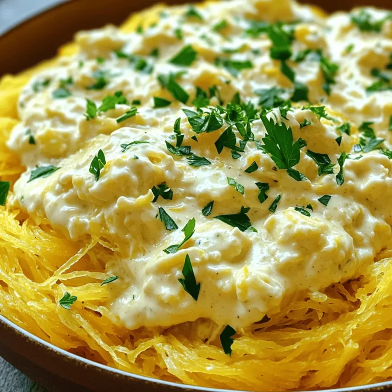 To make Spaghetti Squash Alfredo, you will need: - 1 medium spaghetti squash - 1 cup cauliflower florets - 1 cup unsweetened almond milk - 2 tablespoons nutritional yeast - 2 cloves garlic, minced - 1 tablespoon olive oil - 1 teaspoon onion powder - Salt and pepper to taste - Fresh parsley for garnish Gather these tools to help you cook: - Baking sheet - Sharp knife - Spoon for scooping - Steamer basket or pot - Blender - Large skillet - Fork for shredding This dish offers a healthy twist on classic Alfredo. Each serving contains: - Calories: 180 - Protein: 4g - Carbohydrates: 20g - Fiber: 5g - Fat: 8g - Sodium: Varies by salt used This dish is packed with flavor and nutrition. You get good fiber and healthy fats. It's a guilt-free meal that tastes great. Enjoy this creamy, flavorful dish any night of the week. For the full recipe, click here. To start, we need to prepare the spaghetti squash. First, preheat your oven to 400°F (200°C). Next, take the squash and cut it in half lengthwise. Use a spoon to scoop out the seeds. Drizzle olive oil inside each half. Sprinkle salt and pepper to taste. Place the squash cut side down on a baking sheet. Roast it for 30 to 40 minutes until it’s tender. You will know it’s ready when a fork easily pierces the skin. While the squash roasts, let’s make the cauliflower Alfredo sauce. Steam the cauliflower florets until soft, which takes about 7 to 10 minutes. Once soft, add them to a blender. Then, pour in the unsweetened almond milk. Add the nutritional yeast, minced garlic, onion powder, and a pinch of salt and pepper. Blend everything until it’s creamy and smooth. Taste it and adjust the seasoning as needed. This sauce gives a rich, creamy texture without using dairy. After the spaghetti squash is ready, take a fork and scrape the insides. This will create long, spaghetti-like strands. In a large skillet, add the squash strands and pour in the cauliflower Alfredo sauce. Toss everything gently to combine. Heat the mixture on medium for about 3 to 5 minutes. This warms the sauce and blends the flavors. Once warmed, your dish is ready to serve. Garnish with fresh parsley for a bright touch. Enjoy your creamy and flavorful Spaghetti Squash Alfredo! For the complete method, refer to the Full Recipe. When picking a spaghetti squash, look for a firm skin. The squash should feel heavy for its size. A bright yellow color means it is ripe. Avoid squashes with soft spots or blemishes. These may indicate spoilage. Selecting the right squash ensures a great dish! To make your Alfredo sauce creamier, blend the cauliflower until smooth. Use unsweetened almond milk for a light texture. Nutritional yeast adds a cheesy flavor without dairy. If the sauce seems thin, add more cauliflower or blend longer. Taste and adjust the seasoning for perfect flavor. One common mistake is overcooking the spaghetti squash. This can make it mushy and watery. Always check for tenderness after 30 minutes. Another mistake is not blending the sauce enough. A chunky sauce won't coat the squash well. Finally, don't skip the salt and pepper. They boost flavor in every bite. For detailed steps, refer to the Full Recipe. {{image_2}} You can easily boost the protein in your Spaghetti Squash Alfredo. I love adding grilled chicken or shrimp. They both pair well with the creamy sauce. Tofu is a great choice for a plant-based option. Simply sauté it until golden before mixing it in. You can also use beans or lentils for extra protein. They add a nice texture and flavor to the dish. If you want a dairy-free version, you have great options. I suggest using coconut cream for a rich taste. Cashew cream is another tasty alternative. Just soak cashews and blend them with water until smooth. Instead of nutritional yeast, you could use a dairy-free cheese. This will still give you that cheesy flavor without the dairy. Adding herbs and spices can take your dish to the next level. Fresh basil or thyme can brighten the flavors. A pinch of red pepper flakes adds a nice kick. You can also squeeze fresh lemon juice for some zest. Don't forget about adding nuts or seeds for crunch. Pine nuts or walnuts bring a lovely contrast to the creamy sauce. After making Spaghetti Squash Alfredo, let it cool. Store the dish in an airtight container. It stays fresh in the fridge for up to four days. If you plan to eat it later, be mindful of how you store it. Keeping the sauce separate from the squash helps maintain texture. You can freeze Spaghetti Squash Alfredo for later use. First, let it cool completely. Then, place it in a freezer-safe container. It freezes well for up to three months. When ready to eat, thaw it overnight in the fridge before reheating. This keeps flavors intact. Reheat your Spaghetti Squash Alfredo gently. Use a skillet over medium heat for even warming. Stir often to prevent sticking. If the sauce is too thick, add a splash of almond milk. You can also microwave it in short bursts, stirring in between. Enjoy your creamy dish just like new! Yes, you can use regular pasta if you prefer. Spaghetti squash gives you a low-carb option. It also adds a unique texture and flavor. If you choose pasta, cook it according to the package instructions. Then, mix the Alfredo sauce with the cooked pasta just like with the squash. You can easily make Spaghetti Squash Alfredo gluten-free. The ingredients I list already avoid gluten. Just ensure that your nutritional yeast is gluten-free. If you use any store-bought items, check labels to confirm they are gluten-free. You can pair this dish with many sides for a great meal. Here are some ideas: - A fresh green salad with lemon vinaigrette. - Roasted vegetables, like broccoli or Brussels sprouts. - Garlic bread or a gluten-free bread option. - Steamed green beans or asparagus. These sides will balance the creamy richness of the Alfredo sauce. Enjoy your meal! This article covered how to make a delicious spaghetti squash alfredo. We discussed the key ingredients, tools, and nutritional facts. I guided you step-by-step through preparing the squash and making the creamy sauce. I shared tips for choosing the best squash and avoiding common mistakes. You learned ways to customize the dish and how to store leftovers properly. Now, you have all the tools to create this meal. Enjoy your cooking and make it your own!