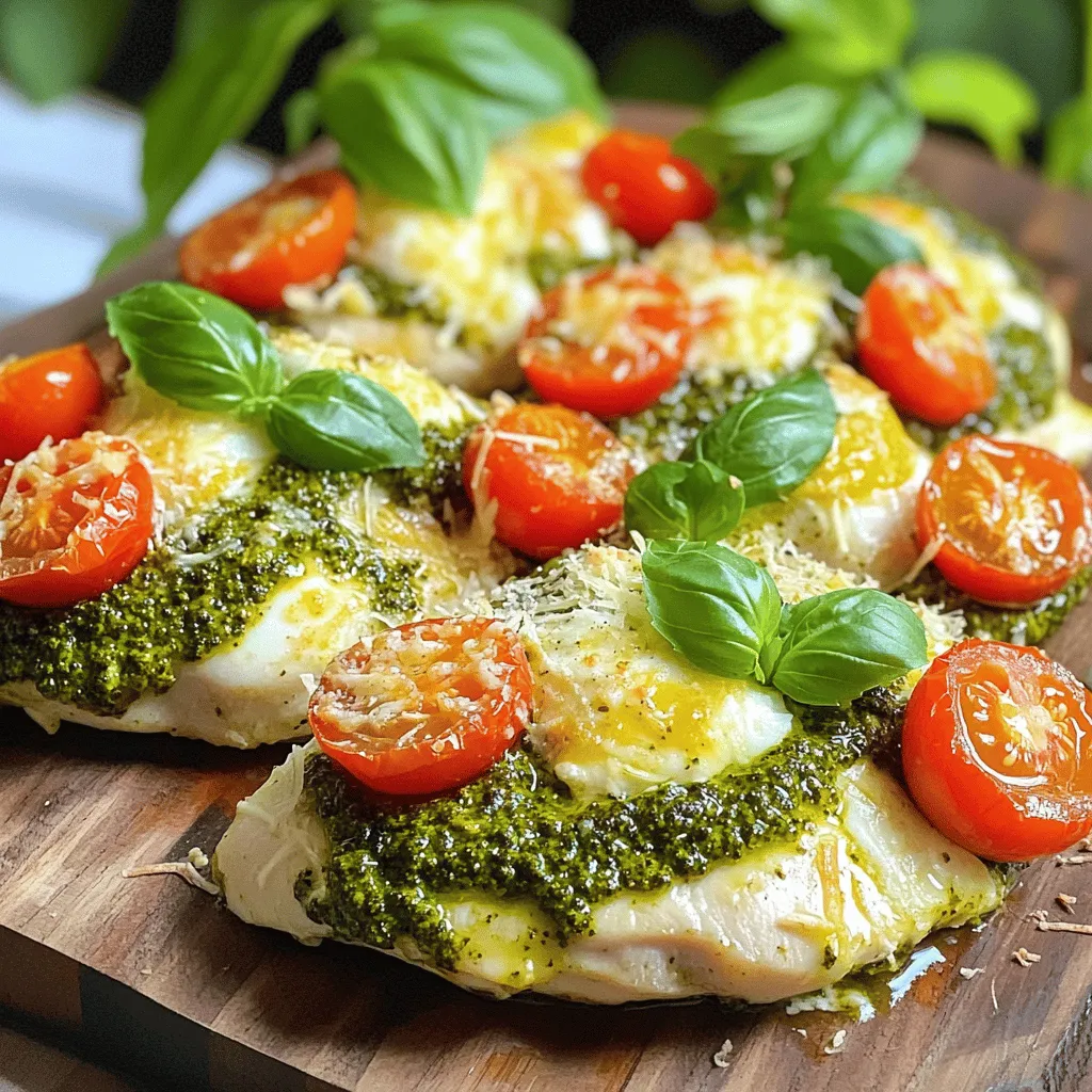 To make baked pesto chicken, gather these ingredients: - 4 boneless, skinless chicken breasts - 1 cup basil pesto (store-bought or homemade) - 1 cup cherry tomatoes, halved - 1 cup mozzarella cheese, shredded - ½ cup grated Parmesan cheese - 2 tablespoons olive oil - Salt and pepper to taste - Fresh basil leaves for garnish If you need to make swaps, here are some tips: - For chicken, you can use thighs instead of breasts. They stay juicy. - Use any pesto you love, like sun-dried tomato or spinach. - If you don’t have mozzarella, try provolone or gouda. - Cherry tomatoes can be replaced with diced bell peppers or zucchini. These tools will help you make this dish: - A large baking dish to hold your chicken and toppings. - A sharp knife for cutting the chicken and tomatoes. - A cutting board for easy prep. - Measuring cups for precise ingredient amounts. - A spoon for spreading the pesto nicely. For baking, choose a dish that fits your oven well. Glass or ceramic works great. These materials help with even cooking. If you want a crispy top, use a metal pan. It can give you that nice golden finish. Don't forget to check the size; it should not be too small! First, let’s prep the chicken and pesto. You need four boneless, skinless chicken breasts. Rinse them under cold water and pat them dry with paper towels. Season each side with salt and pepper. Next, grab your basil pesto. You can use store-bought or make your own. If you’re feeling adventurous, blending fresh basil, garlic, olive oil, and nuts creates a tasty homemade version. Now, let's preheat the oven to 400°F (200°C). This temperature ensures that your chicken cooks evenly and the cheese melts perfectly. Time to layer the ingredients in the baking dish. Start by drizzling two tablespoons of olive oil in the bottom of a large baking dish. Spread it evenly to help with cooking. Place the seasoned chicken breasts in the dish. Now, cover each breast with a generous layer of pesto. Scatter the halved cherry tomatoes around the chicken. This adds flavor and color to the dish. Next, sprinkle one cup of shredded mozzarella cheese and half a cup of grated Parmesan cheese over the chicken and tomatoes. This cheesy goodness is key to making the dish rich and tasty. Now, it's time to bake. Place the dish in the preheated oven and cook for 25-30 minutes. Make sure the chicken reaches an internal temperature of 165°F (75°C). This ensures it is safe to eat and juicy. Once the chicken is done baking, remove the dish from the oven. Let it cool for a few minutes. This resting time allows the juices to settle. Garnishing adds a nice touch. Top the baked pesto chicken with fresh basil leaves for a pop of color. For a great presentation, serve the chicken on a platter. Add extra cherry tomatoes and fresh basil around it. This makes the dish look vibrant and inviting. You can pair it with crispy garlic bread or a light salad for a complete meal. Enjoy your delicious creation! For the complete recipe, check out the Full Recipe section. To ensure juicy chicken, start with fresh chicken breasts. Pat them dry with a paper towel. Season them with salt and pepper before cooking. This simple step enhances flavor and keeps moisture in. For doneness, use a meat thermometer. Insert it into the thickest part of the chicken. The internal temperature should reach 165°F (75°C). This ensures the chicken is safe to eat and not dry. If you don’t have a thermometer, cut into the chicken. The juices should run clear, not pink. When it comes to pesto, you have choices. You can use homemade or store-bought pesto. Homemade pesto often has fresher flavors. If you opt for store-bought, find one made with high-quality ingredients. Adjusting the flavor intensity is easy. If you want a stronger taste, add more pesto. Combine it with olive oil and lemon juice for a fresh kick. You can also mix in nuts or cheese to enhance the flavor. Remember, you can find the full recipe linked above. Enjoy cooking! {{image_2}} You can easily switch up the proteins in this dish. Try turkey breasts for a leaner option. If you're plant-based, use tofu. Just make sure to press the tofu to remove excess water. This way, it absorbs the pesto flavor better. Adding vegetables can also change the dish. Bell peppers and zucchini add great color and taste. You can slice them and place them around the chicken. They will roast perfectly in the oven. Other tasty options include spinach, broccoli, or asparagus. Just add them alongside the chicken before baking. Don’t hesitate to change the cheeses for a new twist. Instead of mozzarella, try provolone or gouda. Each cheese brings a unique flavor. You can even mix cheeses for extra depth. Adding spices and herbs can create different flavor profiles. A pinch of red pepper flakes brings heat. You might also add garlic powder for richness. Fresh herbs like thyme or rosemary can elevate the dish's taste. Just sprinkle them on top before baking. For the full recipe, check out the detailed steps and tips to create your own version of this baked pesto chicken. To keep your baked pesto chicken fresh, store leftovers in an airtight container. Place it in the fridge within two hours of cooking. This chicken stays good for up to three days. If you want to keep it longer, freeze the chicken. Wrap each piece tightly in plastic wrap, then put it in a freezer bag. This way, it can last up to three months. Just label the bag with the date. To enjoy your leftovers, reheating is key. The oven is the best choice for keeping the chicken juicy. Preheat the oven to 350°F (175°C), and place the chicken in a baking dish. Cover it with foil to keep moisture in. Heat for about 20 minutes or until warm. If you use a microwave, place the chicken on a microwave-safe plate. Cover it with a damp paper towel and heat for 2-3 minutes. This method helps avoid dryness, but the chicken may not be as crispy. For the best taste, I suggest using the oven method. For the full recipe, feel free to check the earlier section! Can I use chicken thighs instead of breasts? Yes, you can use chicken thighs. They stay juicy and add rich flavor. Adjust the cooking time. Thighs may take a bit longer than breasts. Check for an internal temperature of 165°F (75°C). How long should I bake the chicken for? Bake the chicken for 25-30 minutes at 400°F (200°C). Always use a meat thermometer for safety. This ensures your chicken is cooked through and perfectly juicy. Is this dish healthy? Yes, baked pesto chicken is healthy. It is high in protein and contains good fats from the pesto. The cherry tomatoes add vitamins and antioxidants. Can I make it low-carb or keto-friendly? Yes, you can make it low-carb. Use less pesto or choose a low-carb pesto. Pair it with low-carb veggies like zucchini or cauliflower instead of pasta or bread. What to serve with baked pesto chicken? Serve baked pesto chicken with a side salad or garlic bread. Roasted vegetables are great, too. They add color and extra nutrients to your meal. Wine pairings and side dishes to complement the meal A light white wine, like Sauvignon Blanc, pairs well. You can also serve with a crisp green salad. This balances the rich flavors of the chicken and pesto. For sides, consider roasted asparagus or a quinoa salad for a fresh touch. For the complete recipe, check the Full Recipe. Baked pesto chicken is a simple dish with great flavor. We explored the key ingredients, tools, and steps needed for success. Remember, you can modify recipes with different proteins and veggies to suit your taste. Storing leftovers properly helps keep them fresh. When reheating, choose methods that retain texture and flavor. Enjoy this dish as a tasty main course or try the variations we discussed. Your cooking journey starts here, and I hope you make great meals ahead!