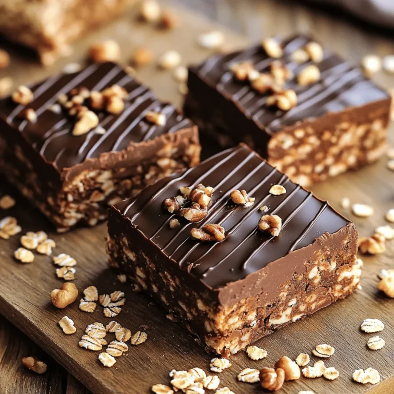 - 2 cups rolled oats - 1 cup almond butter (or peanut butter) - 1/2 cup honey (or maple syrup for a vegan option) - 1/4 cup unsweetened cocoa powder - 1/2 cup dark chocolate chips - 1/4 teaspoon salt - 1/2 teaspoon vanilla extract - Optional: 1/4 cup chopped nuts (walnuts or almonds) or seeds (chia or flaxseeds) for added texture You can switch honey with agave nectar or brown rice syrup. For nut-free options, use sunflower seed butter. This recipe is flexible. You can still enjoy tasty bars with these changes. If you want fewer sugars, use mashed bananas or unsweetened applesauce. Each swap keeps the bars yummy while catering to special diets. For the chocolate lovers, try adding cocoa nibs for a crunchy twist. You can even mix in your favorite dried fruits, like cranberries or apricots, for added flavor. With these simple swaps, your bars can fit any need. Just remember to check the ingredient labels to avoid allergens. For the full recipe, check out the details above. Happy cooking! Making No-Bake Chocolate Oat Bars is simple and quick. You will need to gather your ingredients and follow these steps. First, mix your dry items. Then, warm your wet ingredients. Finally, combine everything and set it in a dish. Start by taking a large bowl. Add 2 cups of rolled oats. Next, add 1/4 cup of unsweetened cocoa powder. Sprinkle in 1/4 teaspoon of salt. Mix these together well. This blend gives your bars a rich taste. In another bowl, take 1 cup of almond butter and 1/2 cup of honey. Warm this in the microwave for 20 to 30 seconds. When it's warm, stir in 1/2 teaspoon of vanilla extract. This mixture will bind your bars together. Now, pour the wet mixture into the bowl with dry ingredients. Stir until the oats are fully coated. Then, fold in 1/2 cup of dark chocolate chips. If you like, add nuts or seeds for crunch. Next, line an 8x8 inch baking dish with parchment paper. Press the mixture evenly into the dish. Make sure it is packed tightly. Place it in the fridge for at least 2 hours. This helps the bars set. After they are firm, lift them out using the parchment paper. Cut them into squares or rectangles. For the full recipe, check the details above. Enjoy these delightful treats! To get the right texture for your no-bake chocolate oat bars, focus on the mixing. Make sure you blend the rolled oats and cocoa powder well. This ensures even flavor throughout. When you mix in the almond butter and honey, warm them just enough. This makes them easier to stir. If your mix feels too dry, add a touch more almond butter. If it's too wet, a bit of oats can help. You want a sticky but not runny mix. Storing these bars well is key to keeping them fresh. After they set, wrap them tightly in plastic wrap or foil. You can also store them in an airtight container. Keep them in the fridge for up to a week. For cutting, use a sharp knife. Wipe the knife with a damp cloth between cuts. This helps to get clean edges. If the bars feel too soft to cut, let them chill longer. To make your no-bake bars even better, think about presentation. Serve them on a nice cutting board. Drizzle some melted dark chocolate over the top. This adds a fancy touch. You can also sprinkle some extra oats and nuts around. It gives a rustic look that is appealing. For a fun twist, try adding dried fruits or a dash of cinnamon. These small changes can make your bars even tastier and more attractive. {{image_2}} To make these bars vegan, you can swap honey with maple syrup. Maple syrup gives a great sweetness, and it keeps the bars plant-based. Use almond butter or peanut butter, as both are vegan-friendly. If you want a nut-free option, try sunflower seed butter. This change keeps the taste rich and creamy. For gluten-free bars, it's easy! Just ensure you use certified gluten-free rolled oats. Some brands may mix oats with gluten, so always check the label. The rest of the ingredients, like almond butter and cocoa powder, are naturally gluten-free. Mix them as you would in the standard recipe. You’ll enjoy a tasty gluten-free treat! Want to switch things up? Try adding dried fruits like cranberries or apricots. They add a chewy texture and extra sweetness. You can also sprinkle in some cinnamon or nutmeg for a warm, cozy flavor. Chopped nuts or seeds provide a nice crunch. Experiment with different flavors until you find your favorite combo! For the full recipe, check out the detailed instructions above. To keep your no-bake chocolate oat bars fresh, store them in the refrigerator. Wrap each bar in wax paper or plastic wrap. This helps prevent them from drying out. Place wrapped bars in an airtight container. This will keep them safe from odors and moisture. Try to eat the bars within a week for the best taste. To make your bars last longer, freezing is a great option. First, cut the bars into squares. Then, wrap each piece in plastic wrap. You can also use a freezer-safe bag. Make sure to squeeze out as much air as possible. This helps prevent freezer burn. You can freeze the bars for up to three months. When you’re ready to eat, let them thaw in the fridge overnight. These bars stay fresh for about one week in the fridge. If you freeze them, they can last up to three months. Always check for any changes in smell or texture before eating. Proper storage ensures you enjoy every bite of your delicious creation. For the full recipe and more tips, check out the Full Recipe link. Yes, you can use different nut butters. Peanut butter works great and gives a rich taste. Cashew butter is another option. It has a mild flavor and creamy texture. If you want a nut-free choice, try sunflower seed butter. Each nut butter brings its own unique taste and texture to the bars. Feel free to experiment and find what you love best! To check if the bars are set, gently press on them after two hours in the fridge. If they feel firm and slightly spring back, they are ready. If they still feel soft, give them more time. You can also check the edges; they should pull away from the sides of the dish. Once they are firm, you can cut them into squares or rectangles. If you don’t have honey, you can use maple syrup instead. It is a great vegan option and adds a nice flavor. Use the same amount, 1/2 cup, to replace honey. Agave syrup or brown rice syrup are also good choices. Just remember, each sweetener may change the flavor a bit, so choose one that you like! Absolutely! This recipe is kid-friendly and makes a healthy snack. Kids usually love the taste of chocolate and oats. You can also add fun mix-ins, like mini marshmallows or dried fruits. These bars are easy to make and a great way to get kids involved in the kitchen. Plus, they can help with mixing and pressing the mixture into the dish. Enjoy making this fun treat together! This article covered how to make delicious no-bake chocolate oat bars. You learned about essential ingredients, optional add-ins, and ingredient substitutions. I also shared step-by-step instructions and tips for perfect texture. Feel free to try fun variations and remember to store your bars properly for freshness. In the end, these bars are tasty, healthy snacks for everyone at home. Try them out and enjoy your homemade treats!