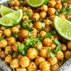 - 1 can (15 oz) chickpeas, drained and rinsed - 2 tablespoons olive oil - 1 teaspoon chili powder - 1/2 teaspoon cayenne pepper (adjust to taste) - 1 teaspoon garlic powder - 1 teaspoon cumin - Zest of 1 lime - Juice of 2 limes - Salt and pepper to taste - Fresh cilantro, chopped (for garnish) - Lime wedges (for serving) To make Spicy Chili Lime Chickpeas, you need simple ingredients that pack a punch. Start with a can of chickpeas. They are high in protein and fiber, making them a healthy snack. Rinse and drain them well, as this helps them become crispy. Next, add olive oil. It helps the spices stick and adds great flavor. Chili powder gives your chickpeas a nice kick. If you want more heat, use cayenne pepper. Adjust it to your taste. Garlic powder and cumin add depth to the flavor. Don’t forget the lime zest and juice! The zest gives a bright aroma, while the juice adds tang. Season with salt and pepper to enhance all the flavors. For garnish, fresh cilantro adds a pop of color and freshness. Serve with lime wedges for extra zing. This recipe makes a tasty, crunchy snack that you can enjoy anytime. For the full recipe, check the details above. 1. Preheat your oven to 400°F (200°C). This step is key for crispy chickpeas. 2. In a mixing bowl, combine the drained chickpeas, olive oil, chili powder, cayenne pepper, garlic powder, cumin, lime zest, and lime juice. 3. Season with salt and pepper. Toss everything together until the chickpeas are coated well. 1. Spread the chickpeas out in a single layer on a baking sheet. Use parchment paper for easy cleanup. 2. Bake them in the preheated oven for 25-30 minutes. 3. Shake the pan halfway through. This helps ensure even cooking and crispiness throughout. 1. Remove the chickpeas from the oven and let them cool for a few minutes. This cooling time helps them get even crunchier. 2. Taste the chickpeas and adjust the seasonings if needed. You can add more lime juice or spices for a stronger flavor. 3. Garnish with fresh cilantro and serve with lime wedges on the side. You can find the full recipe above for all the details. Enjoy your spicy, crispy snack! To get that perfect crunch, start with dry chickpeas. After rinsing, pat them with a towel. This step removes extra moisture. Moisture leads to soggy snacks, which we want to avoid. Next, bake them on a parchment-lined sheet. Spread them in a single layer for even heat. Bake at 400°F for about 25-30 minutes. Shake the pan halfway through for even crispiness. Want to kick up the flavor? Add more spices! Try smoked paprika for a smoky taste. You can also mix in onion powder for extra depth. If you like it spicy, adjust the cayenne pepper. Start with less and add more if you want heat. Taste as you go to find your perfect spice level. These chickpeas are great on their own, but you can pair them too! Serve with hummus or guacamole for a tasty dip. They also work well in salads. Toss them with greens, tomatoes, and a light dressing. Want a healthy snack? Enjoy them with fresh veggies or as a crunchy topping on soups. You can find the full recipe online to make this fun dish today! {{image_2}} For those who crave a kick, try a spicy chipotle version. Just mix in some chipotle powder or sauce. This adds a deep, smoky flavor that pairs well with the lime. You can also make herb-infused chickpeas. Add fresh herbs like rosemary or thyme to the mix. This gives your snack a garden-fresh taste that is delightful. Want to save time? Use an air fryer! Set it to 400°F (200°C) and cook for about 15-20 minutes. Shake the basket halfway through for even cooking. If you prefer, you can also cook them on the stovetop. Heat oil in a pan, add the seasoned chickpeas, and stir-fry until golden and crispy. This method gives you a quick and tasty option. You can switch chickpeas for other beans. Black beans or white beans work well too! They bring their own taste and texture. For spices, feel free to swap chili powder for smoked paprika. This gives a different flavor profile while still keeping it spicy. Experiment with what you have on hand and make it your own! For the full recipe, check out the detailed instructions above. To store leftovers, let the chickpeas cool first. Place them in an airtight container. This keeps them fresh for up to three days in the fridge. I recommend using glass containers for better preservation. They are easy to clean and don’t hold odors. Yes, you can freeze Spicy Chili Lime Chickpeas! To do this, spread them out on a baking sheet first. Freeze them until solid, then transfer to a freezer bag. This helps keep them from sticking together. They can last up to three months in the freezer. When ready to eat, just remember to label your bags with the date! For reheating, I suggest using an oven or air fryer. Preheat your oven to 350°F (175°C) and bake for about 10 minutes. This method helps to keep them crunchy. If using an air fryer, heat them at 300°F (150°C) for about 5 minutes. This way, they stay crispy and delicious! Avoid microwaving, as this can make them soft and chewy. Chickpeas are small but mighty. They are high in protein and fiber. A 15 oz can has about 15 grams of protein. This makes them a great meat substitute. They also help keep you full longer, which is great for weight control. Chickpeas contain many vitamins and minerals. They are rich in folate, iron, and magnesium. These nutrients help our bodies work well. Eating chickpeas can lower cholesterol too. This can lead to better heart health. Adding chickpeas to your diet can support overall wellness. Yes, you can! Making Spicy Chili Lime Chickpeas ahead is smart. They are perfect for meal prep. You can bake them in advance and store them. Just keep them in an airtight container. Store them in the fridge for a few days. To keep them fresh, avoid adding too much lime juice before storing. This can make them soggy. Instead, add extra lime juice just before serving. This keeps their crunchiness intact. You can find pre-made Spicy Chili Lime Chickpeas in many stores. Look in health food stores or snack aisles. Brands like Biena and Hippeas offer ready-to-eat options. If you prefer online shopping, sites like Amazon have great choices. You can also check local grocery delivery services. This way, you can get these tasty snacks without leaving home. For the full recipe, you can create your own at home! We explored a tasty recipe for Spicy Chili Lime Chickpeas. This dish is simple and healthy. You learned about the key ingredients, preparation steps, and baking tips. I shared ways to enhance flavor and offered variations to try. You now have storage tips and reheating advice to keep your chickpeas fresh. Enjoy making this snack or side dish! It’s a tasty treat that can boost your meals. Remember, chickpeas are not just good for you, they also bring fun flavors to your kitchen!
