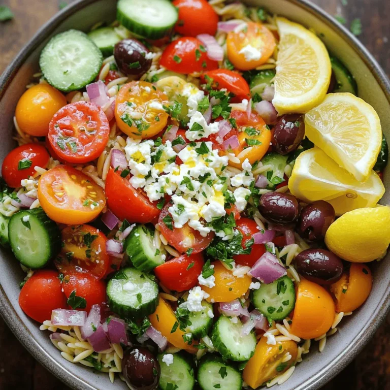 To make a great Greek Orzo Salad, you need fresh ingredients. Here’s what to gather: - 1 cup orzo pasta - 1 cup cherry tomatoes, halved - 1 cucumber, diced - 1/2 red onion, finely chopped - 1 bell pepper (red or yellow), diced - 1 cup Kalamata olives, pitted and halved - 1 cup feta cheese, crumbled - 1/4 cup fresh parsley, chopped - 1/4 cup olive oil - 2 tablespoons lemon juice - 1 teaspoon dried oregano - Salt and pepper to taste These ingredients create a vibrant and tasty salad. The orzo pasta serves as the base, giving the dish texture. Fresh veggies add a crunch, and the feta brings a creamy tang. You can customize your Greek Orzo Salad with some fun add-ins. Consider trying: - Avocado for creaminess - Grilled chicken for protein - Artichoke hearts for a unique taste - Spinach or arugula for extra greens - Sun-dried tomatoes for a rich flavor These options can enhance the salad’s taste and make it heartier. Feel free to mix and match based on your taste. Greek Orzo Salad is not just tasty; it’s also good for you. Here’s a quick look at its nutritional benefits: - Carbohydrates: The orzo provides energy. - Vitamins: Fresh veggies offer vitamins A and C. - Healthy Fats: Olive oil adds heart-healthy fats. - Protein: Feta cheese and optional chicken boost protein content. This salad can be a balanced meal or a great side. You get fiber, vitamins, and minerals without heavy calories. For the Full Recipe, check back to see how to put it all together. To start, you need to cook the orzo. Boil a large pot of salted water. Add 1 cup of orzo pasta. Cook it according to the package instructions until it is al dente. This usually takes about 8 to 10 minutes. Once it's done, drain the orzo and rinse it under cold water. This stops the cooking process. Set the pasta aside to cool. Next, you prepare the fresh vegetables. In a large mixing bowl, add 1 cup of halved cherry tomatoes. Then, add a diced cucumber, 1/2 finely chopped red onion, and a diced bell pepper. I like to use red or yellow bell peppers for color. Stir in 1 cup of pitted and halved Kalamata olives. Lastly, add 1/4 cup of chopped fresh parsley. This mix adds great flavor and crunch. Now, let’s make the dressing. In a small bowl, whisk together 1/4 cup of olive oil and 2 tablespoons of lemon juice. Add 1 teaspoon of dried oregano, along with salt and pepper to taste. Whisk until it blends well. This dressing ties the salad together and enhances the flavors. It's time to combine everything. Add the cooled orzo to the bowl of vegetables. Pour the dressing over the top. Gently toss everything together to coat the ingredients evenly. Be careful not to break the pasta or veggies. Once combined, sprinkle 1 cup of crumbled feta cheese over the salad. Gently fold it in to keep the feta intact. Finally, chill the salad. Cover the bowl and place it in the refrigerator for at least 30 minutes. This allows the flavors to blend beautifully. When you’re ready to serve, the salad will be fresh and flavorful. Enjoy your Greek Orzo Salad! For the full recipe, check out the details above. To boost flavor in your Greek Orzo Salad, use fresh herbs. Fresh parsley adds brightness. You can also try fresh dill or mint for a twist. Another tip is to use good olive oil. Quality oil makes a big difference. For a tangy kick, add more lemon juice. This will help elevate the dish. To enhance texture, consider adding nuts. Toasted pine nuts or walnuts add crunch and depth. Cooking orzo well is key for a great salad. Start with plenty of salted water, just like pasta. Bring it to a rolling boil before adding orzo. Cook it until al dente, which means firm to the bite. This will help it hold its shape in the salad. After draining, rinse the orzo under cold water. This stops the cooking and keeps the texture perfect. To make your Greek Orzo Salad look appealing, serve it in a large bowl. A colorful bowl can brighten up the table. Garnish with extra parsley and lemon wedges. This adds color and invites guests to dig in. For a fun touch, layer the ingredients in a clear dish. Guests can see the vibrant colors of the salad. Arrange it in a way that shows off the olives, feta, and veggies. This makes your dish stand out. {{image_2}} You can easily change your Greek orzo salad to make it more fun. Try adding artichoke hearts for a tangy taste. Sun-dried tomatoes bring a rich, deep flavor. You can also mix in roasted red peppers for a sweet touch. Fresh basil or mint can add an exciting kick. These twists keep your salad fresh and exciting. To make a vegan version, skip the feta cheese. Instead, try using avocado for creaminess. You could also add chickpeas for protein. This keeps your salad hearty and filling while being plant-based. Use a splash of balsamic vinegar for extra flavor in the dressing. Your vegan Greek orzo salad will still taste amazing. Change your salad with seasonal ingredients. In spring, add asparagus or peas for a fresh crunch. Summer is perfect for sweet corn or ripe peaches. In fall, roasted butternut squash or kale can add warmth. In winter, use pomegranate seeds for a burst of color and flavor. These ingredients keep your salad aligned with the seasons. A fresh take on the Greek orzo salad makes it delightful year-round. For the full recipe, check out the Refreshing Greek Orzo Salad section. To keep your Greek Orzo Salad fresh, store it in an airtight container. Make sure to seal it well. Place it in the fridge. This helps maintain its crunch and flavor. Leftovers last about 3-4 days. If you notice any off smells or colors, it's best to toss it. You can freeze Greek Orzo Salad, but some ingredients do not freeze well. The tomatoes and cucumbers may become mushy. If you want to freeze it, remove those ingredients first. Store the salad in a freezer-safe container. It should last for about 2-3 months. When you're ready to eat, thaw it overnight in the fridge before serving. You can enjoy Greek Orzo Salad cold, but if you prefer it warm, here's what to do. Gently heat it in a pan over low heat. Stir it often to warm it evenly. Do not overheat, as this can make the salad soggy. If you like, add a splash of olive oil or lemon juice to refresh the flavors. For the best taste, serve it right after warming. I find that regular orzo works best for Greek Orzo Salad. It has a nice texture and cooks evenly. Whole wheat orzo is a healthy option too. It adds a nutty flavor. You can choose either type based on your health goals or taste preferences. Yes, you can make Greek Orzo Salad ahead. It tastes even better after chilling. Just prepare it a few hours before serving. Store it in the fridge. The flavors blend nicely this way. However, I suggest adding the feta just before serving. This keeps it fresh and crumbly. You can swap out cherry tomatoes for grape tomatoes if you prefer. Zucchini can replace cucumber for a different crunch. If you don’t have Kalamata olives, black olives can work too. For a dairy-free option, use a vegan cheese instead of feta. These swaps keep the salad tasty and fun. Regular orzo is not gluten-free. It is made from wheat. However, there are gluten-free orzo options made from rice or corn. These alternatives let you enjoy the salad without gluten. Just check the packaging to be sure of the ingredients. To make Greek Orzo Salad more filling, add protein. Grilled chicken or shrimp works well. You can also mix in chickpeas for a vegetarian option. Nuts like almonds or walnuts add crunch and protein too. These additions turn a side dish into a satisfying meal. Greek Orzo Salad has roots in Mediterranean cuisine. Orzo is a common ingredient in Greek dishes. The salad combines fresh veggies, olives, and feta. It reflects the flavors of Greece. Many people enjoy it during warm weather. The salad is perfect for picnics or barbecues. For the full recipe, check out the Refreshing Greek Orzo Salad section. Greek Orzo Salad is fresh, tasty, and easy to make. We covered key ingredients, cooking steps, and flavor tips. You can enjoy many variations or store leftovers for later. This salad suits any meal and is perfect for sharing. Experiment with different flavors to find what you love. Enjoy this nutritious dish that packs a punch and keeps it simple. Remember, cooking should be fun!