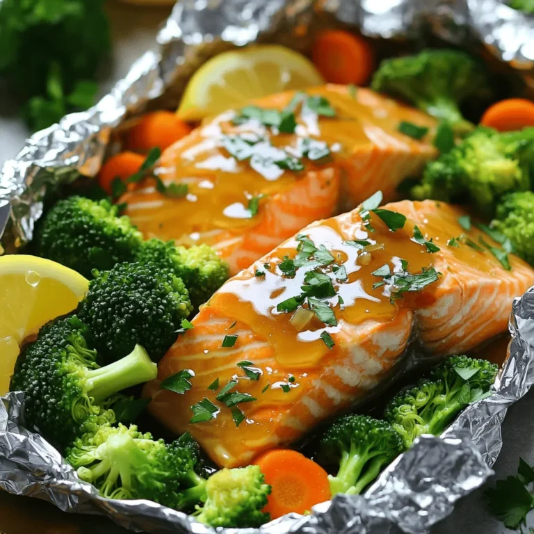 - 4 salmon fillets (6 ounces each) - 1/4 cup honey - 4 cloves garlic, minced - 2 tablespoons soy sauce Salmon is the star here. It’s rich in omega-3 fats and very tasty. Honey adds a sweet touch that balances with the garlic. Minced garlic gives a bold flavor. Soy sauce adds umami and saltiness. - 1 cup broccoli florets - 1 cup baby carrots, halved - Lemon wedges, for serving - Fresh parsley, for garnish (optional) Broccoli florets bring crunch and color. Halved baby carrots give a sweet taste. Lemon wedges add freshness when served. Fresh parsley can brighten the dish if you like. - 1 tablespoon fresh ginger, grated - 1 tablespoon olive oil - Salt and pepper to taste Grated ginger adds a warm spice that pairs well with honey. Olive oil keeps the salmon moist. A little salt and pepper is all you need for seasoning. For the full recipe, check out [Full Recipe]. Using these ingredients, you can create a meal that is both easy and delightful. 1. First, preheat your grill or oven to 375°F (190°C). This step is key to cooking your salmon evenly. 2. Next, take a small bowl and whisk together the honey, minced garlic, soy sauce, grated ginger, olive oil, salt, and pepper. Mix until well combined, and set this sauce aside. It will add a sweet and savory kick to your dish. 1. Now, cut four pieces of aluminum foil, about 12 inches long. Make sure they are big enough to hold the salmon and veggies. 2. Place a salmon fillet at the center of each piece of foil, skin side down. This helps the fish stay moist. 3. Surround each salmon fillet with equal portions of broccoli florets and halved baby carrots. The veggies add color and crunch to your meal. 4. Drizzle your honey garlic sauce generously over the salmon and vegetables. This will make everything taste amazing. 1. Fold the edges of the foil over the salmon and veggies to create a sealed packet. Ensure there are no openings for steam to escape. This keeps all the flavors locked in. 2. Place the foil packets directly on your grill or in the oven. Cook for about 15-20 minutes. The salmon should flake easily with a fork, and the veggies should be tender. 3. When time is up, carefully open the packets. Watch out for steam! Serve immediately, garnished with fresh parsley if you like, and lemon wedges on the side for a zesty touch. For the full recipe, check out the details above. Enjoy your delicious honey garlic salmon foil packets! How to tell when the salmon is done: You want the salmon to flake easily with a fork. When cooked, it turns a light pink. Use a thermometer; the inside should reach 145°F. This ensures it is safe to eat and not dry. Marinating tips for extra flavor: To boost taste, marinate the salmon for 30 minutes. Mix honey, garlic, soy sauce, ginger, and olive oil. Coat the salmon well, then let it sit. This gives the fish a deeper flavor. Avoiding leaks in the packets: To keep the packets leak-free, fold the sides tightly. Make sure there are no holes. This traps steam and flavor inside. Check the corners carefully; they can be tricky! Recommended grill vs. oven settings: For the best results, set your grill or oven to 375°F (190°C). Both methods work well. If using a grill, place packets directly on the grates. In the oven, use a baking sheet for easy transfer. Pairing sides with honey garlic salmon: Serve with steamed rice or quinoa for a filling meal. Roasted potatoes also work great. Add fresh salad for crunch. These sides balance the sweet and savory flavors of the salmon. Wine or beverage recommendations: A crisp white wine pairs nicely. Try Sauvignon Blanc or a light Pinot Grigio. For non-alcoholic options, lemonade or sparkling water with lime works well. These drinks enhance the dish's taste without overpowering it. {{image_2}} You can switch up the veggies in your honey garlic salmon foil packets. Broccoli and baby carrots are great, but why not try asparagus or bell peppers? Both add a nice crunch and flavor. You can also use seasonal vegetables. Think zucchini in summer or Brussels sprouts in fall. This keeps your meal fresh and exciting. To amp up the taste, add some spices or herbs. A pinch of red pepper flakes gives a nice kick. Fresh herbs like dill or cilantro can add brightness. You can also experiment with different marinades. Try a teriyaki or orange glaze instead of honey garlic. Each change can make a new dish. If you need gluten-free options, switch soy sauce for tamari. This keeps the flavor without gluten. For low-carb diets, skip the honey and use a sugar substitute. You can still enjoy a sweet taste without the carbs. These small changes let everyone enjoy this tasty meal. After enjoying your honey garlic salmon foil packets, store any leftovers in the fridge. Place them in an airtight container to keep them fresh. This way, they will stay tasty for up to three days. If you want to keep them longer, consider freezing them. Wrap each packet tightly in plastic wrap, then place them in a freezer bag. They can last up to three months in the freezer. When it is time to enjoy your leftovers, you can reheat them easily. The oven works best for reheating salmon. Preheat your oven to 350°F (175°C). Place the foil packet on a baking sheet and heat for about 10-15 minutes. If you prefer using the microwave, remove the salmon from the foil. Place it in a microwave-safe dish. Heat for 1-2 minutes or until warm. Be careful not to overheat, as this can dry out the salmon. To keep the flavor and texture, add a splash of water before reheating. You can keep your honey garlic salmon leftovers in the fridge for three days. In the freezer, they can last up to three months. Look for signs of spoilage such as a sour smell or discoloration. If you notice any of these signs, it is best to throw the leftovers away. Enjoy your meals, but always stay safe! Cooking salmon in foil is easy. Foil keeps the fish moist and tender. It locks in flavors and helps with even cooking. You can use a grill or an oven. Both methods work well. Using foil also makes clean-up simple. Just throw the foil away after. Plus, you can add veggies right in the packet. You get a full meal with no extra dishes. This method is perfect for busy nights. Yes, you can customize your foil packets! Feel free to mix in your favorite veggies. Asparagus, bell peppers, or zucchini work great. You can even add sliced onions or tomatoes for extra flavor. If you want more texture, try adding nuts or seeds. Chopped almonds or sesame seeds give a nice crunch. For a spicy kick, sprinkle red pepper flakes on top. The options are endless, and you can make it your own! When grilling salmon in foil, cook it for 15-20 minutes. The grill should be at 375°F (190°C). Check the salmon at 15 minutes. It should flake easily with a fork. If it’s not done, close the packet and grill a bit longer. Cooking times may change based on the thickness of your fillet. Always keep an eye on it to avoid overcooking. Enjoy your meal while it's fresh! This blog post covered how to make honey garlic salmon packets. We discussed main ingredients and steps, including salmon, honey, garlic, and vegetables. I shared tips for cooking and serving, plus variations to try. You can easily store and reheat leftovers too. In the end, cooking salmon in foil is simple and rewarding. It offers great flavor and easy cleanup. Enjoy trying different combinations to make this dish your own. Happy cooking!