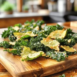 - 1 large bunch of kale - 2 tablespoons olive oil - 3-4 cloves garlic - 1/4 cup grated Parmesan cheese - 1 teaspoon garlic powder - 1/2 teaspoon sea salt - 1/4 teaspoon black pepper - Optional: red pepper flakes To make garlic Parmesan kale chips, you need fresh ingredients. Start with one large bunch of kale. Remove the stems and chop the leaves into bite-sized pieces. This helps them cook evenly. You’ll also need two tablespoons of olive oil to coat the kale. Olive oil adds flavor and helps the chips crisp up. Next, gather three to four cloves of garlic. Mince them finely for a strong garlic taste. Grated Parmesan cheese is key, so have 1/4 cup ready. It gives a rich, salty flavor. You’ll also use one teaspoon of garlic powder for extra garlic goodness. Add half a teaspoon of sea salt and a quarter teaspoon of black pepper. These will enhance the overall taste. If you like some heat, consider adding a pinch of red pepper flakes. This is optional but can be a fun twist. Now you have all the ingredients ready to create a crispy and tasty snack. For the full recipe, check the corresponding section. - Preheat your oven to 350°F (175°C). - Line a baking sheet with parchment paper. This helps with easy cleanup. - In a large bowl, massage the kale with olive oil. Make sure every leaf is coated. - Add minced garlic, grated Parmesan, garlic powder, sea salt, and black pepper. Toss well. You want all the flavors to mix. - Spread the kale in a single layer on the baking sheet. Avoid crowding the leaves. - Bake for 10-15 minutes. Check halfway through and toss the chips for even cooking. Watch closely to prevent burning. When the edges are crisp and lightly browned, they are ready. For the complete recipe, see the [Full Recipe]. Enjoy your crunchy snack! To make the best kale chips, you must massage the kale. This means rubbing the leaves to help them soak in the olive oil. When you massage the kale, it softens and becomes crispier when baked. Another key tip is to avoid overcrowding the baking sheet. If the kale pieces are too close, they will steam instead of bake. This can lead to soggy chips. Spread the kale out in a single layer for the best crunch. You can make your kale chips even tastier by adding herbs or spices. Try mixing in some onion powder, paprika, or even nutritional yeast for a cheesy flavor. These little extras can take your chips to the next level. Using different cheese varieties can also change the taste. Instead of Parmesan, try Pecorino Romano or even a dairy-free cheese for a unique twist. Each cheese brings its own flavor, making your kale chips more interesting. Kale chips are great on their own, but you can pair them with dips for more fun. Try hummus, guacamole, or even a yogurt-based dip to add some creaminess. You can also use kale chips as a crunchy topping. Crumble them over salads or soups to add texture. They make a great garnish and are a tasty way to enjoy more greens. {{image_2}} You can change the taste of your kale chips easily. For a spicy kick, try spicy garlic Parmesan kale chips. Just add a bit more red pepper flakes. This adds heat and flavor. If you love citrus, lemon zest kale chips are a great choice. Grate some lemon rind and mix it in before you bake. The zest adds brightness and freshness to the chips. If you're looking for vegan options, you can swap out the Parmesan cheese. Nutritional yeast makes a fantastic vegan Parmesan substitute. It gives a cheesy flavor without any dairy. For those who want to skip oil, try oil-free options. You can use water to massage the kale, though the chips may not be as crispy. Kale chips are great as a snack. They are crunchy and full of flavor. You can also use them as a salad topping. Just crush them a bit and sprinkle on top for added crunch. Another fun way to serve them is as a garnish. They can transform a soup or dish into something special. For the full recipe, check out the detailed steps to make these tasty snacks. To keep your Garlic Parmesan Kale Chips fresh, use airtight containers. I recommend glass or plastic containers with tight lids. This helps prevent air from making your chips soggy. Always let the chips cool before sealing the container. If stored properly, they stay crisp longer. How long do they last? When stored in an airtight container, your kale chips can last up to a week. However, they taste best within the first few days. After that, they may lose some crunch. If you see any signs of moisture, it's time to toss them. How to restore crispiness? If your chips lose their crunch, don’t worry! Preheat your oven to 300°F (150°C). Spread the kale chips on a baking sheet in a single layer. Bake for about 5-7 minutes. Keep an eye on them to avoid burning. This will help bring back that crispy texture! For the full recipe, check out the Garlic Parmesan Kale Chips recipe. Enjoy your tasty snack! How to make crispy kale chips? To make crispy kale chips, first, wash and dry the kale well. Remove the stems and tear the leaves into bite-sized pieces. Then, massage the kale with olive oil until coated. This helps them get crispy. Add garlic, Parmesan, and spices, then spread on a baking sheet. Bake at 350°F for 10-15 minutes, tossing halfway to ensure even cooking. Can I use different types of kale? Yes, you can use different types of kale! Curly kale works well, but lacinato kale, or dinosaur kale, is great too. Each type gives a slightly different taste and texture. Just follow the same steps to prepare and bake. What are the health benefits of kale? Kale is a superfood! It is packed with vitamins A, C, and K. It also has fiber, which helps digestion. Eating kale may lower cholesterol and reduce the risk of heart disease. Plus, it is low in calories, making it a smart snack choice. How many calories are in Garlic Parmesan Kale Chips? One serving of Garlic Parmesan Kale Chips has about 120 calories. This can vary based on how much oil or cheese you use. Always check the amount of ingredients for exact calorie counts. What to do if they burn? If your kale chips burn, don’t worry! You can learn from it. Next time, lower the temperature or reduce the baking time. Keep an eye on them, especially in the last few minutes. They can go from perfect to burnt quickly. Can I bake them at a higher temperature? You can bake them at a higher temperature, but be cautious. If you set the oven to 400°F, check them often. They may cook faster, so toss and monitor them closely. This way, you can still enjoy crispy kale chips without burning them. In this post, we covered how to make Garlic Parmesan Kale Chips, from ingredients to storage. You learned about each step, tips for crispiness, and flavor variations. My final thoughts: these chips are not just a snack; they are healthy, tasty, and easy to make. Enjoy experimenting with flavors and sharing them with friends. Keep this recipe handy for a quick treat that satisfies. Enjoy your kale journey!