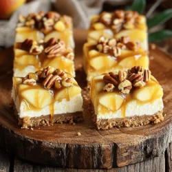 To make these tasty bars, you need the following ingredients: - 1 1/2 cups graham cracker crumbs - 1/4 cup brown sugar - 1/2 cup unsalted butter, melted - 2 (8 oz) packages cream cheese, softened - 3/4 cup granulated sugar - 2 large eggs - 1 teaspoon vanilla extract - 2 cups peeled and diced apples (Granny Smith or Honeycrisp work well) - 1 teaspoon cinnamon - 1/4 teaspoon nutmeg - 1/2 cup caramel sauce, plus extra for drizzling - 1/4 cup chopped pecans (optional) These ingredients come together to create layers of flavor. The graham cracker crumbs form a sweet crust. Cream cheese gives a rich and creamy filling. Apples add a fruity crunch, while caramel brings sweetness. You can add extra ingredients to boost flavor: - Chopped pecans for a nutty crunch. - A pinch of sea salt to balance sweetness. - A splash of maple syrup for depth. These additions can elevate your bars. Each brings a new taste and texture. If you need alternatives, here are some ideas: - Use almond flour instead of graham cracker crumbs for a gluten-free crust. - Swap out cream cheese for Greek yogurt for a lighter option. - Try honey or agave syrup in place of granulated sugar for a healthier sweetener. These substitutions can make the recipe work for your needs. Don't hesitate to experiment with flavors you enjoy! For the full recipe, check out the detailed steps. To start, I preheat the oven to 350°F (175°C). I line a 9x13 inch baking dish with parchment paper. The overhang helps me lift the bars out later. In a bowl, I mix 1 ½ cups of graham cracker crumbs, ¼ cup of brown sugar, and ½ cup of melted unsalted butter. I stir until it looks like wet sand. Next, I press this mixture into the bottom of my dish. I want an even layer. I bake the crust for 10 minutes and let it cool slightly. Now, I make the scrumptious cream cheese filling. In a large bowl, I beat 2 packages of softened cream cheese with ¾ cup of granulated sugar. I keep mixing until it is smooth and creamy. Then, I add 2 large eggs, one at a time, mixing well after each addition. Finally, I mix in 1 teaspoon of vanilla extract. This filling tastes so good! For the apples, I peel and dice about 2 cups of apples. Granny Smith or Honeycrisp are my favorites. I toss the apples with 1 teaspoon of cinnamon and ¼ teaspoon of nutmeg. I gently fold the spiced apples into the cream cheese mixture. After that, I pour this filling over the cooled crust. I drizzle ½ cup of caramel sauce in a zigzag on top. Using a knife, I swirl the caramel through the filling for a pretty marbled look. If I want, I can sprinkle ¼ cup of chopped pecans on top. To get a smooth and creamy texture, let the cream cheese soften at room temp. Cold cream cheese will be lumpy. Mix it well with sugar until it’s fluffy. Add eggs one at a time, mixing slowly. This careful mixing keeps air bubbles out. Air bubbles can make your cheesecake puff up and crack. For even baking, make sure your oven is preheated to 350°F. Place the baking dish in the center of the oven. This helps the heat circulate around the bars. Check on them around the 30-minute mark. The edges should be golden, while the center might still jiggle a little. This jiggle means it will set as it cools. To cut clean squares, let the bars cool completely in the fridge. Use a sharp knife dipped in hot water. Wipe the knife dry before each cut. This prevents the cheesecake from sticking to the knife. Cutting slowly and steadily gives you neat, beautiful squares. Drizzle with extra caramel sauce for a tasty finish. For the full recipe, check out the details provided above! {{image_2}} You can make a gluten-free version of the crust easily. Instead of graham crackers, use gluten-free cookies or almond flour. Both options work well and offer great taste. Just mix the gluten-free crumbs with brown sugar and melted butter as you would with regular crumbs. Press the mixture into your baking dish and bake as usual. To switch up the flavor, add chocolate or nuts. For a chocolate twist, mix in chocolate chips or swirl some melted chocolate into the filling. You can also add chopped nuts, like walnuts or pecans, to the filling for extra crunch. Just remember to adjust the amount of caramel sauce if you want a sweeter taste. For a seasonal touch, try pumpkin or pecan spice. Substitute half the apples with pumpkin puree for a fall favorite. You can also add pumpkin spice to the filling for extra warmth. If you want a pecan flavor, mix in chopped pecans and a dash of pecan extract. These changes can make your cheesecake bars festive and fun. Explore the full recipe for more tips and ideas to make your bars unique! Store your caramel apple cheesecake bars in an airtight container. This helps keep them fresh. Place them in the fridge right after they cool. They can last for up to five days if stored properly. Keep them away from strong-smelling foods to avoid flavor transfer. You can freeze these bars for later enjoyment. First, let them cool completely. Then, cut them into squares and wrap each piece in plastic wrap. Place the wrapped bars in a freezer-safe container or bag. They can stay frozen for up to three months. When you’re ready to eat, thaw in the fridge overnight before serving. If you want to enjoy warm bars, reheat them gently. Preheat your oven to 300°F (150°C). Place the bars in an oven-safe dish and cover them with foil. Heat for about 10-15 minutes. This keeps them moist and tasty. You can also microwave them for about 20 seconds, but watch carefully to avoid overheating. Drizzle with extra caramel sauce before serving for a sweet touch. Yes, you can use other fruits. Pears, peaches, or even berries work well. Just ensure they are diced small. This keeps the texture nice. You may need to adjust the spices. For instance, berries pair well with lemon zest instead of cinnamon. Look for the edges to be golden brown. The center should be set, but a little jiggle is okay. It will firm up as it cools. You can also insert a toothpick to check. If it comes out clean, the bars are done. These bars taste great with whipped cream or ice cream. A drizzle of caramel sauce adds extra sweetness. You can also serve them with a scoop of vanilla ice cream for a special touch. They pair well with coffee or hot cocoa, too. Enjoy them with friends and family for a fun treat! For the complete recipe, check out the Full Recipe. In this blog post, I covered essential ingredients and step-by-step instructions for making caramel apple cheesecake bars. I've shared tips for texture and even baking, plus variations for gluten-free and seasonal options. These bars are fun to make and easy to adapt. Experiment with different fruits and flavors to make them your own. Enjoy the taste of fall with every delicious bite!
