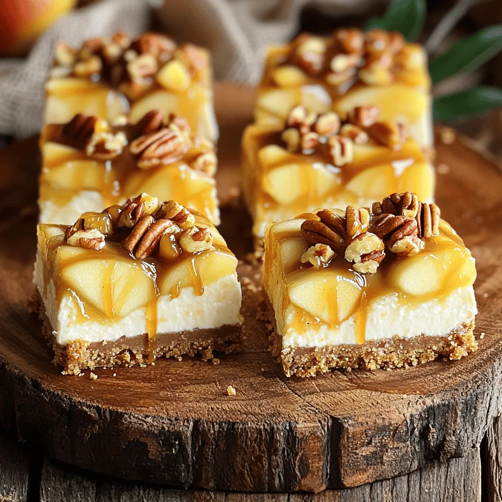 To make these tasty bars, you need the following ingredients: - 1 1/2 cups graham cracker crumbs - 1/4 cup brown sugar - 1/2 cup unsalted butter, melted - 2 (8 oz) packages cream cheese, softened - 3/4 cup granulated sugar - 2 large eggs - 1 teaspoon vanilla extract - 2 cups peeled and diced apples (Granny Smith or Honeycrisp work well) - 1 teaspoon cinnamon - 1/4 teaspoon nutmeg - 1/2 cup caramel sauce, plus extra for drizzling - 1/4 cup chopped pecans (optional) These ingredients come together to create layers of flavor. The graham cracker crumbs form a sweet crust. Cream cheese gives a rich and creamy filling. Apples add a fruity crunch, while caramel brings sweetness. You can add extra ingredients to boost flavor: - Chopped pecans for a nutty crunch. - A pinch of sea salt to balance sweetness. - A splash of maple syrup for depth. These additions can elevate your bars. Each brings a new taste and texture. If you need alternatives, here are some ideas: - Use almond flour instead of graham cracker crumbs for a gluten-free crust. - Swap out cream cheese for Greek yogurt for a lighter option. - Try honey or agave syrup in place of granulated sugar for a healthier sweetener. These substitutions can make the recipe work for your needs. Don't hesitate to experiment with flavors you enjoy! For the full recipe, check out the detailed steps. To start, I preheat the oven to 350°F (175°C). I line a 9x13 inch baking dish with parchment paper. The overhang helps me lift the bars out later. In a bowl, I mix 1 ½ cups of graham cracker crumbs, ¼ cup of brown sugar, and ½ cup of melted unsalted butter. I stir until it looks like wet sand. Next, I press this mixture into the bottom of my dish. I want an even layer. I bake the crust for 10 minutes and let it cool slightly. Now, I make the scrumptious cream cheese filling. In a large bowl, I beat 2 packages of softened cream cheese with ¾ cup of granulated sugar. I keep mixing until it is smooth and creamy. Then, I add 2 large eggs, one at a time, mixing well after each addition. Finally, I mix in 1 teaspoon of vanilla extract. This filling tastes so good! For the apples, I peel and dice about 2 cups of apples. Granny Smith or Honeycrisp are my favorites. I toss the apples with 1 teaspoon of cinnamon and ¼ teaspoon of nutmeg. I gently fold the spiced apples into the cream cheese mixture. After that, I pour this filling over the cooled crust. I drizzle ½ cup of caramel sauce in a zigzag on top. Using a knife, I swirl the caramel through the filling for a pretty marbled look. If I want, I can sprinkle ¼ cup of chopped pecans on top. To get a smooth and creamy texture, let the cream cheese soften at room temp. Cold cream cheese will be lumpy. Mix it well with sugar until it’s fluffy. Add eggs one at a time, mixing slowly. This careful mixing keeps air bubbles out. Air bubbles can make your cheesecake puff up and crack. For even baking, make sure your oven is preheated to 350°F. Place the baking dish in the center of the oven. This helps the heat circulate around the bars. Check on them around the 30-minute mark. The edges should be golden, while the center might still jiggle a little. This jiggle means it will set as it cools. To cut clean squares, let the bars cool completely in the fridge. Use a sharp knife dipped in hot water. Wipe the knife dry before each cut. This prevents the cheesecake from sticking to the knife. Cutting slowly and steadily gives you neat, beautiful squares. Drizzle with extra caramel sauce for a tasty finish. For the full recipe, check out the details provided above! {{image_2}} You can make a gluten-free version of the crust easily. Instead of graham crackers, use gluten-free cookies or almond flour. Both options work well and offer great taste. Just mix the gluten-free crumbs with brown sugar and melted butter as you would with regular crumbs. Press the mixture into your baking dish and bake as usual. To switch up the flavor, add chocolate or nuts. For a chocolate twist, mix in chocolate chips or swirl some melted chocolate into the filling. You can also add chopped nuts, like walnuts or pecans, to the filling for extra crunch. Just remember to adjust the amount of caramel sauce if you want a sweeter taste. For a seasonal touch, try pumpkin or pecan spice. Substitute half the apples with pumpkin puree for a fall favorite. You can also add pumpkin spice to the filling for extra warmth. If you want a pecan flavor, mix in chopped pecans and a dash of pecan extract. These changes can make your cheesecake bars festive and fun. Explore the full recipe for more tips and ideas to make your bars unique! Store your caramel apple cheesecake bars in an airtight container. This helps keep them fresh. Place them in the fridge right after they cool. They can last for up to five days if stored properly. Keep them away from strong-smelling foods to avoid flavor transfer. You can freeze these bars for later enjoyment. First, let them cool completely. Then, cut them into squares and wrap each piece in plastic wrap. Place the wrapped bars in a freezer-safe container or bag. They can stay frozen for up to three months. When you’re ready to eat, thaw in the fridge overnight before serving. If you want to enjoy warm bars, reheat them gently. Preheat your oven to 300°F (150°C). Place the bars in an oven-safe dish and cover them with foil. Heat for about 10-15 minutes. This keeps them moist and tasty. You can also microwave them for about 20 seconds, but watch carefully to avoid overheating. Drizzle with extra caramel sauce before serving for a sweet touch. Yes, you can use other fruits. Pears, peaches, or even berries work well. Just ensure they are diced small. This keeps the texture nice. You may need to adjust the spices. For instance, berries pair well with lemon zest instead of cinnamon. Look for the edges to be golden brown. The center should be set, but a little jiggle is okay. It will firm up as it cools. You can also insert a toothpick to check. If it comes out clean, the bars are done. These bars taste great with whipped cream or ice cream. A drizzle of caramel sauce adds extra sweetness. You can also serve them with a scoop of vanilla ice cream for a special touch. They pair well with coffee or hot cocoa, too. Enjoy them with friends and family for a fun treat! For the complete recipe, check out the Full Recipe. In this blog post, I covered essential ingredients and step-by-step instructions for making caramel apple cheesecake bars. I've shared tips for texture and even baking, plus variations for gluten-free and seasonal options. These bars are fun to make and easy to adapt. Experiment with different fruits and flavors to make them your own. Enjoy the taste of fall with every delicious bite!