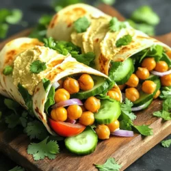 For this recipe, you need one can of chickpeas. Make sure to drain and rinse them well. This step removes extra salt and helps the spices stick. Chickpeas are a great source of protein and fiber. They make the wrap filling and hearty. You will use several spices to bring flavor. Gather these: - 1 tablespoon olive oil - 1 teaspoon smoked paprika - 1 teaspoon cumin - 1/2 teaspoon cayenne pepper (adjust to taste) - 1/2 teaspoon garlic powder - Salt to taste These spices add heat and depth to the chickpeas. Smoked paprika gives a nice, rich flavor. Cayenne pepper can be adjusted for your spice level. Next, you will need fresh veggies and wraps. Here’s what you need: - 4 whole wheat or spinach wraps - 1 cup mixed greens (spinach, arugula, etc.) - 1 small cucumber, thinly sliced - 1 large tomato, diced - 1/4 cup red onion, thinly sliced These fresh ingredients brighten the wrap. They provide crunch and color. The whole wheat or spinach wraps make it filling and healthy. Hummus is essential for flavor and creaminess. You can use: - 1/2 cup hummus (store-bought or homemade) Hummus adds moisture and pairs well with the spices. You can choose any flavor you like. You can even make your own for extra freshness. For the complete recipe, check the Full Recipe. First, I start by preheating my oven to 400°F (200°C). I take a can of chickpeas and drain it well. It’s important to rinse them under cold water. Then, I use a clean kitchen towel to pat them dry. This step helps the chickpeas get crispy later. Next, I grab a bowl and mix olive oil with smoked paprika, cumin, cayenne pepper, garlic powder, and salt. This spice mix gives the chickpeas a bold flavor. I add the dried chickpeas to the bowl and toss them until they are well coated. Now, I spread the seasoned chickpeas on a baking sheet in a single layer. I want to make sure they have space to roast evenly. I pop the pan in the oven and roast them for 25-30 minutes. Halfway through, I shake the pan to turn the chickpeas for even cooking. They should turn crispy and golden. While the chickpeas roast, I prepare the wraps. I lay out my whole wheat or spinach wraps on a clean surface. I spread a good tablespoon of hummus on each wrap. Hummus adds creaminess and richness! Then, I layer on mixed greens, sliced cucumber, diced tomato, and red onion. This mix adds crunch and freshness. Once the chickpeas are done, I let them cool a bit. I then add a portion of the crispy chickpeas to each wrap. I finish with a sprinkle of fresh cilantro or parsley for color and flavor. I roll up each wrap tightly, tucking in the sides as I go. When I finish, I slice each wrap in half. I love serving them on a wooden board, arranged nicely. A small bowl of extra hummus or my favorite dipping sauce makes the meal even better. For the full recipe, check out my detailed instructions! To get crispy chickpeas, start by patting them dry. This step helps remove extra moisture. If they are wet, they won’t crisp up well. Use a single layer on the baking sheet to allow even roasting. Shake the pan halfway through cooking. This ensures all sides get nice and crunchy. Wraps are fun because you can change them easily! Try different greens, like kale or romaine. You can swap out the cucumber for peppers or zucchini. For a twist, add some avocado or shredded carrots. You can even change the hummus flavor. Try spicy or roasted red pepper hummus for a new taste. Dips can add flavor and fun to your wraps. Hummus is a great choice, but you can try tzatziki or guacamole too. For a kick, serve with sriracha or a spicy yogurt sauce. These dips can make your meal even more special. You can also serve your wraps with a side of salad or veggie sticks for crunch. For the full recipe, check out the complete guide! {{image_2}} You can change the wraps to mix things up. Try using a gluten-free wrap if you need. A lettuce wrap adds a crisp bite and fewer carbs. Corn tortillas also work well, giving a fun twist. If you like more flavor, use flavored wraps like sun-dried tomato or spinach. Each option brings its own taste and texture. Want to add more protein? Grilled chicken or turkey slices are great choices. You can also use tofu or tempeh for a plant-based option. Add these proteins right on top of the chickpeas. This makes your wrap more filling and adds extra nutrients. Enhancing flavors is easy! Add a squeeze of lemon for a fresh zing. A drizzle of hot sauce can kick up the heat. You could also sprinkle feta cheese or olives for a Mediterranean vibe. Fresh herbs like basil or mint can brighten the dish. You can find more ideas in the Full Recipe section. Each enhancement gives your wrap a unique flair. Enjoy exploring different tastes! You can keep leftover wraps in the fridge. Wrap them tightly in plastic wrap or foil. This helps to keep them fresh. Store them in an airtight container for best results. They will last for about 2 to 3 days. To reheat the wraps, remove any cold veggies from inside. You don't want them to get mushy. Heat a skillet over medium heat. Place the wrap in the skillet for about 2 to 4 minutes on each side. This will make the wrap warm and slightly crispy again. You can also use the microwave for a quicker option. Heat for 30 seconds to 1 minute but be careful not to make them soggy. If you want to save wraps for later, freezing is a great option. First, wrap each one in plastic wrap. Then place them in a freezer bag. They can stay in the freezer for up to 3 months. When you’re ready to eat them, thaw them overnight in the fridge. Reheat as mentioned above. Enjoy your Spicy Roasted Chickpea Wraps at any time! Check the full recipe for more details. To make your wraps spicier, you can add more cayenne pepper. You can also mix in chili powder or hot sauce into the spice blend. If you enjoy fresh heat, try adding sliced jalapeños or a sprinkle of crushed red pepper flakes. These additions will give your wraps a nice kick without overpowering the other flavors. Yes, you can use other beans in place of chickpeas. Black beans or kidney beans work well. Just make sure to rinse and drain them, just like you do with chickpeas. The cooking time may change slightly, depending on the type of bean you choose. Each type of bean has its own taste and texture, which can add a fun twist to your wraps. If you don’t have hummus, you can use guacamole or tzatziki. Creamy avocado spread also works great. If you want something lighter, try a yogurt-based sauce. Each of these options brings a different flavor but keeps that creamy texture you want in your wraps. Spicy Roasted Chickpea Wraps last about three days in the fridge. Keep them in an airtight container to keep them fresh. If you notice any sogginess from the veggies, store the wraps and fillings separately. This way, you can enjoy them later without losing that delightful crunch. For the best taste, eat them within two days. You learned how to make tasty Spicy Roasted Chickpea Wraps. We discussed ingredients, like canned chickpeas and fresh veggies. I shared steps for prepping, roasting, and assembling the wraps. You now have tips for making them crispy and customizing to your taste. We explored fun variations, storage, and answered common questions. These wraps are easy, healthy, and packed with flavor. Try these ideas today and enjoy!